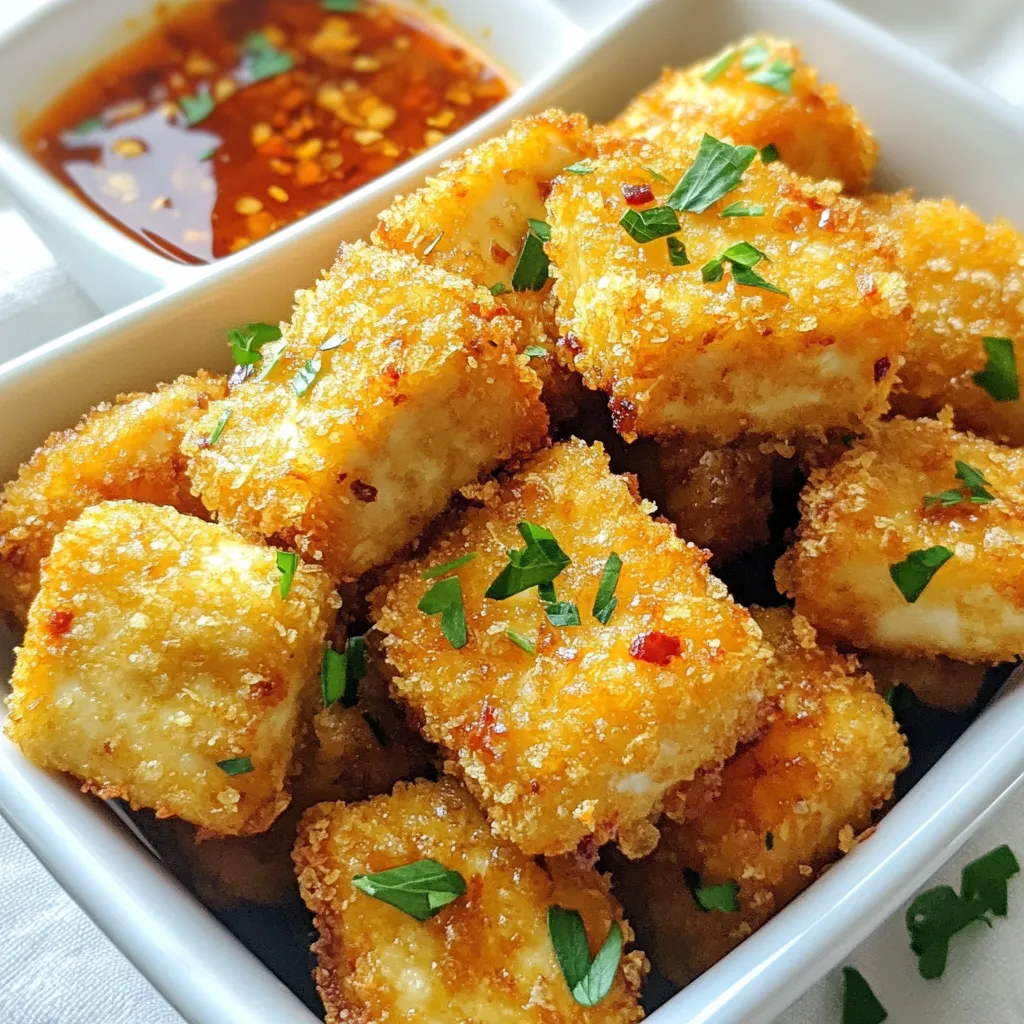 - 1 block (14 oz) firm tofu, drained and pressed - 1/2 cup cornstarch - 1 teaspoon garlic powder - 1 teaspoon onion powder - 1 teaspoon smoked paprika - 1/2 teaspoon salt - 1/4 teaspoon black pepper - 1/4 cup soy sauce - 2 tablespoons sesame oil (or vegetable oil) - 3 cloves garlic, minced - 2 tablespoons fresh parsley, chopped (for garnish) The main ingredients play a crucial role in making crispy garlic tofu nuggets. Firm tofu gives the nuggets their shape and texture. Cornstarch creates a crispy coating when cooked. Garlic powder and other spices add rich flavor. - Sweet chili sauce - Fresh parsley for garnish - Cooking oils You can use optional ingredients to enhance your dish. Sweet chili sauce adds a nice sweetness and heat. Fresh parsley gives a pop of color and freshness. Using different cooking oils, like sesame oil, can change the flavor too. These ingredients come together to make tasty, crunchy nuggets that everyone will love. You can mix and match sauces or herbs to suit your taste. Enjoy making them your own! {{ingredient_image_1}} Draining and pressing Start with one block of firm tofu. Drain the water from the package. Wrap the tofu in a clean kitchen towel. Place something heavy on top, like a cast-iron skillet. Let it sit for about 15 minutes. This step removes excess moisture and makes the tofu firm. Cutting into nuggets After pressing, slice the tofu into bite-sized cubes. You can make them bigger or smaller, depending on your preference. Aim for uniform pieces so they cook evenly. Mixing dry ingredients In a bowl, combine 1/2 cup of cornstarch, 1 teaspoon of garlic powder, 1 teaspoon of onion powder, 1 teaspoon of smoked paprika, 1/2 teaspoon of salt, and 1/4 teaspoon of black pepper. Mix well. This blend adds flavor and helps create a crispy crust. Tossing tofu in seasoning Take your tofu cubes and toss them in the dry mixture. Ensure each piece is fully coated. This step is key for flavor and texture. Use your hands or a spoon to make it even. Sautéing garlic In a pan over medium heat, add 2 tablespoons of sesame oil. Once the oil is hot, add 3 cloves of minced garlic. Sauté for about 1 minute until fragrant. Be careful not to let it burn, as burnt garlic can taste bitter. Frying tofu nuggets Add the coated tofu nuggets to the pan. Fry them for about 3 to 4 minutes, turning them until they are golden brown on all sides. You may need to fry in batches to avoid overcrowding. This helps achieve that crispy texture. Baking for crispiness After frying, transfer the nuggets to a baking sheet lined with parchment paper. Preheat your oven to 425°F (220°C) and bake them for 15 to 20 minutes. Flip the nuggets halfway through to ensure they crisp up evenly. Once done, they should be golden and crunchy. Enjoy your crispy garlic tofu nuggets with soy sauce and a sprinkle of fresh parsley! To achieve maximum crispiness, use firm tofu. Press it well to remove excess moisture. This step makes a big difference. After pressing, cut the tofu into bite-sized nuggets. Coat each piece well with the cornstarch mixture. Frying in small batches helps too. This keeps the oil hot, giving a better crunch. If you add too many nuggets at once, they steam instead of fry. For extra flavor, consider marinating the tofu. A simple mix of soy sauce and minced garlic works great. Let the tofu soak for at least 30 minutes. You can also explore other seasonings. Try adding chili powder for heat or lemon zest for brightness. Don't forget to taste as you go! For the best experience, serve the nuggets with dips. Sweet chili sauce is a fantastic choice. You can also try sriracha or a creamy garlic dip. Presentation is key too. Arrange the nuggets on a platter. Garnish with fresh parsley for a pop of color. This makes your dish as tasty to see as to eat! Pro Tips Press Tofu Well: Ensure you press the tofu for at least 30 minutes to remove excess moisture, leading to crispier nuggets. Coating Consistency: For an extra crispy texture, double coat the tofu by dipping it in the cornstarch mixture, then in a little water, and back into the mixture again. Use High Heat: Fry the tofu nuggets on medium-high heat to achieve a golden brown crust without overcooking the inside. Flavor Boost: Marinate the tofu in soy sauce and spices for 15-30 minutes before coating for an extra layer of flavor. {{image_2}} You can give your crispy garlic tofu nuggets a fun twist. For a spicy garlic version, add some red pepper flakes or chili powder to the dry mix. This adds heat and makes each bite exciting. Another great option is to infuse the tofu with lemongrass or ginger. Simply add minced lemongrass or grated ginger to the garlic when sautéing. This will create a fresh, bright flavor that pairs well with the garlic. If you want a healthier option, try air frying the tofu nuggets. Just coat them as usual and place them in an air fryer. Cook at 400°F for about 15 minutes. This method gives you a crisp outside without much oil. Grilling is another tasty option. Marinate the tofu nuggets in soy sauce and sesame oil. Then, grill them on medium heat. This adds a smoky flavor and nice grill marks that look great on your plate. These nuggets pair well with many plant-based sides. Try serving them with a fresh salad or steamed veggies. You can also add them to a grain bowl for a complete meal. When it comes to sauces, adjust them to meet dietary needs. Use tamari instead of soy sauce for a gluten-free option. You can also swap out sesame oil for olive oil if preferred. To keep your crispy garlic tofu nuggets fresh, store them in the fridge. Use an airtight container. This helps keep them from going soggy. Make sure they cool down before sealing. You can keep them for up to three days. If you want to enjoy them later, plan ahead. To keep your nuggets crispy when reheating, use an oven or an air fryer. Preheat the oven to 375°F (190°C). Place the nuggets on a baking tray. Heat them for about 10-15 minutes. If using an air fryer, set it to 350°F (175°C) and heat for 5-7 minutes. This way, you will revive their crunch. If you want to freeze your tofu nuggets, let them cool first. Place them in a single layer on a baking sheet. Freeze until solid, about 1-2 hours. Once frozen, transfer them to a freezer bag. They can last up to three months. To thaw, place them in the fridge overnight. Reheat as mentioned above for a tasty snack! How do I make tofu crispy? To make tofu crispy, start with firm tofu. Drain and press it to remove excess water. Then, cut it into bite-sized pieces. Coat the tofu in cornstarch and spices. Fry it in hot oil until golden, then bake for extra crunch. Can I use firm tofu for this recipe? Yes, firm tofu is perfect for this recipe. It holds its shape well and provides a nice texture. Silken or soft tofu may fall apart and won't give the same crunch. Is this recipe gluten-free? This recipe can be gluten-free if you use gluten-free soy sauce. Check the label to ensure it meets your needs. The other ingredients are naturally gluten-free. Nutritional information per serving Each serving contains approximately: - Calories: 180 - Protein: 10g - Carbohydrates: 15g - Fat: 9g - Fiber: 1g These values may vary based on your exact ingredients. What dishes pair well with crispy tofu nuggets? Crispy tofu nuggets go well with rice or noodles. They also pair nicely with fresh salads or steamed veggies. Try them with a side of stir-fried greens for a complete meal. Recommended dipping sauces For dipping, sweet chili sauce is a great choice. You can also use soy sauce, peanut sauce, or a spicy mayo. These sauces add extra flavor and make the nuggets even more enjoyable. This article shared how to make crispy tofu nuggets from firm tofu and spices. You learned about optional ingredients to enhance flavor, different cooking methods, and tips for achieving the perfect texture. Variations offer fun ways to change up the recipe, while storage info ensures your leftovers remain tasty. Finally, the FAQs answer common questions about nutrition and pairing. Enjoy making these nuggets and impressing your friends with your new cooking skills.