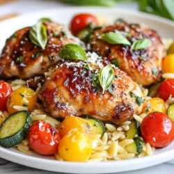 - 4 boneless, skinless chicken thighs - 1 cup orzo pasta - 1 cup cherry tomatoes, halved - 1 medium zucchini, diced The main ingredients of One Pan Balsamic Chicken Orzo create a balanced meal. Chicken thighs add protein and flavor. Orzo pasta serves as a hearty base. Fresh cherry tomatoes and zucchini provide color and nutrition. You can enjoy all these elements in one dish, making it easy and fun to serve. - 2 tablespoons olive oil - Salt and pepper to taste - 1 teaspoon garlic powder - 1 teaspoon dried oregano - 1/2 cup balsamic vinegar - 2 cups chicken broth Seasoning is key for flavor. Olive oil helps cook the chicken while adding richness. Garlic powder and oregano enhance the taste. Balsamic vinegar gives a tangy sweetness, balancing the savory notes. Chicken broth adds depth and moisture, ensuring the orzo cooks perfectly. Each ingredient plays a role in creating a delicious meal. - Fresh basil leaves for garnish - Grated Parmesan cheese (optional) Garnishes add a finishing touch. Fresh basil gives a pop of color and fresh flavor. Grated Parmesan cheese adds creaminess and saltiness. You can choose one or both for extra flair. These garnishes make your dish look beautiful and taste even better. {{ingredient_image_1}} Start by seasoning the chicken thighs. Use salt, pepper, garlic powder, and oregano. This mix adds great flavor. Next, heat olive oil in a large skillet over medium-high heat. Add the chicken thighs to the skillet. Cook them for 6-7 minutes on each side. You want them golden brown and fully cooked. To check doneness, make sure the inside is no longer pink. Once done, take them out and set them aside. For that perfect golden-brown skin, don’t rush the cooking. Let the chicken sizzle without moving it too much. Now, it’s time to cook the vegetables. Add the halved cherry tomatoes and diced zucchini to the same skillet. Sauté them for about 3-4 minutes. You want them to soften but still keep some crunch. This step adds bright colors and flavors to your dish. If you cook them too long, they can get mushy. Stir gently and keep an eye on the time. After you sauté the veggies, it’s time to toast the orzo. Stir in 1 cup of orzo pasta and let it toast for about a minute. This adds a nutty flavor. Next, pour in the balsamic vinegar and chicken broth. Mix everything well. Return the chicken thighs to the skillet and nestle them into the orzo. Bring the mixture to a gentle simmer, cover, and let it cook for 10-12 minutes. This allows the orzo to absorb most of the liquid. When it’s done, fluff the orzo with a fork. Garnish with fresh basil and Parmesan if you like. Enjoy this easy and tasty one-pan meal! To cook the orzo perfectly, watch the liquid. It should not be too dry or too soupy. Stir the orzo often to prevent it from sticking. You want it to be al dente, which means it should still have a slight bite. Taste it a minute before the time is up. If it’s not ready, give it another minute. For seasoning, start small. You can always add more salt or pepper. Taste as you go, especially with the balsamic vinegar. If you want a sweeter flavor, add a pinch of sugar. For more depth, try fresh herbs like thyme or rosemary. Using pre-prepared ingredients can save you a lot of time. Look for pre-chopped vegetables or rotisserie chicken. This way, you can skip some steps. This is great for busy weeknights. Meal prep is another smart way to save time. Cook a batch of the dish on the weekend. Store it in the fridge. You can enjoy it later in the week. Just reheat and add fresh basil for a bright touch. For this recipe, a large skillet works best. A non-stick skillet can help prevent sticking. This makes cleanup easier too. If you have a deep skillet, that’s even better. It gives more room for the orzo and chicken. Essential tools include a good spatula and a wooden spoon. They help stir the ingredients well. A sharp knife is key for cutting the chicken and veggies. Lastly, use a measuring cup for the orzo and liquids. This keeps your portions perfect. Pro Tips Use Fresh Herbs: Fresh basil can elevate the flavor of the dish. Add it at the end to preserve its vibrant taste. Monitor Orzo Cook Time: Orzo can quickly overcook. Check it a minute or two before the recommended time for perfect al dente texture. Chicken Thighs for Juiciness: Boneless, skinless chicken thighs are more forgiving than breasts and stay moist during cooking. Leftovers Make Great Lunch: This dish reheats well and can be stored in the fridge for a quick lunch option the next day. {{image_2}} You can easily swap out chicken thighs for other proteins. Boneless, skinless chicken breasts work well. They cook faster but may need more moisture to stay juicy. You can also use turkey thighs or even pork chops as tasty alternatives. For a vegetarian version, tofu is a great choice. Firm tofu holds up well and absorbs flavors nicely. You can also use hearty veggies like portobello mushrooms or eggplant. Just make sure to cook them until they are tender. Changing up the herbs and spices can add new layers of flavor. Try using fresh rosemary or thyme. You can also add a pinch of red pepper flakes for heat. If you want something sweet, consider adding honey or maple syrup to the balsamic vinegar. For a different sauce, try a lemon-garlic sauce. It adds a bright and fresh taste. You can also replace the balsamic vinegar with a red wine vinegar for a tangy twist. Seasonal vegetables can enhance this dish. In the spring, toss in asparagus or peas. In the fall, butternut squash or Brussels sprouts are tasty options. Adding leafy greens can boost your meal’s nutrition. Spinach or kale can be added just before serving. They wilt down quickly and add a nice color and texture. To store leftovers in the fridge, let the dish cool down first. Place the One Pan Balsamic Chicken Orzo in an airtight container. I recommend using glass containers. They help keep the food fresh. You can also use plastic containers if you prefer. The meal will stay good for about three to four days. For long-term storage, you can freeze the dish. Allow it to cool completely before freezing. Put the One Pan Balsamic Chicken Orzo in freezer-safe bags or containers. Make sure to squeeze out any extra air. This helps prevent freezer burn. To reheat, simply thaw it overnight in the fridge. Warm it on the stove or in the microwave. Add a splash of chicken broth to keep it moist. You can keep One Pan Balsamic Chicken Orzo in the fridge for about four days. In the freezer, it lasts for up to three months. Watch for signs of spoilage, such as off smells or changes in color. If it looks or smells odd, it’s best to throw it away. Yes, you can use brown rice in place of orzo. However, the cooking time will change. Brown rice takes longer to cook than orzo. For this recipe, you should add an extra 15 to 20 minutes to the cooking time. Use three cups of chicken broth instead of two. This extra liquid helps the brown rice cook well. To check if the chicken is fully cooked, use a meat thermometer. The internal temperature should reach 165°F (75°C). This ensures it's safe to eat. If you don't have a thermometer, cut into the chicken. The juices should run clear, and the meat should not be pink. Yes, you can prepare this dish ahead of time. Cook the chicken and orzo as normal, then store it in the fridge. When you're ready to eat, reheat it on the stove. Add a splash of chicken broth to keep it moist. This method keeps the flavors fresh and tasty. This blog post showed you how to make One Pan Balsamic Chicken Orzo. We covered key ingredients like chicken thighs, orzo pasta, and fresh veggies. You learned how to season and cook each part for great flavor. I shared tips on cooking and meal prep to save you time. You can also try different proteins, herbs, or seasonal veggies to mix it up. With the right storage, your leftovers can stay fresh. Enjoy making this dish, and feel free to experiment with it!
