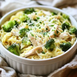 - 1 cup orzo pasta - 2 cups chicken broth - 1 cup cooked chicken, shredded - 1 cup broccoli florets - 1/2 cup heavy cream - 1/2 teaspoon garlic powder - 1/2 teaspoon onion powder - 1/4 teaspoon red pepper flakes (optional) - Salt and pepper to taste - 2 tablespoons olive oil - 1/4 cup grated Parmesan cheese - Fresh parsley for garnish In this recipe, we use simple, wholesome ingredients. The orzo pasta cooks quickly and gives a nice texture. The chicken broth adds depth to the dish and keeps it moist. Shredded chicken makes it hearty, while broccoli adds color and nutrition. The heavy cream turns this meal into a creamy delight. Garlic and onion powders boost flavor, and red pepper flakes add a hint of heat. You can adjust the salt and pepper to fit your taste. Olive oil helps sauté the broccoli and adds richness. Finally, grated Parmesan cheese gives a savory finish. Fresh parsley not only brightens the dish but also adds a fresh touch. Each ingredient plays a role in creating a tasty one-pot meal that is both comforting and satisfying. {{ingredient_image_1}} To start, grab a large pot. Pour in 2 cups of chicken broth and bring it to a boil. Once it bubbles, add 1 cup of orzo pasta. Cook the orzo according to the package directions. This usually takes about 8 to 10 minutes. You want the orzo to be tender but not mushy. While the orzo cooks, take a skillet and heat 2 tablespoons of olive oil over medium heat. Next, add 1 cup of broccoli florets. Sauté them for about 3 to 4 minutes. You want them to turn bright green and become slightly tender. Then, mix in 1 cup of shredded chicken. Stir it well so the chicken warms up. Once the orzo is cooked, drain it carefully. Add the drained orzo to the skillet with the chicken and broccoli. Now, pour in 1/2 cup of heavy cream. Sprinkle in 1/2 teaspoon of garlic powder, 1/2 teaspoon of onion powder, and 1/4 teaspoon of red pepper flakes if you like a little heat. Stir everything together until well combined. Let it simmer on low heat for 2 to 3 minutes. This helps the flavors meld together and makes the sauce creamy. Finally, season with salt and pepper to taste. Stir in 1/4 cup of grated Parmesan cheese until it melts and gives a rich flavor. Enjoy your meal! To thicken the sauce, let it simmer longer. The cream thickens as it cooks. You can also add extra cheese. Parmesan cheese melts well and adds great flavor. If you need substitutions, use low-fat milk instead of heavy cream. Coconut milk is a great dairy-free option. You can swap orzo for rice or quinoa if you prefer. Serve Creamy Chicken Broccoli Orzo in deep bowls. It looks great drizzled with cream and topped with extra cheese. Add fresh parsley on top for a pop of color. For a fun twist, serve it with garlic bread or a fresh salad. This adds crunch and balance to the meal. You can also use a sprinkle of red pepper flakes for a little heat. Pro Tips Perfectly Cooked Orzo: Be sure to stir the orzo occasionally while it cooks to prevent it from sticking together. Flavor Boost: For extra depth of flavor, consider adding a splash of white wine to the skillet when sautéing the broccoli. Make It Cheesy: Feel free to experiment with different types of cheese, such as mozzarella or gouda, to give the dish a unique twist. Storage Tips: This dish can be stored in an airtight container in the fridge for up to 3 days. Reheat gently on the stove with a splash of chicken broth to restore creaminess. {{image_2}} You can change the proteins in Creamy Chicken Broccoli Orzo easily. Shrimp adds a nice touch. Tofu is a great option for a plant-based meal. Both add unique flavors and textures. You can also mix in different veggies. Bell peppers give the dish a crunchy bite. Spinach adds color and nutrients. Feel free to use whatever veggies you love. Just remember to cook them until tender. Changing the cheese can bring new life to this meal. Try using sharp cheddar for a stronger taste. Cream cheese can make it extra rich and creamy. Each type of cheese brings its own fun flavor. Adding herbs and spices can enhance the taste. Fresh basil or thyme adds a bright note. A pinch of lemon zest can wake up the flavors. Don't be afraid to get creative with what you have at home. To store your Creamy Chicken Broccoli Orzo, let it cool first. Then, place it in an airtight container. This helps keep it fresh. You can store it in the fridge for up to three days. Be sure to label it with the date. If you want to keep it longer, freeze it for up to two months. Just remember, freezing may change the texture a bit. When reheating, you want to keep it creamy. The best way is to use a skillet. Add a splash of chicken broth or cream. Heat it over low heat, stirring gently. This helps maintain the rich texture. You can also use the microwave, but cover it to avoid drying out. Reheat in short bursts, stirring often. Enjoy your meal warm and creamy! What can I use instead of orzo? If you can't find orzo, try using small pasta like ditalini or acini di pepe. Rice or quinoa also works well if you want a gluten-free option. Just adjust cooking time based on what you choose. How can I make this recipe dairy-free? To make this dish dairy-free, swap heavy cream for coconut milk or a dairy-free cream. Use nutritional yeast instead of Parmesan cheese for a cheesy flavor without dairy. Can I prepare this dish in advance? Yes, you can make this dish ahead of time. Cook it, cool it, and store it in the fridge for up to three days. Reheat gently on the stove with a splash of broth or water to keep it creamy. What goes well with Creamy Chicken Broccoli Orzo? Serve this dish with a simple green salad or crusty bread. A light vinaigrette adds a fresh touch. You can also pair it with roasted vegetables for extra color and flavor. You learned how to make Creamy Chicken Broccoli Orzo with simple ingredients and steps. This dish is tasty and easy to customize. You can use different proteins or veggies for variety. Remember, storing leftovers correctly helps keep the flavors fresh. Enjoy this dish with your family or friends. Try the tips for a creamy texture and great presentation. You'll impress everyone at your dinner table. Happy cooking!