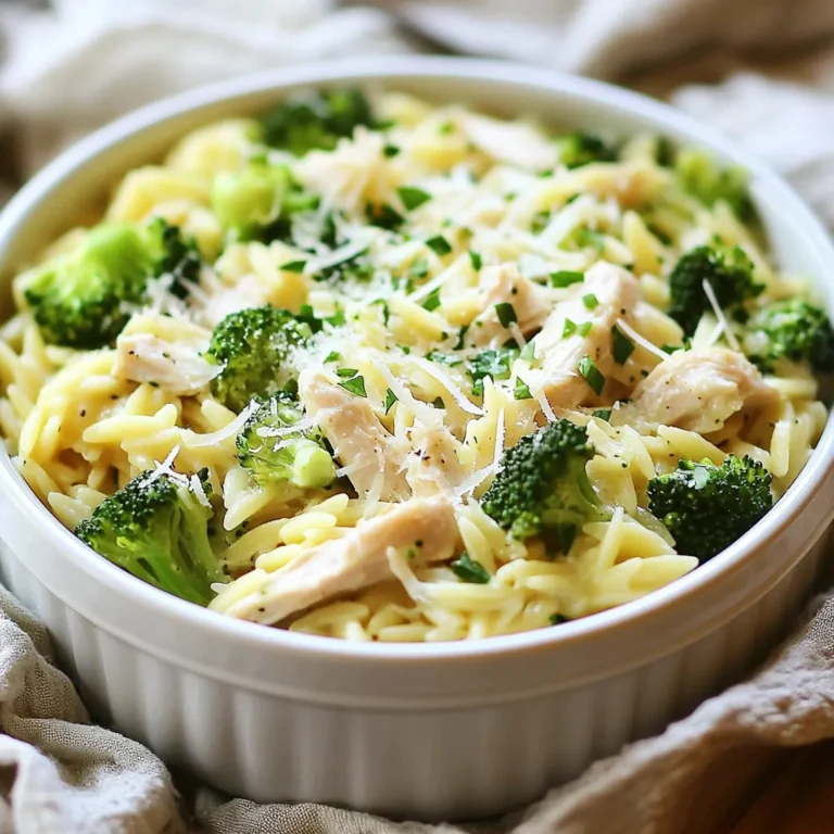 - 1 cup orzo pasta - 2 cups chicken broth - 1 cup cooked chicken, shredded - 1 cup broccoli florets - 1/2 cup heavy cream - 1/2 teaspoon garlic powder - 1/2 teaspoon onion powder - 1/4 teaspoon red pepper flakes (optional) - Salt and pepper to taste - 2 tablespoons olive oil - 1/4 cup grated Parmesan cheese - Fresh parsley for garnish In this recipe, we use simple, wholesome ingredients. The orzo pasta cooks quickly and gives a nice texture. The chicken broth adds depth to the dish and keeps it moist. Shredded chicken makes it hearty, while broccoli adds color and nutrition. The heavy cream turns this meal into a creamy delight. Garlic and onion powders boost flavor, and red pepper flakes add a hint of heat. You can adjust the salt and pepper to fit your taste. Olive oil helps sauté the broccoli and adds richness. Finally, grated Parmesan cheese gives a savory finish. Fresh parsley not only brightens the dish but also adds a fresh touch. Each ingredient plays a role in creating a tasty one-pot meal that is both comforting and satisfying. {{ingredient_image_1}} To start, grab a large pot. Pour in 2 cups of chicken broth and bring it to a boil. Once it bubbles, add 1 cup of orzo pasta. Cook the orzo according to the package directions. This usually takes about 8 to 10 minutes. You want the orzo to be tender but not mushy. While the orzo cooks, take a skillet and heat 2 tablespoons of olive oil over medium heat. Next, add 1 cup of broccoli florets. Sauté them for about 3 to 4 minutes. You want them to turn bright green and become slightly tender. Then, mix in 1 cup of shredded chicken. Stir it well so the chicken warms up. Once the orzo is cooked, drain it carefully. Add the drained orzo to the skillet with the chicken and broccoli. Now, pour in 1/2 cup of heavy cream. Sprinkle in 1/2 teaspoon of garlic powder, 1/2 teaspoon of onion powder, and 1/4 teaspoon of red pepper flakes if you like a little heat. Stir everything together until well combined. Let it simmer on low heat for 2 to 3 minutes. This helps the flavors meld together and makes the sauce creamy. Finally, season with salt and pepper to taste. Stir in 1/4 cup of grated Parmesan cheese until it melts and gives a rich flavor. Enjoy your meal! To thicken the sauce, let it simmer longer. The cream thickens as it cooks. You can also add extra cheese. Parmesan cheese melts well and adds great flavor. If you need substitutions, use low-fat milk instead of heavy cream. Coconut milk is a great dairy-free option. You can swap orzo for rice or quinoa if you prefer. Serve Creamy Chicken Broccoli Orzo in deep bowls. It looks great drizzled with cream and topped with extra cheese. Add fresh parsley on top for a pop of color. For a fun twist, serve it with garlic bread or a fresh salad. This adds crunch and balance to the meal. You can also use a sprinkle of red pepper flakes for a little heat. Pro Tips Perfectly Cooked Orzo: Be sure to stir the orzo occasionally while it cooks to prevent it from sticking together. Flavor Boost: For extra depth of flavor, consider adding a splash of white wine to the skillet when sautéing the broccoli. Make It Cheesy: Feel free to experiment with different types of cheese, such as mozzarella or gouda, to give the dish a unique twist. Storage Tips: This dish can be stored in an airtight container in the fridge for up to 3 days. Reheat gently on the stove with a splash of chicken broth to restore creaminess. {{image_2}} You can change the proteins in Creamy Chicken Broccoli Orzo easily. Shrimp adds a nice touch. Tofu is a great option for a plant-based meal. Both add unique flavors and textures. You can also mix in different veggies. Bell peppers give the dish a crunchy bite. Spinach adds color and nutrients. Feel free to use whatever veggies you love. Just remember to cook them until tender. Changing the cheese can bring new life to this meal. Try using sharp cheddar for a stronger taste. Cream cheese can make it extra rich and creamy. Each type of cheese brings its own fun flavor. Adding herbs and spices can enhance the taste. Fresh basil or thyme adds a bright note. A pinch of lemon zest can wake up the flavors. Don't be afraid to get creative with what you have at home. To store your Creamy Chicken Broccoli Orzo, let it cool first. Then, place it in an airtight container. This helps keep it fresh. You can store it in the fridge for up to three days. Be sure to label it with the date. If you want to keep it longer, freeze it for up to two months. Just remember, freezing may change the texture a bit. When reheating, you want to keep it creamy. The best way is to use a skillet. Add a splash of chicken broth or cream. Heat it over low heat, stirring gently. This helps maintain the rich texture. You can also use the microwave, but cover it to avoid drying out. Reheat in short bursts, stirring often. Enjoy your meal warm and creamy! What can I use instead of orzo? If you can't find orzo, try using small pasta like ditalini or acini di pepe. Rice or quinoa also works well if you want a gluten-free option. Just adjust cooking time based on what you choose. How can I make this recipe dairy-free? To make this dish dairy-free, swap heavy cream for coconut milk or a dairy-free cream. Use nutritional yeast instead of Parmesan cheese for a cheesy flavor without dairy. Can I prepare this dish in advance? Yes, you can make this dish ahead of time. Cook it, cool it, and store it in the fridge for up to three days. Reheat gently on the stove with a splash of broth or water to keep it creamy. What goes well with Creamy Chicken Broccoli Orzo? Serve this dish with a simple green salad or crusty bread. A light vinaigrette adds a fresh touch. You can also pair it with roasted vegetables for extra color and flavor. You learned how to make Creamy Chicken Broccoli Orzo with simple ingredients and steps. This dish is tasty and easy to customize. You can use different proteins or veggies for variety. Remember, storing leftovers correctly helps keep the flavors fresh. Enjoy this dish with your family or friends. Try the tips for a creamy texture and great presentation. You'll impress everyone at your dinner table. Happy cooking!