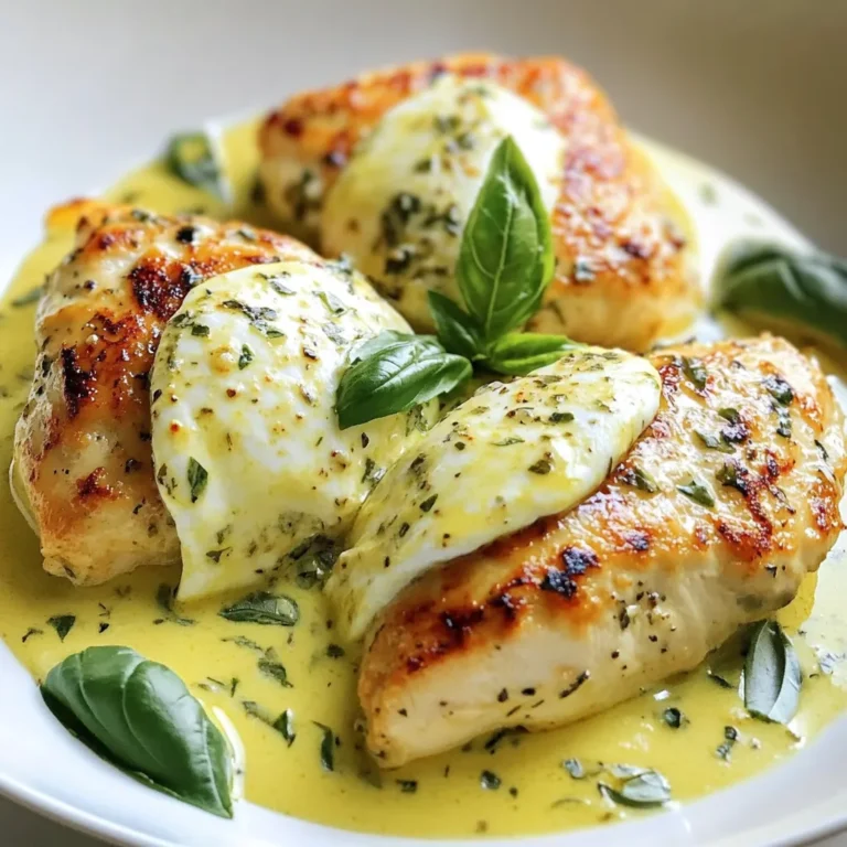 To make Mozzarella Chicken in Basil Cream, you need: - 4 boneless, skinless chicken breasts - 1 cup fresh mozzarella cheese, sliced - 1 cup heavy cream - 1/2 cup chicken broth - 2 tablespoons olive oil - 1 garlic clove, minced - 1 cup fresh basil leaves, chopped - Salt and pepper to taste - 1 teaspoon Italian seasoning - Fresh basil sprigs for garnish (optional) These ingredients work together to create a rich and creamy dish. The mozzarella adds a lovely melt and texture, while the basil brings freshness. You can make this dish even if you lack some ingredients. Here are some easy swaps: - Chicken breasts: Use thighs for more flavor and moisture. - Heavy cream: Substitute with half-and-half or coconut cream for a lighter option. - Chicken broth: Vegetable broth works great for a vegetarian version. - Fresh basil: Dried basil will do, but use less since it's stronger. - Olive oil: Any cooking oil can work, like canola or avocado oil. These substitutions help keep the dish flexible and accessible. Having the right tools makes cooking easier. Here’s what you need: - A large skillet for sautéing and simmering - A sharp knife for chopping and slicing - A cutting board for prep work - A baking dish or oven-safe skillet for baking - A meat thermometer to check chicken doneness These tools help ensure you get the best results with your Mozzarella Chicken in Basil Cream. Happy cooking! {{ingredient_image_1}} First, get all your ingredients ready. You need 4 boneless, skinless chicken breasts. Slice 1 cup of fresh mozzarella cheese. Measure 1 cup of heavy cream and 1/2 cup of chicken broth. Also, chop 1 cup of fresh basil leaves. Don’t forget to mince 1 garlic clove. Gather your salt, pepper, and 1 teaspoon of Italian seasoning. Start by preheating your oven to 375°F (190°C). Season the chicken breasts with salt, pepper, and Italian seasoning on both sides. Heat 2 tablespoons of olive oil in a large skillet over medium heat. Add the minced garlic and sauté for about 1 minute. Make sure it smells good but do not burn it. Carefully add the seasoned chicken breasts to the skillet. Cook each side for about 4-5 minutes until golden brown. They do not need to be fully cooked. Once done, take the chicken out and set it aside on a plate. In the same skillet, pour in the chicken broth and heavy cream. Stir them together and bring to a gentle simmer. Cook for about 3-4 minutes to thicken the sauce a bit. Stir in the chopped basil leaves and mix well. Next, return the chicken breasts to the skillet. Nestle them into that creamy sauce. Place slices of fresh mozzarella on top of each piece of chicken. Now, transfer the skillet to your preheated oven. Bake for 20-25 minutes. The chicken should reach an internal temperature of 165°F, and the cheese will be melted and bubbly. When done, remove it from the oven. Let it cool for a few minutes before serving. Enjoy your Mozzarella Chicken in Basil Cream! To make your chicken juicy, start with good seasoning. Season both sides well with salt, pepper, and Italian seasoning. This adds layers of flavor. Searing the chicken in olive oil is key. Cook it until golden brown, about 4-5 minutes each side. This locks in moisture and adds taste. After searing, don’t skip the simmering step. This will help the chicken soak up the rich cream sauce. If you have leftovers, let them cool first. Place the chicken in an airtight container. Make sure to cover the chicken with sauce to keep it moist. Store it in the fridge for up to three days. For longer storage, freeze it. Use a freezer-safe container and wrap it well. This keeps the flavors fresh for up to three months. To take your dish to the next level, add fresh herbs. Try parsley, thyme, or oregano for a new twist. You can also mix in some grated Parmesan cheese for a salty kick. If you like heat, add a pinch of red pepper flakes to the sauce. This adds warmth without overpowering the dish. Lastly, finish with a sprinkle of fresh basil before serving. It adds a bright, fresh touch that makes each bite pop! Pro Tips Use Fresh Ingredients: Always opt for fresh basil and high-quality mozzarella for the best flavor and creaminess. Perfectly Cooked Chicken: Ensure your chicken breasts are of even thickness to promote uniform cooking. Cheese Melting Tip: For an extra cheesy goodness, add more mozzarella on top during the last 5 minutes of baking. Let it Rest: After baking, allow the chicken to rest for a few minutes before serving to retain its juices. {{image_2}} To make this dish gluten-free, simply use certified gluten-free chicken broth. All other ingredients, like chicken, cream, and mozzarella, are naturally gluten-free. This small swap keeps the flavor while ensuring everyone can enjoy it. If you want a vegetarian version, use eggplant or portobello mushrooms instead of chicken. Slice them thick and sauté until tender. Replace chicken broth with vegetable broth, and follow the same cooking steps. You’ll get a rich, creamy dish that still feels indulgent. You can boost the flavor in many ways. Consider adding sun-dried tomatoes for a sweet, tangy kick. You can mix in sautéed spinach or kale for some greens. For a little heat, toss in red pepper flakes. Each addition brings new life to your Mozzarella Chicken in Basil Cream. After cooking, let the dish cool down a bit. Place any leftovers in an airtight container. Store it in the fridge. It will stay fresh for up to three days. Make sure to label the container with the date. This way, you remember when you made it. If you want to freeze the dish, it’s easy! Allow it to cool completely first. Then, use a freezer-safe container. You can also use heavy-duty freezer bags. Make sure to squeeze out the extra air. Label the bags with the date. Mozzarella Chicken in Basil Cream can last for up to three months in the freezer. To reheat, first, take it out of the fridge or freezer. If frozen, let it thaw in the fridge overnight. You can reheat it in a skillet over low heat. Stir it gently to avoid burning. For the oven, preheat it to 350°F (175°C). Cover the dish with foil to keep it moist. Heat for about 15-20 minutes until warm. Enjoy your leftovers just like the first time! Mozzarella Chicken in Basil Cream lasts about three to four days in the fridge. Store it in an airtight container. This helps keep the flavors fresh. If you want to enjoy it later, make sure it cools down first before putting it away. Yes, you can use dried basil. However, fresh basil gives a brighter taste. If you use dried, use about one-third of the amount. So, if the recipe calls for one cup of fresh basil, use about one-third cup of dried basil. Add it to the cream sauce early, so it has time to release its flavor. This dish pairs well with several sides. Here are some tasty options: - Rice: A fluffy white or brown rice works nicely. - Pasta: Serve it over cooked pasta for a hearty meal. - Veggies: Roasted or steamed vegetables add color and nutrients. - Salad: A fresh green salad adds crunch and balance. Choose any of these sides to make your meal complete and satisfying. This blog post covered the key steps for making delicious Mozzarella Chicken in Basil Cream. We discussed essential ingredients and handy substitutes. I shared tips for cooking juicy chicken and storing your leftovers. You learned about variations, like gluten-free options and vegetarian choices. In conclusion, cooking can be simple and fun. With these tips, you can enjoy tasty meals that suit everyone at your table. So, gather your ingredients, use the tools, and get creative in the kitchen!