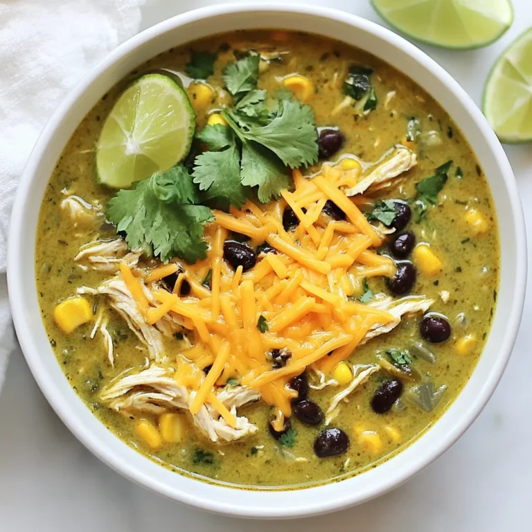 To make a warm bowl of green enchilada chicken soup, you need these key ingredients: - 2 tablespoons olive oil - 1 medium onion, diced - 3 cloves garlic, minced - 1 pound boneless, skinless chicken breasts - 4 cups chicken broth - 1 can (10 oz) green enchilada sauce - 1 can (15 oz) black beans, rinsed and drained - 1 cup corn kernels (fresh or frozen) - 1 cup diced tomatoes (canned or fresh) - 1 teaspoon ground cumin - 1 teaspoon chili powder - Salt and pepper to taste - 1 cup shredded cheese (cheddar or Monterey Jack) - Fresh cilantro for garnish - Lime wedges for serving Each ingredient adds its own flavor. The green enchilada sauce gives it a nice kick, while the chicken adds protein. You get a mix of textures with the beans and corn. You can customize your soup with these fun garnishes and add-ins: - Avocado slices for creaminess - Sour cream for a tangy touch - Jalapeños for extra heat - Tortilla strips for crunch These options let you play with flavors and textures. Adding lime juice brightens the soup, while avocado adds smoothness. If you are missing an ingredient, don’t worry! Here are some swaps you can use: - Use vegetable broth instead of chicken broth for a vegetarian option. - Swap chicken for shredded rotisserie chicken for quicker prep. - Use pinto beans instead of black beans for a different taste. - Substitute diced green chiles for green enchilada sauce if you want less spice. These substitutions keep the soup tasty and fun. You can make it work with what you have on hand! {{ingredient_image_1}} Start by heating 2 tablespoons of olive oil in a large pot over medium heat. When the oil is hot, add 1 diced onion. Cook the onion until it turns translucent, which takes about 5 minutes. Next, add 3 minced garlic cloves to the pot. Stir for about 1 minute, but watch it closely so it doesn’t burn. Now, it’s time to cook the chicken. Place 1 pound of boneless, skinless chicken breasts into the pot. Pour in 4 cups of chicken broth. Bring the mixture to a boil. Once it boils, lower the heat and let it simmer for 15 to 20 minutes. You want the chicken to be fully cooked. Once done, take the chicken out and use two forks to shred it into pieces. Set it aside for now. In the same pot, it’s time to add flavor. Pour in 1 can of green enchilada sauce and add 1 can of black beans that you have rinsed and drained. Next, toss in 1 cup of corn kernels and 1 cup of diced tomatoes, either canned or fresh. Add 1 teaspoon of ground cumin and 1 teaspoon of chili powder to spice things up. Don’t forget to add salt and pepper to taste. Stir everything well and let it simmer for 10 minutes. Finally, return the shredded chicken to the pot and mix it in. Allow the soup to simmer for 5 more minutes. This is when all the flavors come together beautifully. To boost the flavor in your green enchilada chicken soup, use fresh herbs. Cilantro adds a bright taste. You can also add a squeeze of lime juice for a zesty kick. If you love heat, include sliced jalapeños or a dash of hot sauce. Remember, the key is to layer flavors. Start with onion and garlic for a solid base. For tender chicken, poach it gently. After the soup simmers, take the chicken out. Shred it while it's still warm. This makes it easier. You can also grill the chicken for added flavor before adding it to the soup. Just remember to keep an eye on the cooking time so it doesn't dry out. This soup tastes even better the next day. Make it ahead and let the flavors meld. Store it in the fridge for up to three days. You can also freeze it for later. Just let it cool completely before packing it into freezer-safe containers. When you're ready to eat, thaw it in the fridge overnight and reheat on the stove. Pro Tips Use Rotisserie Chicken: This can save time and add extra flavor to your soup. Customize the Heat: Adjust the chili powder or add jalapeños for a spicier soup. Fresh Herbs Matter: Using fresh cilantro enhances the flavor significantly compared to dried. Serve with Tortilla Chips: Add crunch and texture by garnishing with crispy tortilla chips. {{image_2}} You can make a tasty vegetarian version of green enchilada soup. Simply swap the chicken for hearty vegetables like zucchini, bell peppers, and mushrooms. Use vegetable broth instead of chicken broth. This keeps the flavor rich while being meat-free. You can still add black beans and corn for protein. Top it off with the same cheese and cilantro for a fresh touch. If you love heat, try a spicy green enchilada chicken soup. Start by adding diced jalapeños or serrano peppers when you sauté the onions. You can also use a spicier green enchilada sauce. Another option is to sprinkle in some cayenne pepper or crushed red pepper flakes while simmering. This will crank up the heat, making each bite a fiery delight! For a creamy upgrade, mix in some cream or sour cream near the end of cooking. You can add about 1 cup of heavy cream or ½ cup of sour cream. This adds a rich texture and balances the spice of the soup. Stir it in just before serving for a velvety finish. This version pairs well with crispy tortilla strips on top! After you enjoy your green enchilada chicken soup, store any leftovers. Use an airtight container to keep the soup fresh. It will last in the fridge for about 3 to 4 days. Make sure to let the soup cool before sealing it. Label your container with the date to track how long it stays good. If you have more soup than you can eat, consider freezing it. Pour the cooled soup into freezer-safe containers. Leave some space at the top for expansion. This soup freezes well for up to 3 months. When you’re ready to eat, just thaw it in the fridge overnight. Reheat the soup on the stove for the best flavor. Pour it into a pot over medium heat. Stir it often to make sure it heats evenly. You can add a splash of chicken broth if the soup is too thick. If you’re in a hurry, use the microwave. Just heat it in short bursts, stirring in between. Enjoy your warm, hearty soup! Yes, you can use other meats. Turkey works well if you want a lighter option. You could also use shredded beef for a richer taste. Just ensure the meat is cooked through before adding it to the soup. I recommend cutting it into small pieces for even cooking. Adjust your cooking time based on the meat type you choose. To add heat, try these tips. First, include diced jalapeños while cooking the onions. You can also use a spicier green enchilada sauce. If you have hot sauce, drizzle it in before serving. Another option is adding crushed red pepper flakes to the pot. Start with a small amount and taste as you go. Pair this soup with simple sides for a great meal. Cornbread or tortilla chips make tasty choices. A fresh salad with lime dressing complements the soup well. For a heartier option, serve it with rice. You can also add a dollop of sour cream or guacamole for extra creaminess. This blog post showed you how to make Green Enchilada Chicken Soup. You learned about the key ingredients, how to prepare and cook the soup, and tips for better flavor. I shared fun variations and helpful storage tips too. Now, you have all the tools to make this dish your own. Experiment with flavors, add your favorite toppings, and enjoy every spoonful. This soup is not just a recipe; it’s a way to create warmth for family and friends. Happy cooking!