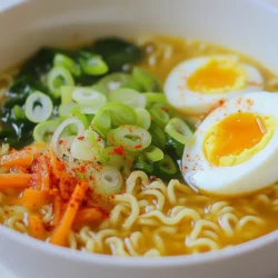 - 2 packets instant ramen noodles (discard flavor packets) - 4 cups vegetable broth - 4 cloves garlic, thinly sliced - 2 tablespoons chili paste (adjust for spice preference) - 1 tablespoon sesame oil - 1 teaspoon ginger, minced - 1 cup baby spinach - 1 carrot, julienned - 2 green onions, chopped - 1 tablespoon soy sauce - Salt to taste - 1 boiled egg for garnish - Red pepper flakes for extra heat - Large pot - Cooking utensils When it comes to making Minute Garlic Chili Ramen, having the right ingredients makes all the difference. I always start with instant ramen noodles. They cook fast, and you can skip the flavor packets. Instead, I use vegetable broth for a rich base. Garlic is a must for that punchy flavor, while chili paste adds the heat you crave. Don’t forget the sesame oil! It gives a nutty aroma that elevates the dish. I also include ginger for a little zing and fresh veggies like baby spinach and julienned carrots to pack in some nutrition. Green onions not only add flavor but also make the dish pretty. For those who love eggs, a boiled egg on top is a great choice. If you want more heat, sprinkle some red pepper flakes before serving. Grab a large pot and your cooking tools, and you’re all set to create a quick, tasty meal! {{ingredient_image_1}} 1. In a large pot, heat 1 tablespoon of sesame oil over medium heat. 2. Once the oil is hot, add 4 cloves of thinly sliced garlic. Sauté the garlic for about 2-3 minutes. You want it fragrant and slightly golden. 3. Next, stir in 1 teaspoon of minced ginger and 2 tablespoons of chili paste. Cook for another minute to blend the flavors well. 1. Pour in 4 cups of vegetable broth. Bring it to a gentle boil. 2. Add 1 julienned carrot and cook for 3-4 minutes. This softens the carrots a bit. 3. Now, add 2 packets of instant ramen noodles to the pot. Cook them according to the package instructions, usually around 3-4 minutes. 1. When the noodles are done, stir in 1 cup of baby spinach and 1 tablespoon of soy sauce. Cook for another minute until the spinach wilts. 2. Taste your dish and add salt if needed. For extra heat, sprinkle in red pepper flakes as desired. 3. Serve your ramen hot. Garnish with chopped green onions and a boiled egg, if you like. Enjoy your flavorful meal! You can make your ramen even tastier by adjusting the spice. Use chili paste to control heat. If you want it mild, start with less. You can always add more later. For a veggie boost, add more vegetables. Try bell peppers, mushrooms, or snap peas. These give flavor and nutrients. Different noodles need different cooking times. Instant ramen cooks fast, usually in 3-4 minutes. Other noodles may take longer. Check the package for details. If you have leftovers, store them right. Use an airtight container to keep them fresh. This way, you can enjoy your ramen later. How you serve your ramen matters. Use deep bowls for a nice look. They hold the broth well and keep it hot. Garnish with green onions and a boiled egg for a pop of color. A spoon and chopsticks make eating fun and easy. Pro Tips Adjust the Spice Level: Modify the amount of chili paste according to your heat tolerance; start with a smaller amount and gradually increase to find your perfect balance. Enhance Umami Flavor: Consider adding a splash of mirin or a few drops of fish sauce for a deeper umami flavor that complements the broth beautifully. Fresh Ingredients Matter: Use fresh garlic and ginger for more vibrant flavors; avoid pre-minced products for the best taste in your ramen. Garnish Creatively: Experiment with different toppings like sesame seeds, nori strips, or even sautéed mushrooms to elevate your ramen bowl. {{image_2}} You can add protein to make your Minute Garlic Chili Ramen heartier. Tofu is a great option for a vegetarian twist. It absorbs flavors well and adds a nice texture. Simply cube the tofu and sauté it with garlic before adding broth. If you prefer meat, chicken is an easy addition. Cook the chicken in the sesame oil first. Then, add garlic and continue with the recipe. This adds a rich taste and makes the dish more filling. Spice up your ramen with different flavors. Cumin adds a warm, earthy taste that pairs well with chili paste. Just add a teaspoon when you sauté garlic for a new twist. You can also use homemade chili oil. This will give your ramen a deep, rich flavor. Drizzle some on top before serving for a burst of heat and taste. If you need gluten-free options, look for gluten-free ramen noodles. They work just as well in this recipe. Make sure to check the broth too, as not all vegetable broths are gluten-free. For a vegan alternative, skip the boiled egg and use vegetable broth. This keeps the dish plant-based while still being delicious. You can also add more veggies to boost flavors and nutrients. After making your Minute Garlic Chili Ramen, you might have some leftovers. To store cooked ramen, let it cool first. Place the ramen in an airtight container. You can use glass or plastic containers. Make sure to store it in the fridge. It will stay good for about three days. Can you freeze leftover ramen? Yes, you can! Freezing ramen is a great option for long-term storage. First, separate the noodles from the broth. This keeps them from getting mushy. Place the noodles and broth in separate freezer bags. Squeeze out the air before sealing. This helps prevent freezer burn. Reheating ramen can be tricky. You want it to taste fresh. The best way to reheat is on the stove. Pour the broth into a pot and heat it gently. Add the noodles when the broth is warm. Stir them together until hot. If you want to use a microwave, place the ramen in a bowl. Cover it with a damp paper towel. Heat in short bursts, stirring in between. This method helps keep the texture nice. Enjoy your delicious ramen again! Making Minute Garlic Chili Ramen is quick and easy. The prep time is just 10 minutes. Cooking takes about 15 minutes. In total, you're looking at 25 minutes from start to finish. This means you can enjoy a warm bowl of ramen in no time! Absolutely! You can adjust the spice to your liking. Start with the 2 tablespoons of chili paste. If you want more heat, add more chili paste. You can also sprinkle red pepper flakes on top for an extra kick. You control the spice! There are many ways to reuse leftover broth. You can save it for another ramen dish later. Use it as a base for soups or stews. You can also cook grains like rice or quinoa in it. This adds flavor to your meals! You've learned how to make flavorful Minute Garlic Chili Ramen. We covered essential and optional ingredients, along with useful tools. I shared step-by-step instructions for a tasty ramen base. Tips on enhancing flavor and storing leftovers will improve your dish. You can experiment with proteins and spices for variety. Remember, customizing your ramen makes it your own. Now, enjoy your cooking and create a bowl that’s just right for you!