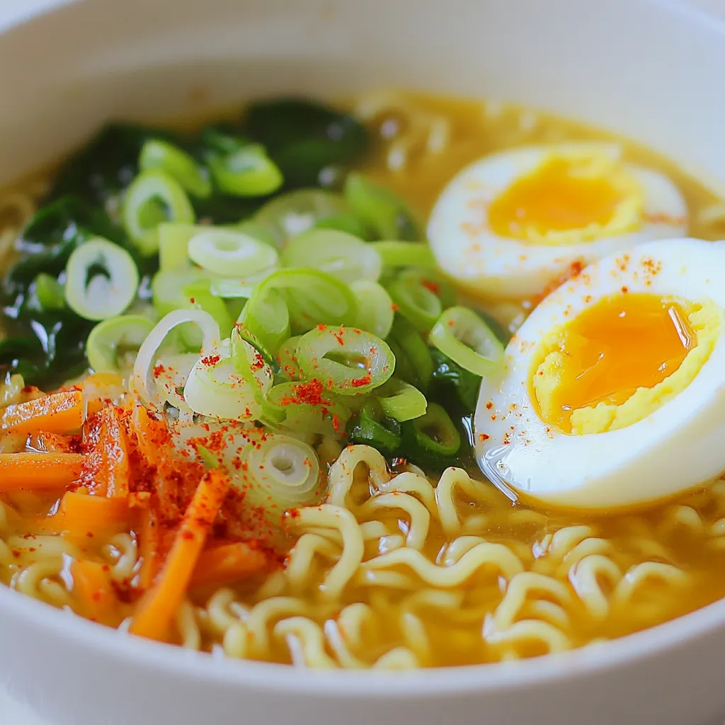 - 2 packets instant ramen noodles (discard flavor packets) - 4 cups vegetable broth - 4 cloves garlic, thinly sliced - 2 tablespoons chili paste (adjust for spice preference) - 1 tablespoon sesame oil - 1 teaspoon ginger, minced - 1 cup baby spinach - 1 carrot, julienned - 2 green onions, chopped - 1 tablespoon soy sauce - Salt to taste - 1 boiled egg for garnish - Red pepper flakes for extra heat - Large pot - Cooking utensils When it comes to making Minute Garlic Chili Ramen, having the right ingredients makes all the difference. I always start with instant ramen noodles. They cook fast, and you can skip the flavor packets. Instead, I use vegetable broth for a rich base. Garlic is a must for that punchy flavor, while chili paste adds the heat you crave. Don’t forget the sesame oil! It gives a nutty aroma that elevates the dish. I also include ginger for a little zing and fresh veggies like baby spinach and julienned carrots to pack in some nutrition. Green onions not only add flavor but also make the dish pretty. For those who love eggs, a boiled egg on top is a great choice. If you want more heat, sprinkle some red pepper flakes before serving. Grab a large pot and your cooking tools, and you’re all set to create a quick, tasty meal! {{ingredient_image_1}} 1. In a large pot, heat 1 tablespoon of sesame oil over medium heat. 2. Once the oil is hot, add 4 cloves of thinly sliced garlic. Sauté the garlic for about 2-3 minutes. You want it fragrant and slightly golden. 3. Next, stir in 1 teaspoon of minced ginger and 2 tablespoons of chili paste. Cook for another minute to blend the flavors well. 1. Pour in 4 cups of vegetable broth. Bring it to a gentle boil. 2. Add 1 julienned carrot and cook for 3-4 minutes. This softens the carrots a bit. 3. Now, add 2 packets of instant ramen noodles to the pot. Cook them according to the package instructions, usually around 3-4 minutes. 1. When the noodles are done, stir in 1 cup of baby spinach and 1 tablespoon of soy sauce. Cook for another minute until the spinach wilts. 2. Taste your dish and add salt if needed. For extra heat, sprinkle in red pepper flakes as desired. 3. Serve your ramen hot. Garnish with chopped green onions and a boiled egg, if you like. Enjoy your flavorful meal! You can make your ramen even tastier by adjusting the spice. Use chili paste to control heat. If you want it mild, start with less. You can always add more later. For a veggie boost, add more vegetables. Try bell peppers, mushrooms, or snap peas. These give flavor and nutrients. Different noodles need different cooking times. Instant ramen cooks fast, usually in 3-4 minutes. Other noodles may take longer. Check the package for details. If you have leftovers, store them right. Use an airtight container to keep them fresh. This way, you can enjoy your ramen later. How you serve your ramen matters. Use deep bowls for a nice look. They hold the broth well and keep it hot. Garnish with green onions and a boiled egg for a pop of color. A spoon and chopsticks make eating fun and easy. Pro Tips Adjust the Spice Level: Modify the amount of chili paste according to your heat tolerance; start with a smaller amount and gradually increase to find your perfect balance. Enhance Umami Flavor: Consider adding a splash of mirin or a few drops of fish sauce for a deeper umami flavor that complements the broth beautifully. Fresh Ingredients Matter: Use fresh garlic and ginger for more vibrant flavors; avoid pre-minced products for the best taste in your ramen. Garnish Creatively: Experiment with different toppings like sesame seeds, nori strips, or even sautéed mushrooms to elevate your ramen bowl. {{image_2}} You can add protein to make your Minute Garlic Chili Ramen heartier. Tofu is a great option for a vegetarian twist. It absorbs flavors well and adds a nice texture. Simply cube the tofu and sauté it with garlic before adding broth. If you prefer meat, chicken is an easy addition. Cook the chicken in the sesame oil first. Then, add garlic and continue with the recipe. This adds a rich taste and makes the dish more filling. Spice up your ramen with different flavors. Cumin adds a warm, earthy taste that pairs well with chili paste. Just add a teaspoon when you sauté garlic for a new twist. You can also use homemade chili oil. This will give your ramen a deep, rich flavor. Drizzle some on top before serving for a burst of heat and taste. If you need gluten-free options, look for gluten-free ramen noodles. They work just as well in this recipe. Make sure to check the broth too, as not all vegetable broths are gluten-free. For a vegan alternative, skip the boiled egg and use vegetable broth. This keeps the dish plant-based while still being delicious. You can also add more veggies to boost flavors and nutrients. After making your Minute Garlic Chili Ramen, you might have some leftovers. To store cooked ramen, let it cool first. Place the ramen in an airtight container. You can use glass or plastic containers. Make sure to store it in the fridge. It will stay good for about three days. Can you freeze leftover ramen? Yes, you can! Freezing ramen is a great option for long-term storage. First, separate the noodles from the broth. This keeps them from getting mushy. Place the noodles and broth in separate freezer bags. Squeeze out the air before sealing. This helps prevent freezer burn. Reheating ramen can be tricky. You want it to taste fresh. The best way to reheat is on the stove. Pour the broth into a pot and heat it gently. Add the noodles when the broth is warm. Stir them together until hot. If you want to use a microwave, place the ramen in a bowl. Cover it with a damp paper towel. Heat in short bursts, stirring in between. This method helps keep the texture nice. Enjoy your delicious ramen again! Making Minute Garlic Chili Ramen is quick and easy. The prep time is just 10 minutes. Cooking takes about 15 minutes. In total, you're looking at 25 minutes from start to finish. This means you can enjoy a warm bowl of ramen in no time! Absolutely! You can adjust the spice to your liking. Start with the 2 tablespoons of chili paste. If you want more heat, add more chili paste. You can also sprinkle red pepper flakes on top for an extra kick. You control the spice! There are many ways to reuse leftover broth. You can save it for another ramen dish later. Use it as a base for soups or stews. You can also cook grains like rice or quinoa in it. This adds flavor to your meals! You've learned how to make flavorful Minute Garlic Chili Ramen. We covered essential and optional ingredients, along with useful tools. I shared step-by-step instructions for a tasty ramen base. Tips on enhancing flavor and storing leftovers will improve your dish. You can experiment with proteins and spices for variety. Remember, customizing your ramen makes it your own. Now, enjoy your cooking and create a bowl that’s just right for you!