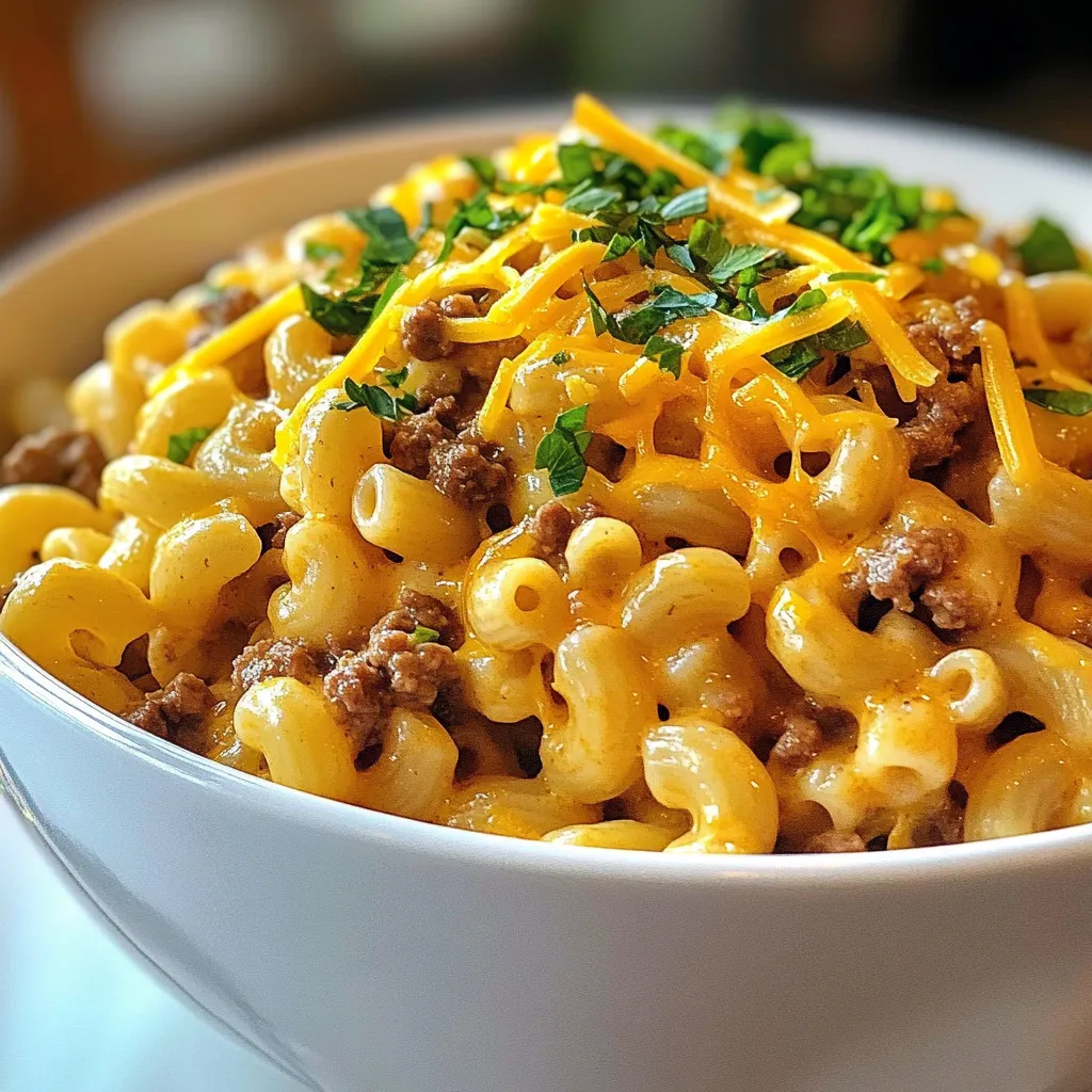 - 1 lb elbow macaroni - 1 lb ground beef - 1 small onion, finely chopped - 2 cloves garlic, minced - 3 cups beef broth - 1 cup milk - 2 cups shredded cheddar cheese - 1 tablespoon Worcestershire sauce - 1 teaspoon mustard powder - 1 teaspoon paprika - Salt and pepper to taste - Chopped parsley for garnish The main ingredient is elbow macaroni. It holds sauce well and cooks quickly. Ground beef gives a rich flavor and protein. Onion and garlic add depth and aroma to the dish. Beef broth keeps everything moist and tasty. Milk helps create a creamy texture. Cheddar cheese makes it cheesy and comforting. Worcestershire sauce adds a savory kick. Mustard powder and paprika enhance the overall taste. You can swap the ground beef for turkey or chicken for a lighter option. If you want a vegetarian dish, use plant-based meat or lentils. For dairy-free needs, try almond milk and vegan cheese. Ensure your beef broth is vegetable-based for a fully plant-based meal. If you need gluten-free, use gluten-free pasta and broth. Adjust these ingredients to fit your needs while keeping the core flavors intact. {{ingredient_image_1}} Start by heating a large pot over medium heat. Add 1 lb of ground beef. Cook it until the meat is brown and fully cooked. This should take about 5-7 minutes. Make sure to drain any excess fat. This step keeps the dish from being too greasy. Next, add 1 small chopped onion and 2 minced garlic cloves to the pot. Stir them in with the beef. Cook until the onion is clear, which takes about 3-4 minutes. This adds great flavor to your dish. The smell will fill your kitchen and make you hungry! Now, stir in 1 lb of elbow macaroni along with 3 cups of beef broth and 1 cup of milk. Add 1 tablespoon of Worcestershire sauce, 1 teaspoon of mustard powder, and 1 teaspoon of paprika. Don’t forget to season with salt and pepper. Bring everything to a boil, then lower the heat. Cover the pot and let it simmer for 8-10 minutes. Stir occasionally to keep the pasta from sticking. Once the macaroni is tender and most of the liquid is gone, take the pot off the heat. Finally, mix in 2 cups of shredded cheddar cheese until it melts and becomes creamy. Enjoy your hearty meal! To cook the best macaroni, start with great water. Use a large pot filled with water. Add a good amount of salt to the water. This salt adds flavor to the pasta. Bring the water to a boil before adding the macaroni. Stir often to prevent sticking. Cook until the macaroni is al dente. This means it should be soft yet firm. If you cook it too long, it can turn mushy. Drain the macaroni and rinse it quickly with cold water. This helps stop the cooking process. Seasoning is key to great flavor. Start with salt and pepper; both are essential. Next, add Worcestershire sauce. This gives a rich, savory note. Mustard powder adds a nice tang. Paprika brings a hint of smokiness. Taste as you go to adjust the flavors. If you want more depth, add herbs like thyme or oregano. Fresh herbs can also brighten the dish. Don't forget to taste before serving. Adjust as needed for a perfect finish. To melt cheese smoothly, begin with shredded cheese. Shredded cheese melts better than blocks. After cooking the pasta, remove the pot from heat. Slowly stir in the cheese while the pot is warm. This helps the cheese melt evenly. If the cheese clumps, add a splash of milk. This keeps the texture creamy. Stir until you see no lumps. If you want a richer taste, try mixing different cheeses. A blend of cheddar and mozzarella gives a great flavor and texture. Pro Tips Cook Pasta Al Dente: For the best texture, cook your macaroni al dente. It will continue to cook slightly after you remove it from the heat, ensuring it doesn't become mushy. Enhance Flavor with Cheese: Experiment with different types of cheese such as Gruyère or Monterey Jack for a unique flavor profile in your macaroni. Use Fresh Herbs: Fresh herbs like thyme or basil can elevate the dish's flavor. Add them at the end for a fresh burst of taste. Leftover Ideas: This dish makes excellent leftovers! Store in an airtight container and reheat with a splash of milk to regain creaminess. {{image_2}} You can easily make this dish vegetarian. Just swap the ground beef for a plant-based meat alternative. Look for products made from soy or pea protein. They cook similarly and soak up flavors well. You still get a hearty meal without the meat. Trust me, it tastes great! Want to boost the nutrition? Add extra veggies! You can toss in spinach, bell peppers, or even peas. Just chop them small. Sauté them with the onion and garlic for a few minutes. This gives your meal more color and flavor. Kids often enjoy it more with these added veggies. If you like some heat, add spices! Try a pinch of cayenne pepper or crushed red pepper flakes. You can also mix in hot sauce when serving. This adds a fun kick to your dish. Adjust the heat to your taste. Everyone can enjoy their own level of spice! To store leftovers, let the macaroni cool first. Place it in an airtight container. You can keep it in the fridge for up to three days. Make sure you seal the container well to keep it fresh. This way, you can enjoy this tasty dish later. When reheating, add a splash of milk. This helps bring back the creamy texture. Heat it in a pot over low heat. Stir it often to avoid burning. You can also use a microwave. Just cover it with a microwave-safe lid or wrap. Heat in 30-second bursts, stirring in between. To freeze, use a freezer-safe container. It’s best to divide the dish into portion sizes. This makes it easier to thaw later. You can freeze it for up to three months. When you’re ready to eat, thaw it in the fridge overnight. Reheat it using the tips above. Enjoy your hearty meal anytime! Yes, you can! You can swap elbow macaroni for penne, shells, or rotini. Each pasta shape holds the sauce well. Just make sure to adjust the cooking time based on the shape you choose. You can use chicken broth or vegetable broth as a substitute. Both options add flavor without changing the dish too much. If you want a richer taste, try using bouillon cubes or stock. To make this dish gluten-free, use gluten-free pasta. Many brands offer great options that cook well. Ensure the broth you use is also gluten-free. Most broth brands have gluten-free choices. Yes, you can prepare it in advance! Cook the dish as directed, then let it cool. Store it in the fridge for up to three days. Reheat it on the stove with a splash of milk for creaminess. Absolutely! Kids love the cheesy flavor and fun pasta shapes. You can even let them help with stirring. It’s a great way to get them involved in cooking, making mealtime fun. We covered everything you need for a delicious pasta dish. You learned about key ingredients, how to prepare them, and easy replacements for different diets. I shared steps for cooking ground beef, veggies, and pasta perfectly. You now have tips for tender macaroni and smooth cheese. Plus, you discovered tasty variations and proper storage methods. With these tips, you can make a dish that suits your taste and your needs. Enjoy your cooking adventure!