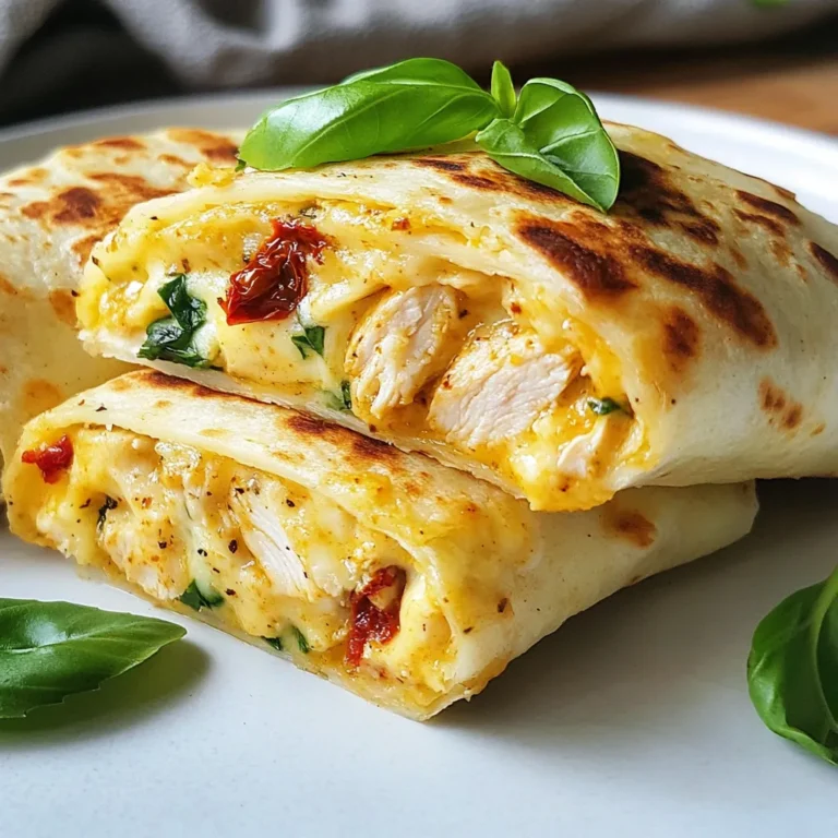 To make Air Fryer Chicken Mozzarella Wraps, you'll need a few simple items. Here’s the list of ingredients: - 2 cups cooked and shredded chicken breast - 1 cup mozzarella cheese, shredded - 1/2 cup fresh spinach, chopped - 1/4 cup sun-dried tomatoes, finely chopped - 1 teaspoon Italian seasoning - 4 large tortilla wraps - 2 tablespoons olive oil - Salt and pepper to taste These ingredients come together to create a delicious meal. The cooked chicken gives the wraps a hearty base. Mozzarella cheese adds creaminess and flavor. Fresh spinach brings in a nice crunch. Sun-dried tomatoes provide a burst of sweetness. Italian seasoning ties all the flavors together. Tortilla wraps hold everything in, making them easy to eat. Olive oil helps the wraps crisp up nicely in the air fryer. Finally, salt and pepper balance the taste. Gather these items, and you’re ready to create something tasty! {{ingredient_image_1}} Start by gathering your ingredients. In a mixing bowl, add the cooked, shredded chicken. Then, toss in the mozzarella cheese. Next, add the chopped spinach and sun-dried tomatoes. Sprinkle in the Italian seasoning, salt, and pepper. Mix everything well until it is combined. This mixture gives the wraps their delicious flavor. Now, lay out your tortilla wraps on a clean surface. Divide the chicken and cheese mixture evenly between the tortillas. Place the filling in the center of each wrap. Fold the sides of the tortilla inward. Then, roll it up tightly from the bottom. Make sure it is secure so the filling stays inside. It’s time to cook! First, brush or spray the outside of each wrap with olive oil. This helps them get nice and crispy. Preheat your air fryer to 375°F (190°C). Place the wraps in the air fryer basket in a single layer. Avoid overcrowding the basket. Cook for 8 to 10 minutes. Flip the wraps halfway through to ensure even cooking. You will know they are ready when they look golden brown and crispy. Once done, let them cool slightly before slicing in half. Enjoy your tasty chicken mozzarella wraps! To get those wraps nice and crispy, use olive oil. Brush or spray it on the outside of each wrap. This step helps create a golden crust in the air fryer. Preheat your air fryer to 375°F (190°C) before cooking. Do not overcrowd the basket; space them out for even cooking. Flip halfway through for that perfect crunch. Shredding chicken is easy if you use the right tools. A stand mixer with a paddle attachment works great. Just toss in the cooked chicken and mix on low. If you prefer, you can use two forks to shred it by hand. Aim for small, even pieces, so they mix well with other ingredients. This ensures every bite is full of flavor. To elevate your wraps, think outside the box with spices. Add garlic powder or paprika for extra flavor. You can also mix in some crushed red pepper for heat. Fresh herbs like basil or parsley can brighten the dish. Don’t forget to taste your mixture before wrapping. Adjust salt and pepper to your liking for a well-seasoned filling. Pro Tips Perfectly Shredded Chicken: Ensure your chicken is shredded finely for an even distribution of flavor throughout the wraps. Choosing the Right Tortilla: Opt for larger tortillas to hold all the filling. Whole wheat tortillas add a nice flavor and texture. Air Fryer Tips: Don't overcrowd the air fryer basket. Cooking in batches ensures that each wrap gets crispy without steaming. Experiment with Fillings: Feel free to substitute or add ingredients like bell peppers or different cheeses to customize your wraps to your taste. {{image_2}} You can switch up the fillings in your wraps for fun. Try using cooked turkey or beef instead of chicken. Add roasted red peppers, mushrooms, or even avocados for a creamy texture. For a spicy kick, include jalapeños or hot sauce. You can also swap mozzarella for other cheeses like cheddar or pepper jack. These changes give you new tastes and textures to enjoy. If you need gluten-free options, look for gluten-free tortilla wraps. Many stores sell these now. You can also use lettuce leaves for a low-carb choice. This keeps your wraps fresh and crunchy. If you like a bit of crunch, try pita bread or flatbreads. Each option can change the feel and taste of your meal. You can easily modify the seasoning to match your taste. If you prefer a bolder flavor, add more Italian seasoning or some garlic powder. For a sweeter note, a pinch of sugar can balance the dish. If you enjoy spicy food, try adding red pepper flakes or chili powder. Adjusting the seasoning lets you make this recipe your own. To store leftover chicken mozzarella wraps, let them cool first. Then, place them in an airtight container. You can keep them in the fridge for about three days. Make sure to layer parchment paper between wraps to avoid sticking. This keeps them fresh and tasty. For the best reheating results, use your air fryer. Set it to 350°F (175°C). Place the wraps in the basket for about 5 minutes. This helps them regain their crispiness. You can also use a microwave, but they might become soft. If using the microwave, heat them for 30 seconds at a time until warm. To freeze your wraps, wrap each one tightly in plastic wrap. Then, place them in a freezer bag. They will stay good for up to three months. When ready to eat, thaw in the fridge overnight. After thawing, reheat in the air fryer for that crispy finish. No, using raw chicken is not safe for this recipe. Cooked and shredded chicken helps avoid foodborne illness. You can use leftover chicken or rotisserie chicken to save time. You can use provolone or gouda as tasty substitutes for mozzarella. Cheddar also works well but has a stronger flavor. Choose a cheese that melts nicely for the best results. The wraps are done when they turn golden brown and crispy. Check them at 8 minutes and flip halfway through cooking. If they look crisp and feel hot, they are ready to eat! Yes, you can prep the wraps ahead of time. Assemble them and store in the fridge for up to 24 hours. Just cook them fresh in the air fryer when you're ready to eat. Marinara sauce is a classic choice for dipping. You can also try ranch or garlic aioli for a twist. Honey mustard adds a sweet touch too. Enjoy experimenting with your favorite flavors! You learned how to make tasty chicken mozzarella wraps. We covered the ingredients needed and step-by-step cooking tips. Perfectly crispy wraps come from the right techniques. You can also customize these wraps with your favorite fillings. Store your leftovers well for later. Remember, making wraps is fun and easy. Try new flavors and enjoy this simple dish!