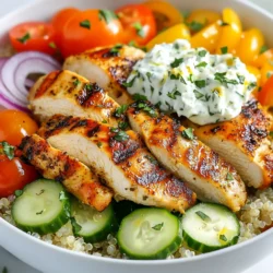 - 1 lb boneless skinless chicken thighs - 3 tablespoons olive oil - 2 teaspoons dried oregano - 1 teaspoon garlic powder - 1 teaspoon onion powder - 1/2 teaspoon paprika - Salt and pepper to taste - 1 cup cooked quinoa or rice - 1 cup cherry tomatoes, halved - 1 cucumber, diced - 1/2 red onion, thinly sliced - 1/2 cup feta cheese, crumbled - Fresh parsley, chopped (for garnish) - 1 cup tzatziki sauce (store-bought or homemade) In this dish, I use chicken thighs for their rich flavor and juicy texture. The marinade is key; it combines olive oil, oregano, garlic powder, onion powder, paprika, salt, and pepper. This mix gives the chicken a tasty kick. For the base, I often choose quinoa or rice. Both are hearty and fill you up nicely. Fresh veggies like cherry tomatoes, cucumber, and red onion add color and crunch. Don’t forget the feta cheese! It brings a salty creaminess that ties everything together. Finally, I love to drizzle tzatziki sauce on top. It adds a cool, creamy finish that makes each bite special. Garnish with fresh parsley, and you have a bowl full of flavor! {{ingredient_image_1}} First, you need to create the marinade. In a medium bowl, mix together 3 tablespoons of olive oil, 2 teaspoons of dried oregano, 1 teaspoon of garlic powder, 1 teaspoon of onion powder, and 1/2 teaspoon of paprika. Add salt and pepper to taste. This mix gives great flavor to the chicken. Next, take 1 pound of boneless skinless chicken thighs and place them in the bowl. Make sure each piece is well-coated in the marinade. Cover the bowl and let it marinate for at least 30 minutes. If you have time, let it sit in the fridge for up to 2 hours. This will deepen the flavors. Now, it's time to cook the chicken. Preheat your grill or skillet over medium-high heat. If you are grilling, make sure the grates are clean and lightly oiled. Cook the marinated chicken thighs for about 6 to 8 minutes on each side. You want them to be golden brown and fully cooked. After cooking, remove the chicken from the heat. Let it rest for about 5 minutes before slicing. Resting is key. It keeps the chicken juicy and flavorful. While the chicken rests, prepare your bowls. Start with a base of 1 cup of cooked quinoa or rice. This gives the dish a hearty feel. Next, add fresh ingredients. Top the quinoa or rice with 1 cup of halved cherry tomatoes, 1 diced cucumber, and 1/2 thinly sliced red onion. Once the chicken has rested, slice it into strips. Arrange the chicken on top of the fresh ingredients in each bowl. Finally, finish the bowls with 1/2 cup of crumbled feta cheese and a generous dollop of 1 cup of tzatziki sauce. For a pop of color, sprinkle freshly chopped parsley on top. Remember, presentation matters! To get the best flavor, marinate the chicken. In a bowl, mix olive oil, oregano, garlic powder, onion powder, paprika, salt, and pepper. Place the chicken thighs in the bowl and coat them well. Cover the bowl and let it sit for at least 30 minutes. For even more flavor, marinate for up to 2 hours in the fridge. This step makes a big difference in taste! Cook the chicken until it is juicy and fully cooked. Preheat your grill or skillet over medium-high heat. Place the marinated chicken thighs on the grill and cook for about 6-8 minutes on each side. Check if the chicken is golden brown and fully cooked. Let it rest for 5 minutes before slicing. Resting helps keep the chicken moist. Make your bowls look great! Start with a base of quinoa or rice. Layer on halved cherry tomatoes, diced cucumber, and sliced red onion. After slicing the chicken, arrange it on top. Crumble feta cheese over the bowls and add tzatziki sauce. For a pop of color, sprinkle paprika over the tzatziki. Garnish with freshly chopped parsley. Serve in deep bowls to keep everything contained. Add lemon wedges for a fresh touch! Pro Tips Marinate Longer for Flavor: Allowing the chicken to marinate for longer than 30 minutes, ideally up to 2 hours, enhances the flavor and tenderness of the meat. Use a Meat Thermometer: To ensure perfectly cooked chicken, use a meat thermometer. The internal temperature should reach 165°F (75°C). Customize Your Toppings: Feel free to add or substitute your favorite vegetables and toppings, like bell peppers or olives, to make the dish your own. Serve with Pita Chips: For added crunch, serve your gyro bowls with homemade or store-bought pita chips on the side. {{image_2}} You can switch up the protein in your gyro bowls. Instead of chicken thighs, try using chicken breasts for a leaner option. If you want a plant-based choice, opt for chickpeas or marinated tofu. Both options give great flavor and texture. You can also use beef or lamb if you prefer red meat. Just adjust cooking times based on what you choose. While tzatziki is a classic, other sauces can work well too. Try a spicy harissa yogurt for some heat. A lemon herb vinaigrette adds a fresh zing. You could even use a creamy avocado dressing for a rich twist. Each sauce changes the flavor and makes the bowls unique. Feel free to mix and match until you find your favorite. Quinoa and rice are great bases, but don’t stop there. Couscous is a quick-cooking grain that pairs well with the other flavors. You might also try farro for a nutty taste. If you want something lighter, use a salad mix or spinach as a base. Each option allows you to create a different vibe for your gyro bowls. Experiment and see what you love best! To keep your Greek Chicken Gyro Bowls fresh, store any leftovers in an airtight container. This helps prevent moisture loss and keeps flavors intact. Place the bowls in the fridge within two hours of cooking. They will stay fresh for up to three days. When ready to eat, just grab a bowl and enjoy! You can freeze the cooked chicken and any extra toppings separately. Allow the chicken to cool before placing it in a freezer-safe bag. It can stay in the freezer for up to three months. If you freeze the grain base, use a separate bag for that too. Quinoa or rice can also freeze well, but try to eat them within a month for the best taste. To reheat your gyro bowls, use the microwave or a skillet. If using a microwave, heat in short bursts. This keeps the chicken moist. If using a skillet, add a splash of water and cover it. Heat over low heat until warmed through. This method helps maintain the chicken's flavor and texture while warming the grains and veggies. Enjoy your meal just as fresh as the first time! You can use chicken breast if you prefer. Chicken breast is leaner and cooks faster. You can also try turkey thighs for a different flavor. For a plant-based option, use chickpeas or tofu. Both options soak up flavors well and add protein. Yes, you can prepare the gyro bowls ahead of time. Cook the chicken and cool it before storing. Keep the chicken in an airtight container in the fridge for up to three days. You can also prepare grains and veggies in advance. Store everything separately to keep them fresh. When you are ready to eat, just assemble the bowls. Making tzatziki sauce is simple. You need: - 1 cup Greek yogurt - 1 cucumber, grated and drained - 2 cloves garlic, minced - 1 tablespoon olive oil - 1 tablespoon lemon juice - Salt to taste Mix all the ingredients in a bowl. Taste and adjust the salt. Chill the sauce for at least 30 minutes. This lets the flavors blend and taste even better. You learned how to make delicious gyro bowls with chicken and fresh ingredients. We covered marinating, cooking methods, and assembling tips. Don’t forget about variations like using different proteins or grains. Proper storage keeps your leftovers fresh for later. Have fun trying out new ideas and flavors. Make these bowls yours. Enjoy tasty, healthy meals that make everyone happy!