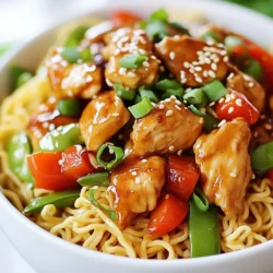 To make Sticky Garlic Chicken Noodles, you need a mix of tasty ingredients. Here’s what you will need: - 400g chicken breast, thinly sliced - 200g egg noodles - 4 tablespoons soy sauce - 2 tablespoons honey - 4 cloves garlic, minced - 1 tablespoon freshly grated ginger - 1 tablespoon olive oil - 1 tablespoon sesame oil - 1 red bell pepper, thinly sliced - 1 cup snap peas or green beans - 3 green onions, chopped - Sesame seeds for garnish - Salt and pepper to taste Each ingredient plays a key role in making this dish shine. The chicken breast adds protein and heartiness. The egg noodles give you a chewy base that soaks up flavors well. The marinade is where the magic begins. Soy sauce brings saltiness, while honey adds a touch of sweetness. Garlic and ginger bring warmth and depth. Use fresh ginger for the best taste. Cooking oils are equally important. Olive oil helps sauté the chicken, while sesame oil adds a nutty finish. Don’t forget the vegetables! Red bell pepper adds color and sweetness. Snap peas or green beans add crunch and freshness. Garnishes like green onions and sesame seeds add a nice touch. They make your dish look great and taste even better. Now that you know the ingredients, you’re ready to create a flavorful meal! {{ingredient_image_1}} To cook the noodles, first, grab a large pot. Fill it with water and bring it to a boil. This step is key for cooking the noodles just right. Once the water is bubbling, add 200g of egg noodles. Cook them according to the package instructions, usually about 4-6 minutes. You want them al dente, so check them a minute early. Once cooked, drain the noodles and set them aside. Now, let's marinate the chicken. In a bowl, mix 400g of thinly sliced chicken breast with 2 tablespoons of soy sauce, 2 tablespoons of honey, 4 cloves of minced garlic, and 1 tablespoon of freshly grated ginger. This mix adds a lot of flavor. Let the chicken marinate for at least 15 minutes. This time helps the chicken soak up all those tasty notes. Next, heat 1 tablespoon of olive oil in a large skillet over medium-high heat. Once hot, add the marinated chicken along with the marinade. Cook for about 5-7 minutes. Stir often to ensure even cooking. You want the chicken to be fully cooked and slightly caramelized. This caramelization adds depth to the dish. After the chicken is cooked, it's time to add some color. Toss in the thinly sliced red bell pepper and 1 cup of snap peas or green beans. Stir-fry these veggies for about 3-5 minutes. You want them to be tender but still crisp. This keeps the dish fresh and vibrant. Now, it's time to bring everything together. Add the cooked noodles back into the skillet. Pour in the remaining 2 tablespoons of soy sauce and 1 tablespoon of sesame oil. Toss everything together until the noodles and veggies are evenly coated in the sauce. This step is crucial for full flavor. To finish, taste the dish and adjust the flavor with salt and pepper. This is your chance to make it perfect. Finally, garnish with chopped green onions and sprinkle with sesame seeds. This adds a nice touch and completes your Sticky Garlic Chicken Noodles. Enjoy your meal! To make your Sticky Garlic Chicken Noodles even better, consider adding spices like red pepper flakes. This small change gives a nice kick. You can also try adding a splash of rice vinegar for tang. Adjusting the sweetness is easy too. If you want it sweeter, add more honey. Just a teaspoon makes a big difference. For the best results, use a non-stick skillet or a wok. These help prevent sticking and make it easier to stir. When cooking the chicken, cut it thinly to ensure it cooks quickly. Sauté it on medium-high heat for a tender bite. Make sure the chicken is cooked through and caramelized for the best flavor. Serve your Sticky Garlic Chicken Noodles with a side of steamed broccoli or a fresh salad. Both options add color and crunch. For drinks, try a light iced tea or sparkling water. This dish is great for family dinners or casual get-togethers. It’s simple yet impressive, perfect for any occasion. Pro Tips Marinate Longer for More Flavor: For the best flavor, consider marinating the chicken for at least 30 minutes or even overnight. This allows the garlic and ginger to penetrate the meat more deeply. Use Fresh Ingredients: Fresh garlic and ginger will enhance the dish's flavor significantly compared to dried or powdered versions. Always opt for fresh when possible. Adjust for Spice: If you enjoy a bit of heat, add some red pepper flakes or sliced fresh chili to the pan while cooking. This will give your dish an extra kick! Perfectly Cooked Noodles: Be sure to rinse the cooked noodles under cold water after draining. This will stop the cooking process and prevent them from becoming mushy. {{image_2}} You can switch the chicken for many other proteins. Tofu works well for a vegetarian option. Shrimp is another great choice for seafood lovers. For tofu, use firm or extra-firm varieties. Cut it into cubes and pan-fry until golden. For shrimp, cook them just until they turn pink. This usually takes about 3-4 minutes. Adjust cooking times based on the protein you choose. Feel free to change up the vegetables based on what you have. Broccoli, carrots, or zucchini can all fit nicely in this dish. Using seasonal veggies can enhance the flavor and nutrition. For example, fresh asparagus in spring or squash in fall can add unique tastes. This way, you enjoy the best produce while keeping the dish fresh. Want some heat? Adding chili flakes or Sriracha can spice things up! A little goes a long way, so start small. You can also try spicier sauces like a spicy sesame oil or a chili garlic sauce. Just mix it in with the sauce for an extra kick. Adjust the heat to match your taste and keep it fun! To store leftovers, cool them to room temperature first. Place the Sticky Garlic Chicken Noodles in an airtight container. This keeps the flavors fresh. Store them in the fridge for up to three days. If they smell off or look strange, it's best to toss them. You can freeze this dish for later enjoyment. Let the noodles cool completely before freezing. Use a freezer-safe container or bag to store them. Squeeze out as much air as possible. This helps prevent freezer burn. When you’re ready to eat, thaw the noodles in the fridge overnight. To reheat, you can use the microwave or stovetop. For stovetop, add a splash of water to a pan. Heat on low until warmed through. To reheat without drying out, add a little water or broth. Cover the pan to trap steam. Aim for a gentle heat to warm the dish evenly. The ideal temperature for reheating is 165°F (74°C). Use a food thermometer to check. This ensures your meal is safe to eat. Enjoy your tasty leftovers! Yes, you can use other noodles. Options include rice noodles or udon noodles. Cooking times may change. Rice noodles usually need about 5 minutes. Udon noodles take around 8-10 minutes. Always check the package for specific instructions. Absolutely! To make it gluten-free, substitute regular soy sauce with tamari or coconut aminos. Use gluten-free noodles like rice or quinoa noodles. This way, you keep all the flavors without gluten. To make this dish vegetarian, swap the chicken for tofu or tempeh. Use extra firm tofu for the best texture. You can also add more veggies like mushrooms or broccoli for protein and flavor. Just sauté them until tender. Store leftovers in an airtight container. They last up to three days in the fridge. For longer storage, you can freeze them. Just make sure to cool them first. When reheating, add a splash of water to keep them moist. This dish takes about 20 minutes to prep and 15 minutes to cook. Overall, you can have a tasty meal ready in about 35 minutes. It’s quick and perfect for busy nights! Sticky Garlic Chicken Noodles are delicious and simple to make. You learned about the key ingredients, step-by-step cooking methods, and helpful tips. Remember, marinating the chicken well adds great flavor. You can switch proteins and veggies based on what you have. Always store leftovers properly to enjoy later. These noodles are perfect for any occasion. Now, it's time to cook and enjoy your meal!