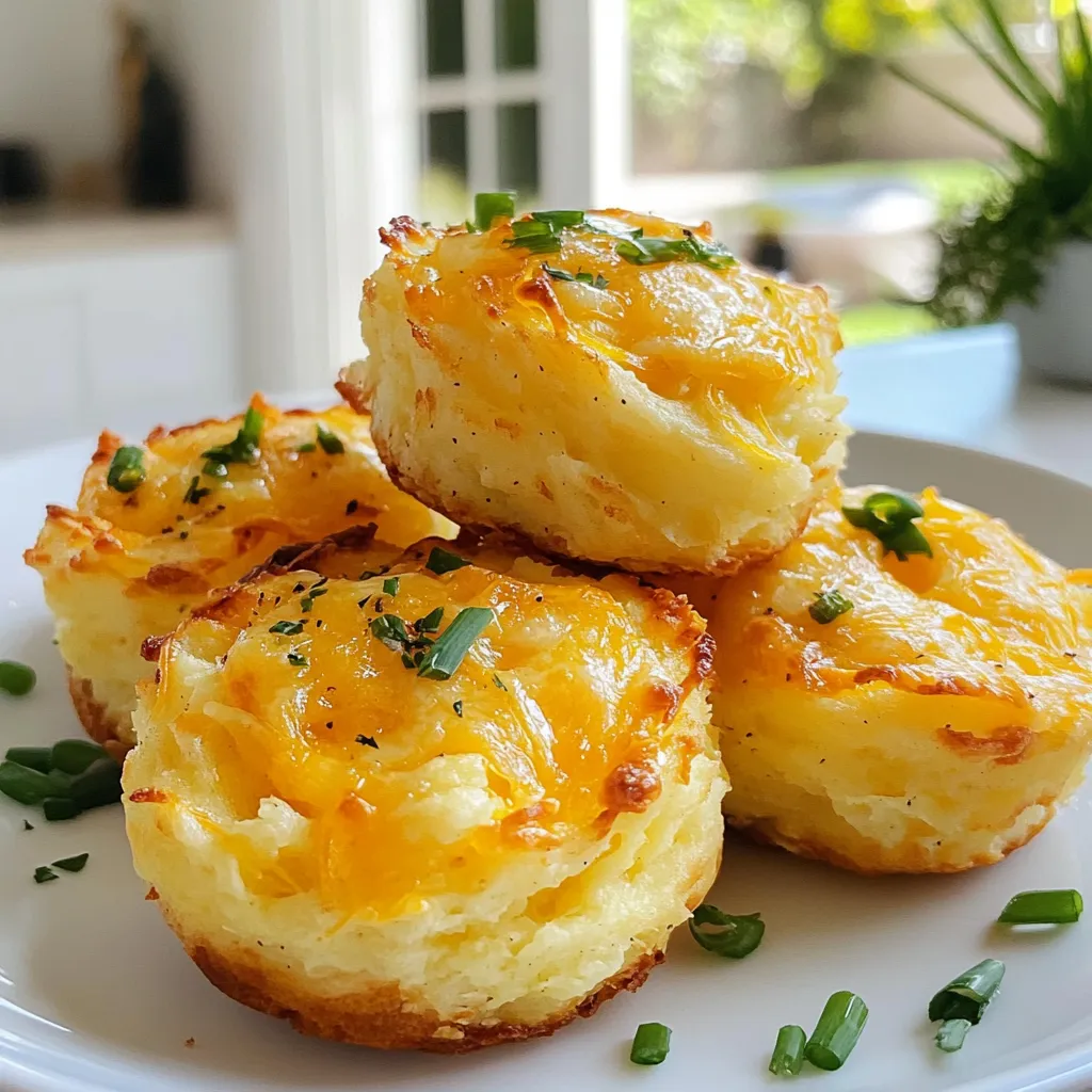 To make Cheesy Mashed Potato Puffs, you need simple, easy-to-find ingredients. Here’s what you’ll need: - 2 cups mashed potatoes - 1 cup shredded cheddar cheese - 1/2 cup grated Parmesan cheese - 1/4 cup green onions, finely chopped - 1/4 cup sour cream - 1 large egg - 1/2 cup breadcrumbs - Salt and pepper to taste - Cooking spray or oil for greasing These ingredients work together to create a tasty snack. The mashed potatoes give a smooth base. The cheese adds a rich flavor. Green onions bring a fresh crunch. Sour cream makes the puffs creamy. The egg helps to bind everything together. Breadcrumbs give a nice crispy coating. Adjust the salt and pepper to your liking. These ingredients ensure each bite is delicious and satisfying. You can find most of these items in your kitchen or at your local store. Let’s get cooking! {{ingredient_image_1}} - Preheat the oven to 400°F (200°C). - In a large bowl, combine 2 cups of mashed potatoes, 1 cup of shredded cheddar cheese, 1/2 cup of grated Parmesan cheese, 1/4 cup of chopped green onions, 1/4 cup of sour cream, and 1 large egg. Mix the ingredients well until they blend smoothly. - Season the potato mixture with salt and pepper to taste. This adds great flavor to your puffs. - Using a spoon, scoop out the mixture. Roll it into small balls, about the size of a golf ball. - Roll each ball in 1/2 cup of breadcrumbs. This gives the puffs a nice, crispy outside. - Arrange the coated potato puffs on a greased baking sheet. Make sure to leave space between each puff. - Lightly spray the tops of the puffs with cooking spray or drizzle them with a bit of oil. This helps them crisp up while baking. - Bake in the preheated oven for 20-25 minutes. Look for a golden brown color and a crispy texture on the outside. - Once they are done, remove them from the oven. Let them cool for a couple of minutes before enjoying. To get that perfect crunch, coat the puffs well with breadcrumbs. After forming each ball, roll it in breadcrumbs until fully covered. This step is key! For an extra crispy bite, consider using panko breadcrumbs. They add a light and airy texture. If you want alternatives to oil, try using melted butter or a light spray of cooking spray. Both work great for making the outside crispy. You can also brush the tops with olive oil before baking. To take the flavor up a notch, add spices or herbs. Garlic powder, paprika, or fresh herbs like parsley can really enhance the taste. Mix in a teaspoon of your favorite seasoning into the potato mixture. When serving these puffs, think about dips that pair well. Ranch dressing is a classic choice, but marinara sauce or spicy aioli also work wonders. These dips add a fun twist to your snacking experience. Pro Tips Use Leftover Mashed Potatoes: These puffs are a great way to utilize leftover mashed potatoes, saving you time and reducing food waste. Experiment with Cheese: Feel free to mix different types of cheese, such as mozzarella or gouda, for a unique flavor twist. Add Veggies: Enhance the nutritional value by incorporating finely chopped vegetables like spinach or bell peppers into the mixture. Freezing for Later: You can freeze the uncooked puffs; just bake them directly from the freezer, adding a few extra minutes to the cooking time. {{image_2}} You can change the cheese to create new tastes. Try using mozzarella for a stretchy bite. Goat cheese adds a tangy twist. Blend in some pepper jack for a spicy kick. Add-ins can also make these puffs special. Crumbled bacon brings a savory crunch. You can mix in cooked broccoli or spinach for a veggie boost. This makes the puffs colorful and healthy. Make these puffs fit your diet. For gluten-free options, swap regular breadcrumbs with gluten-free ones. Crushed rice cereal works well too. If you want a vegetarian snack, omit the bacon. You can add more veggies or mushrooms instead. This keeps the flavor while making it meat-free. To keep your cheesy mashed potato puffs fresh, store them in an airtight container. Place a piece of parchment paper between layers to avoid sticking. Refrigerate them for up to three days. When you want to enjoy them again, reheat in the oven. Set your oven to 350°F (175°C) and bake for about 10-15 minutes. This method helps maintain their crispy texture. You can freeze these puffs either before or after baking. If freezing before baking, shape and coat the puffs, then place them on a baking sheet. Freeze until solid, then transfer to a freezer bag. For freezing after baking, let them cool completely, then follow the same steps. To thaw, place them in the fridge overnight. Reheat in the oven as mentioned earlier. This keeps them delicious and crispy! How long do Cheesy Mashed Potato Puffs last? Cheesy Mashed Potato Puffs last for about three days in the fridge. Store them in an airtight container. This keeps them fresh and tasty. Can I make these puffs ahead of time? Yes, you can make them ahead. Prepare the mixture and shape the puffs. Then, cover and refrigerate for up to 24 hours. Bake them when you’re ready to eat. What are the best sides to serve with them? These puffs pair well with many sides. Try a simple salad, roasted veggies, or a bowl of soup. They also taste great with dips like ranch or marinara. Can I use instant mashed potatoes? Yes, you can use instant mashed potatoes. Just prepare them according to the package instructions. They will still taste good, but fresh mashed potatoes add more flavor. What if I don’t have sour cream? If you don’t have sour cream, use plain yogurt instead. It gives a similar creaminess. You can also use cream cheese for a rich taste. This blog post shared a simple recipe for Cheesy Mashed Potato Puffs. We covered the ingredients, preparation steps, and baking instructions to create a tasty snack. I also provided tips for achieving a crispy texture, flavor boosts, and variations to meet dietary needs. In conclusion, these puffs are a fun and versatile dish. You can serve them at parties or enjoy them as a quick treat. Try different flavors and toppings to make them your own. Enjoy baking these delightful snacks!
