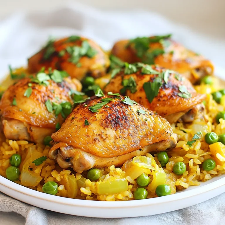 To make One-Pot Chicken and Rice, you will need these key items: - 4 boneless, skinless chicken thighs - 1 cup long-grain rice - 2 cups chicken broth - 1 medium onion, diced - 2 garlic cloves, minced - 1 bell pepper, diced (red or yellow) - 1 cup frozen peas - 1 teaspoon smoked paprika - ½ teaspoon turmeric - ½ teaspoon cumin - 1 tablespoon olive oil - Salt and pepper to taste - Fresh parsley for garnish These ingredients work together to create a tasty and filling dish. When choosing your ingredients, aim for freshness. Look for bright bell peppers and firm chicken thighs. Fresh herbs, if you use them, should smell strong and look vibrant. For the rice, long-grain works best for this dish. It cooks evenly and stays fluffy. The quality of chicken broth matters, too. If you can, use low-sodium broth. This way, you can control the saltiness of your meal. If you have dietary needs, don't worry! You can make swaps easily. Try using skinless chicken breasts if you prefer white meat. For a vegetarian option, replace chicken with chickpeas or tofu. You can switch long-grain rice for brown rice, but keep in mind it may need more cooking time. If you're avoiding gluten, make sure your broth is gluten-free. These swaps let you enjoy this dish while meeting your needs. {{ingredient_image_1}} 1. Start by heating 1 tablespoon of olive oil in a large pot over medium heat. This helps the chicken cook evenly. 2. Take 4 boneless, skinless chicken thighs and season them with salt, pepper, smoked paprika, turmeric, and cumin. Use your hands to coat them well. 3. Add the chicken to the pot. Sear each side for about 4 to 5 minutes. You want a nice brown color. After browning, remove the chicken and set it aside. 4. In the same pot, add 1 medium diced onion and 1 diced bell pepper. Cook them for about 3 to 4 minutes until the onion turns clear. 5. Next, stir in 2 minced garlic cloves and cook for another minute. This step makes your kitchen smell great! 6. Now, add 1 cup of long-grain rice to the pot. Toast the rice lightly for 2 minutes while stirring. This adds flavor to the rice. 7. Pour in 2 cups of chicken broth. Then, add 1 cup of frozen peas. Stir everything together well. 8. Place the seared chicken thighs back into the pot. Make sure to nestle them into the rice mixture. 9. Bring the pot to a gentle boil. Once boiling, reduce the heat to low, cover the pot, and let it simmer for about 20 minutes. The rice should be soft, and the chicken tender. 10. After 20 minutes, take the pot off the heat. Let it sit covered for 5 minutes. This allows the flavors to blend. 11. Finally, fluff the rice with a fork and garnish with fresh parsley before serving. While I can’t provide visual aids directly, I suggest looking for videos online that show the cooking process. Videos can help you see how the chicken should look when browned and how to combine the ingredients properly. Watching someone else cook can give you a better sense of timing and technique. - Rice is too hard: If your rice is hard, it may need more liquid. Add a little more broth or water, cover it, and let it cook longer. - Chicken is dry: Make sure not to overcook the chicken. Remove it as soon as it’s browned and cooked through. - Too salty: If your dish tastes too salty, add more unsalted broth or water to balance the flavor. - Not enough flavor: If you want more flavor, consider adding more spices or herbs. Fresh herbs at the end can brighten the dish. These steps will lead you to a delicious one-pot chicken and rice meal! To make your One-Pot Chicken and Rice pop with taste, spices are key. Use smoked paprika for a warm, smoky flavor. Turmeric adds a bright color and health boost. Cumin gives a nice earthy taste. Combine these spices before seasoning the chicken. This method ensures each bite is full of flavor. Don't be afraid to adjust the amounts. You can make it mild or spicy based on your taste. The right rice texture can make or break your dish. Use long-grain rice for fluffy results. Toast the rice in the pot before adding broth. This step brings out a nutty flavor and helps keep the grains separate. When you add the chicken broth, ensure it’s at a gentle boil. Once you cover the pot, keep the heat low. This helps the rice absorb moisture without becoming mushy. Want to speed up your cooking? Here are some simple hacks. Chop your veggies ahead of time and store them in the fridge. This way, you save precious minutes when cooking. Using frozen peas? No need to thaw them first; just toss them in. They’ll heat up quickly while the rice cooks. Also, consider using a one-pot meal to cut down on cleanup. Less time washing dishes means more time enjoying your meal! Pro Tips Use Bone-In Chicken: Bone-in chicken thighs can add more flavor to your dish as they cook, making the broth richer. Toast the Rice: Toasting the rice for a couple of minutes before adding the broth enhances its nutty flavor and gives a nice texture. Add Fresh Herbs: For a burst of freshness, consider adding chopped fresh herbs like cilantro or basil just before serving. Check for Doneness: Ensure both the chicken and rice are fully cooked; if the chicken is undercooked, let it simmer a bit longer. {{image_2}} One-Pot Chicken and Rice is a great dish for adding veggies. You can sneak in healthy greens and boost nutrition. I often add carrots, spinach, or zucchini. These add color and taste. Simply chop them up and toss them in after sautéing the onion and bell pepper. This small change makes your meal more filling and fun. Herbs and spices can change the whole dish. I love using fresh herbs like thyme or rosemary. They add a bright taste to the chicken and rice. If you want something bolder, try adding cayenne for heat or curry powder for warmth. Mix and match your favorite spices to find the right flavor for you. Each blend gives a new twist to this classic meal. While chicken is a star in this dish, you can use other proteins too. Swap chicken for shrimp or even tofu for a veggie option. Just adjust the cooking times. For shrimp, add them in the last few minutes. Tofu should be added with the rice to soak up the flavors. This flexibility lets you create a meal that fits your taste and dietary needs. To keep your One-Pot Chicken and Rice fresh, let it cool first. Use an airtight container for storage. This helps keep out air and moisture. Store it in the fridge for up to three days. Always label it with the date. This way, you know when it’s best to eat. When reheating, use the stove or microwave. For the stove, add a splash of water. Heat it on low until warm. Stir often to avoid burning. If using a microwave, cover it with a lid or microwave-safe wrap. Heat in short bursts, stirring in between. This ensures even heating and keeps the rice from drying out. You can freeze One-Pot Chicken and Rice for up to three months. Make sure it’s in a freezer-safe container. Leave some room for expansion. To thaw, place it in the fridge overnight. You can also use the microwave for quick thawing, but be careful. Once thawed, reheat it as mentioned before. One-Pot Chicken and Rice lasts about 3 to 4 days in the fridge. Store it in an airtight container to keep it fresh. Always check for a change in smell or color before eating leftovers. To enjoy the meal longer, consider freezing it. Yes, you can use brown rice instead of white rice. However, remember that brown rice takes longer to cook. You will need to add more liquid and extend the cooking time to about 30 to 40 minutes. Adjust the chicken broth to 2.5 cups to ensure it cooks well. You can serve One-Pot Chicken and Rice with a simple salad or steamed veggies. A green salad adds a nice crunch and freshness. You can also pair it with crusty bread to soak up any extra broth. If you like spice, add hot sauce for a kick. In this post, we explored making One-Pot Chicken and Rice. We listed essential ingredients, tips for choosing them, and substitutions for diets. I provided a step-by-step cooking process with helpful visuals. We also shared tips to enhance flavor, perfect texture, and save time. Variations included adding vegetables and different proteins. Finally, I covered storage, reheating, and answered common questions. Cooking can be fun and simple. Enjoy your meal, and let your creativity shine!