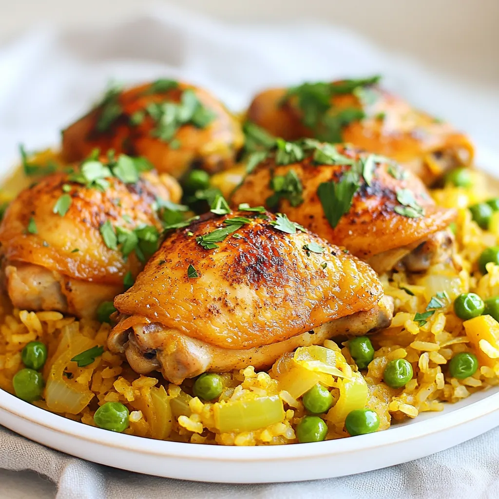 To make One-Pot Chicken and Rice, you will need these key items: - 4 boneless, skinless chicken thighs - 1 cup long-grain rice - 2 cups chicken broth - 1 medium onion, diced - 2 garlic cloves, minced - 1 bell pepper, diced (red or yellow) - 1 cup frozen peas - 1 teaspoon smoked paprika - ½ teaspoon turmeric - ½ teaspoon cumin - 1 tablespoon olive oil - Salt and pepper to taste - Fresh parsley for garnish These ingredients work together to create a tasty and filling dish. When choosing your ingredients, aim for freshness. Look for bright bell peppers and firm chicken thighs. Fresh herbs, if you use them, should smell strong and look vibrant. For the rice, long-grain works best for this dish. It cooks evenly and stays fluffy. The quality of chicken broth matters, too. If you can, use low-sodium broth. This way, you can control the saltiness of your meal. If you have dietary needs, don't worry! You can make swaps easily. Try using skinless chicken breasts if you prefer white meat. For a vegetarian option, replace chicken with chickpeas or tofu. You can switch long-grain rice for brown rice, but keep in mind it may need more cooking time. If you're avoiding gluten, make sure your broth is gluten-free. These swaps let you enjoy this dish while meeting your needs. {{ingredient_image_1}} 1. Start by heating 1 tablespoon of olive oil in a large pot over medium heat. This helps the chicken cook evenly. 2. Take 4 boneless, skinless chicken thighs and season them with salt, pepper, smoked paprika, turmeric, and cumin. Use your hands to coat them well. 3. Add the chicken to the pot. Sear each side for about 4 to 5 minutes. You want a nice brown color. After browning, remove the chicken and set it aside. 4. In the same pot, add 1 medium diced onion and 1 diced bell pepper. Cook them for about 3 to 4 minutes until the onion turns clear. 5. Next, stir in 2 minced garlic cloves and cook for another minute. This step makes your kitchen smell great! 6. Now, add 1 cup of long-grain rice to the pot. Toast the rice lightly for 2 minutes while stirring. This adds flavor to the rice. 7. Pour in 2 cups of chicken broth. Then, add 1 cup of frozen peas. Stir everything together well. 8. Place the seared chicken thighs back into the pot. Make sure to nestle them into the rice mixture. 9. Bring the pot to a gentle boil. Once boiling, reduce the heat to low, cover the pot, and let it simmer for about 20 minutes. The rice should be soft, and the chicken tender. 10. After 20 minutes, take the pot off the heat. Let it sit covered for 5 minutes. This allows the flavors to blend. 11. Finally, fluff the rice with a fork and garnish with fresh parsley before serving. While I can’t provide visual aids directly, I suggest looking for videos online that show the cooking process. Videos can help you see how the chicken should look when browned and how to combine the ingredients properly. Watching someone else cook can give you a better sense of timing and technique. - Rice is too hard: If your rice is hard, it may need more liquid. Add a little more broth or water, cover it, and let it cook longer. - Chicken is dry: Make sure not to overcook the chicken. Remove it as soon as it’s browned and cooked through. - Too salty: If your dish tastes too salty, add more unsalted broth or water to balance the flavor. - Not enough flavor: If you want more flavor, consider adding more spices or herbs. Fresh herbs at the end can brighten the dish. These steps will lead you to a delicious one-pot chicken and rice meal! To make your One-Pot Chicken and Rice pop with taste, spices are key. Use smoked paprika for a warm, smoky flavor. Turmeric adds a bright color and health boost. Cumin gives a nice earthy taste. Combine these spices before seasoning the chicken. This method ensures each bite is full of flavor. Don't be afraid to adjust the amounts. You can make it mild or spicy based on your taste. The right rice texture can make or break your dish. Use long-grain rice for fluffy results. Toast the rice in the pot before adding broth. This step brings out a nutty flavor and helps keep the grains separate. When you add the chicken broth, ensure it’s at a gentle boil. Once you cover the pot, keep the heat low. This helps the rice absorb moisture without becoming mushy. Want to speed up your cooking? Here are some simple hacks. Chop your veggies ahead of time and store them in the fridge. This way, you save precious minutes when cooking. Using frozen peas? No need to thaw them first; just toss them in. They’ll heat up quickly while the rice cooks. Also, consider using a one-pot meal to cut down on cleanup. Less time washing dishes means more time enjoying your meal! Pro Tips Use Bone-In Chicken: Bone-in chicken thighs can add more flavor to your dish as they cook, making the broth richer. Toast the Rice: Toasting the rice for a couple of minutes before adding the broth enhances its nutty flavor and gives a nice texture. Add Fresh Herbs: For a burst of freshness, consider adding chopped fresh herbs like cilantro or basil just before serving. Check for Doneness: Ensure both the chicken and rice are fully cooked; if the chicken is undercooked, let it simmer a bit longer. {{image_2}} One-Pot Chicken and Rice is a great dish for adding veggies. You can sneak in healthy greens and boost nutrition. I often add carrots, spinach, or zucchini. These add color and taste. Simply chop them up and toss them in after sautéing the onion and bell pepper. This small change makes your meal more filling and fun. Herbs and spices can change the whole dish. I love using fresh herbs like thyme or rosemary. They add a bright taste to the chicken and rice. If you want something bolder, try adding cayenne for heat or curry powder for warmth. Mix and match your favorite spices to find the right flavor for you. Each blend gives a new twist to this classic meal. While chicken is a star in this dish, you can use other proteins too. Swap chicken for shrimp or even tofu for a veggie option. Just adjust the cooking times. For shrimp, add them in the last few minutes. Tofu should be added with the rice to soak up the flavors. This flexibility lets you create a meal that fits your taste and dietary needs. To keep your One-Pot Chicken and Rice fresh, let it cool first. Use an airtight container for storage. This helps keep out air and moisture. Store it in the fridge for up to three days. Always label it with the date. This way, you know when it’s best to eat. When reheating, use the stove or microwave. For the stove, add a splash of water. Heat it on low until warm. Stir often to avoid burning. If using a microwave, cover it with a lid or microwave-safe wrap. Heat in short bursts, stirring in between. This ensures even heating and keeps the rice from drying out. You can freeze One-Pot Chicken and Rice for up to three months. Make sure it’s in a freezer-safe container. Leave some room for expansion. To thaw, place it in the fridge overnight. You can also use the microwave for quick thawing, but be careful. Once thawed, reheat it as mentioned before. One-Pot Chicken and Rice lasts about 3 to 4 days in the fridge. Store it in an airtight container to keep it fresh. Always check for a change in smell or color before eating leftovers. To enjoy the meal longer, consider freezing it. Yes, you can use brown rice instead of white rice. However, remember that brown rice takes longer to cook. You will need to add more liquid and extend the cooking time to about 30 to 40 minutes. Adjust the chicken broth to 2.5 cups to ensure it cooks well. You can serve One-Pot Chicken and Rice with a simple salad or steamed veggies. A green salad adds a nice crunch and freshness. You can also pair it with crusty bread to soak up any extra broth. If you like spice, add hot sauce for a kick. In this post, we explored making One-Pot Chicken and Rice. We listed essential ingredients, tips for choosing them, and substitutions for diets. I provided a step-by-step cooking process with helpful visuals. We also shared tips to enhance flavor, perfect texture, and save time. Variations included adding vegetables and different proteins. Finally, I covered storage, reheating, and answered common questions. Cooking can be fun and simple. Enjoy your meal, and let your creativity shine!