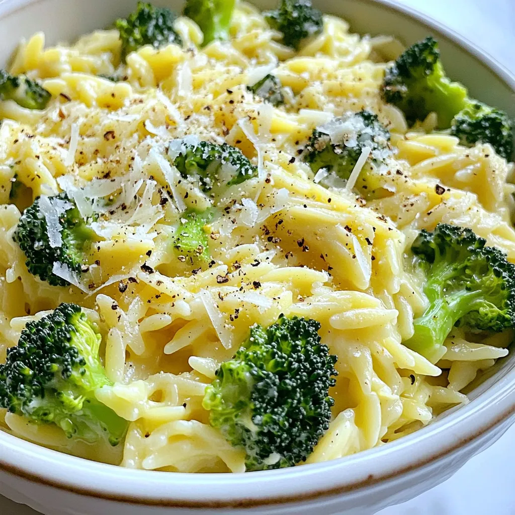 - 1 cup orzo pasta - 2 cups broccoli florets - 1 cup sharp cheddar cheese, shredded - 1 cup vegetable broth - 1 cup milk - 1 tablespoon olive oil - 1 clove garlic, minced - 1/2 teaspoon salt - 1/4 teaspoon black pepper - 1/4 teaspoon crushed red pepper flakes (optional) - 1/4 cup grated Parmesan cheese (optional for topping) In this creamy comfort food recipe, we use simple, fresh ingredients. Orzo pasta is the star. It cooks quickly and absorbs flavors well. The broccoli florets add color and crunch. Sharp cheddar cheese brings that gooey, cheesy goodness. Vegetable broth and milk create a rich and creamy sauce. You can enhance your dish with olive oil and garlic. They add a nice depth of flavor. A pinch of salt and pepper brings out all the tastes. If you like some heat, add crushed red pepper flakes. For extra flavor, finish with grated Parmesan cheese on top. This combination makes every bite delightful. {{ingredient_image_1}} 1. First, grab a large pot. Heat 1 tablespoon of olive oil over medium heat. 2. Add 1 clove of minced garlic. Sauté it for about 1 minute. The garlic should smell great, but watch it closely so it doesn't burn. 3. Next, add 1 cup of orzo pasta to the pot. Toast the orzo for roughly 2 minutes, stirring often. This step gives the orzo a nice flavor. 1. Now, pour in 1 cup of vegetable broth. Bring it to a boil. 2. Once boiling, reduce the heat to a simmer. Cover the pot, and cook for about 5 minutes. 3. Stir in 2 cups of broccoli florets. Simmer for another 4 to 5 minutes. The orzo should be tender and most of the broth absorbed. 1. Lower the heat to medium-low. Stir in 1 cup of milk and 1 cup of shredded sharp cheddar cheese. 2. Add 1/2 teaspoon of salt, 1/4 teaspoon of black pepper, and crushed red pepper flakes if you like some heat. 3. Mix well until the cheese is melted and you have a creamy sauce. 4. Taste it! Adjust the seasoning as needed. If you want it creamier, add more milk. - Avoid overcooking the pasta: Orzo cooks fast, so keep an eye on it. When it’s tender, but still firm, it's done. This usually takes about 5 to 7 minutes. Overcooked orzo gets mushy and loses its charm. - How to achieve the right creamy texture: To get that dreamy creaminess, stir in the milk and cheese slowly. If you want it creamier, just add more milk. Make sure to mix well after each addition. This way, the sauce becomes rich and smooth. - Best garnishes to enhance flavor and look: A sprinkle of fresh parsley or extra cheese on top adds color and flavor. You can also use cracked black pepper for a bit of spice. For a fun twist, try adding crushed red pepper flakes. - Serving suggestions for a beautiful presentation: Serve the Cheesy Broccoli Orzo in bright bowls. This makes the dish pop! You can also layer it with more cheese or herbs. Adding a drizzle of olive oil just before serving gives it a lovely shine. Pro Tips Use Fresh Broccoli: Fresh broccoli florets will add a vibrant color and a crunchier texture compared to frozen ones, enhancing the overall dish. Experiment with Cheese: Feel free to mix different cheeses like mozzarella or gouda for a unique flavor profile in your Cheesy Broccoli Orzo. Adjust Creaminess: If you prefer a creamier dish, gradually add more milk until you reach your desired consistency during cooking. Garnish Smartly: A sprinkle of freshly cracked black pepper or a drizzle of olive oil can elevate the presentation and flavor, making your dish more appealing. {{image_2}} You can switch up ingredients to make this dish your own. For cheese, try mozzarella or gouda. Each brings a unique flavor. You can also add protein for a heartier meal. Chicken or tofu works well. Cook them before mixing them in. The added protein makes it filling and satisfying. Adding herbs and spices can give your dish a fresh twist. Try fresh basil or thyme for a new taste. You can even add a pinch of nutmeg for warmth. Incorporating more vegetables boosts nutrition. Consider adding carrots or peas. They add color and flavor, making your meal even better. Enjoy experimenting with your ingredients! To keep your Broccoli Cheddar Orzo fresh, use airtight containers. Glass or plastic containers work well. Make sure to let the dish cool before storing. This keeps moisture out and stops the pasta from getting mushy. When reheating, use a pot over low heat. Add a splash of milk to keep it creamy. Stir often to avoid burning. You can also use a microwave, but cover the dish. Heat in short bursts, stirring in between. Yes, you can freeze Broccoli Cheddar Orzo! Use freezer-safe containers or bags. Make sure to leave some space for expansion. To reheat, thaw overnight in the fridge. Warm it slowly in a pot with a little added milk. This helps maintain the creamy texture. Can I make this recipe gluten-free? Yes, you can use gluten-free orzo. There are many brands available now. Just check the package for the right cooking time. Most gluten-free pastas cook faster, so watch closely to avoid mushiness. How do I make it more nutritious? You can add more vegetables. Try carrots, peas, or spinach. You can also use whole milk or a plant-based milk for added nutrients. For protein, add chicken or beans. This makes your meal heartier and more balanced. What are the best substitutes for orzo pasta? If you can't find orzo, use small pasta shapes like ditalini or couscous. Quinoa is a great gluten-free option, too. Just remember to adjust cooking times based on what you choose. Can I make this dish ahead of time? Yes, you can prepare it ahead. Cook it, then let it cool. Store it in an airtight container in the fridge for up to three days. Reheat gently on the stove, adding a splash of milk for creaminess. This blog post covered how to make Broccoli Cheddar Orzo. We explored the main ingredients, like orzo, broccoli, and sharp cheddar. You learned step-by-step instructions for preparation and cooking, including tips for creamy texture. We also discussed variations, storage, and common questions to help you enjoy this dish. Experiment with the toppings and flavors for your own twist. This recipe is not just tasty, but also versatile and fun to make. Enjoy your cooking journey!