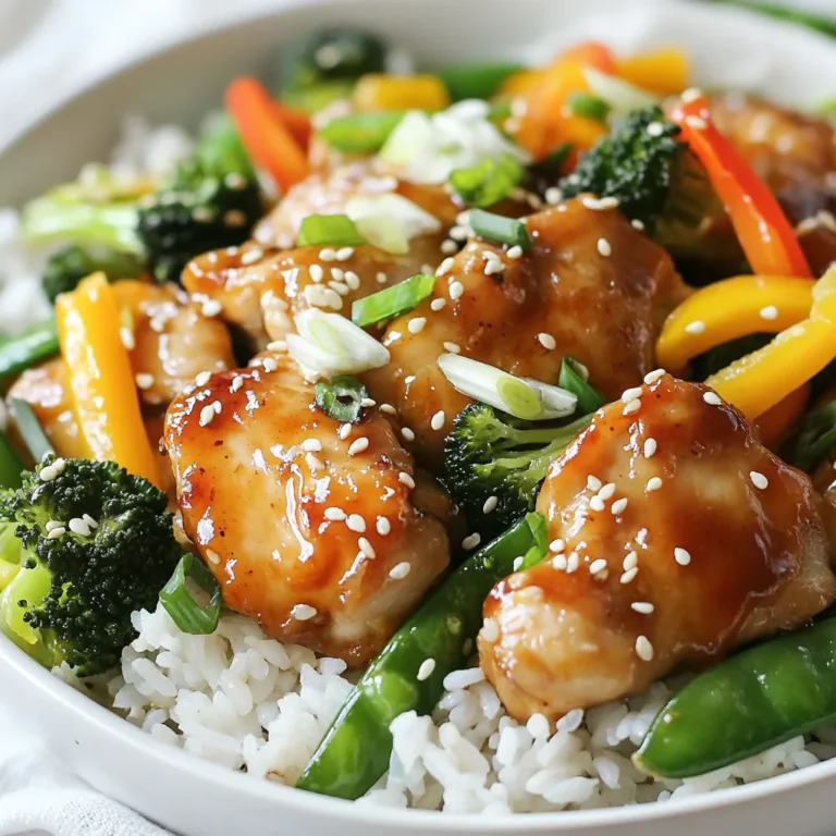 - 1 lb boneless skinless chicken thighs, cut into bite-sized pieces - 2 cups mixed vegetables (broccoli florets, bell peppers, and snap peas) - 1 cup cooked rice (white or brown) - 1 tablespoon olive oil - 1/4 cup low-sodium soy sauce - 2 tablespoons honey or maple syrup - 1 tablespoon rice vinegar - 1 teaspoon fresh ginger, grated - 2 cloves garlic, minced When I make One-Pan Teriyaki Chicken & Veggies, I love using fresh, high-quality ingredients. The boneless, skinless chicken thighs are my top choice. They stay juicy and cook quickly. For the veggies, I use a mix of broccoli, bell peppers, and snap peas. They add color and crunch. Having cooked rice ready makes this meal even easier. You can choose white or brown rice based on your taste. The sauce is what ties it all together. I use low-sodium soy sauce for a savory kick. Honey or maple syrup gives it a sweet touch, balancing the saltiness. A splash of rice vinegar adds some zing. Fresh ginger and garlic infuse the dish with bold flavors that make it unforgettable. Gathering these ingredients makes cooking this dish a breeze. Each part plays a role in creating a flavorful, healthy meal. {{ingredient_image_1}} To start, grab a small bowl. Add the following ingredients and whisk them together: - 1/4 cup low-sodium soy sauce - 2 tablespoons honey or maple syrup - 1 tablespoon rice vinegar - 1 teaspoon fresh ginger, grated - 2 cloves garlic, minced Whisk until well mixed. Set the sauce aside for later use. This sauce will give your dish that sweet and savory flavor. Next, heat a large skillet over medium-high heat. Add 1 tablespoon of olive oil. Once the oil is hot, add 1 pound of boneless, skinless chicken thighs cut into bite-sized pieces. Season the chicken with salt and pepper. Cook for about 5-7 minutes. You want the chicken to turn golden brown and cook all the way through. Now it’s time to add some color. Toss in 2 cups of mixed vegetables, like broccoli, bell peppers, and snap peas. Pour the teriyaki sauce you made earlier over the chicken and veggies. Stir everything well to coat. Cook for another 5 minutes. This will help the sauce thicken and the veggies soften, but they should still be crisp. Serve the chicken and veggies over 1 cup of cooked rice. Drizzle any leftover sauce over the top. Garnish with sesame seeds and sliced green onions for a lovely finish. Enjoy your meal! To make sure your chicken is tender, avoid overcooking. Cook it just until it turns golden brown. This usually takes about 5-7 minutes. If you cook it too long, the chicken can become dry. For the best flavor and texture, use boneless, skinless chicken thighs. They are juicier than chicken breasts. Plus, they soak up the teriyaki sauce well. Using fresh vegetables makes this dish pop. Broccoli, bell peppers, and snap peas work great. You can also switch them up with seasonal veggies like zucchini or carrots. If you have other veggies you like, feel free to use them. Just cut them into similar sizes for even cooking. One-Pan Teriyaki Chicken & Veggies goes well with cooked rice. You can use white or brown rice, depending on your taste. For a nice touch, garnish with sesame seeds and sliced green onions. This adds flavor and looks great on your plate. Enjoy! Pro Tips Choose the Right Chicken: Opt for boneless, skinless chicken thighs for a juicier and more flavorful dish compared to chicken breasts. Prep Your Veggies: Cut your vegetables into similar sizes to ensure even cooking and consistency in texture. Thicken the Sauce: If you like a thicker teriyaki sauce, let it simmer longer after adding the vegetables, or mix in a cornstarch slurry. Garnish for Flavor: Don’t skip the sesame seeds and green onions; they add a delightful crunch and fresh flavor that elevate the dish. {{image_2}} To make this dish vegetarian or vegan, you can swap chicken for tofu or tempeh. Both options provide protein and absorb flavors well. Use firm tofu for the best texture. Press it first to remove excess water. Cut it into bite-sized cubes before cooking. For sauces, try using a vegan teriyaki sauce. There are great store-bought options available. You can also make your own with soy sauce, maple syrup, and ginger. This keeps the flavors rich without using animal products. If you need a gluten-free version, use gluten-free soy sauce. This keeps the dish safe for those with gluten allergies. Many brands now offer tasty gluten-free options. For thickening the sauce, consider using cornstarch or arrowroot powder. These work well to give your sauce that desired thickness without gluten. Mix one tablespoon with water before adding it to your sauce for best results. To add heat to your dish, consider using red pepper flakes or sriracha. Start with a small amount and adjust to your taste. This will give the dish a nice kick. You can also experiment with different sauces. Try hoisin sauce or teriyaki with a twist, like adding pineapple juice. Each option brings a new flavor profile. Get creative and find what you love! To keep One-Pan Teriyaki Chicken & Veggies fresh, refrigerate leftovers. Use an airtight container to prevent moisture loss. Make sure to cool the dish first before sealing it. This will help it stay tasty and safe to eat. You can freeze this dish for later. Place it in a freezer-safe container. Leave some space at the top for the food to expand. When you want to eat it again, thaw it in the fridge overnight. To reheat, use the microwave or a skillet. Heat it until hot, stirring to mix the flavors. In the fridge, One-Pan Teriyaki Chicken & Veggies lasts about 3 to 4 days. In the freezer, it can stay good for up to 3 months. Always check for any signs of spoilage before eating. Yes, you can use frozen chicken and vegetables. Frozen chicken thighs work well. Just make sure to thaw them before cooking. For vegetables, frozen mixed veggies are a great option. They save time and still taste good. If you use frozen veggies, add them to the pan later. This way, they don’t overcook. If you want to switch out rice, try quinoa or cauliflower rice. Quinoa adds protein and cooks fast. Cauliflower rice is low in carbs and perfect for a healthy choice. You can also use farro or barley for a chewy texture. Each option gives a unique taste to your dish. To add heat, you can use red pepper flakes or Sriracha. Stir in a teaspoon of either when cooking the chicken. If you love ginger, add more grated ginger for a spicy kick. You can also try a splash of chili oil for extra flavor. Adjust the spice to fit your taste! This blog post covered making One-Pan Teriyaki Chicken & Veggies. You learned about the ingredients, cooking steps, and tips for tender chicken. I shared ways to adapt the recipe for different diets and how to store leftovers. This dish is easy, versatile, and great for any meal. Enjoy your cooking and explore different flavors! Your family will love it.