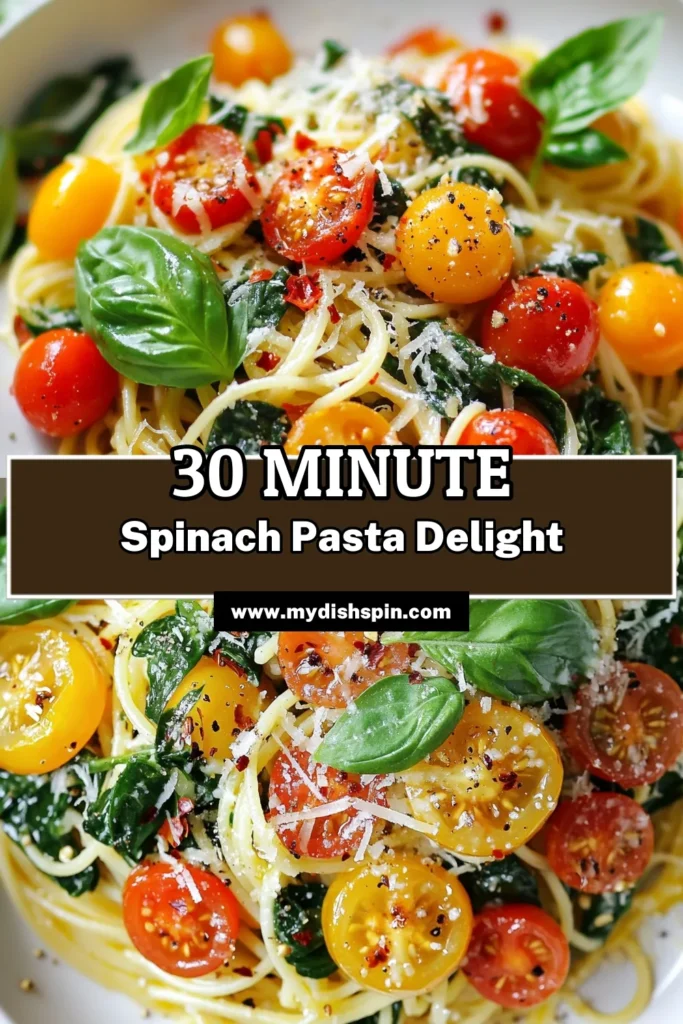 Looking for a delicious dish that comes together in no time? Try this quick spinach pasta! This easy pasta recipe blends fresh spinach and cherry tomatoes for a healthy, vibrant meal. It's perfect as a simple one pot pasta recipe or a standout vegetarian spaghetti dish. Ready in just 20 minutes, it's ideal for busy weeknights. Try it today and enjoy a bowl of goodness! #QuickSpinachPasta #EasyPastaRecipes #VegetarianDishes #HealthySpinachRecipes