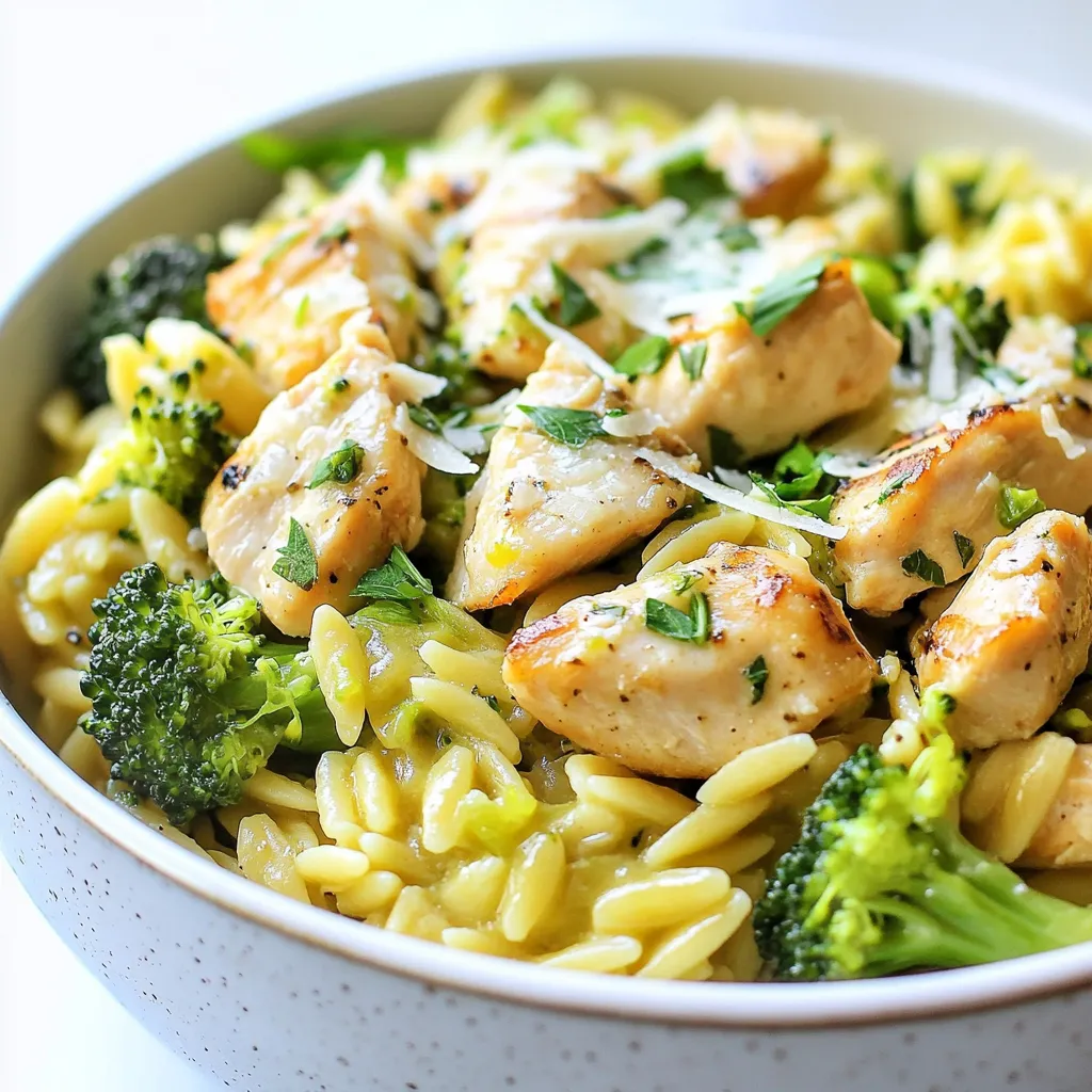 - 1 lb (450g) boneless, skinless chicken breast, cubed - 1 tablespoon olive oil - 1 teaspoon garlic powder - 1 teaspoon onion powder - 1/2 teaspoon smoked paprika - Salt and pepper to taste - 1 cup (200g) orzo pasta - 4 cups (950ml) chicken broth - 2 cups (150g) broccoli florets (fresh or frozen) - 1/2 cup (50g) grated Parmesan cheese - 1 tablespoon lemon juice - Fresh parsley, chopped (for garnish) When cooking, precise measurements matter. I always use a kitchen scale for meat. It ensures I get the right amount of chicken. For the orzo, you can use a standard measuring cup. When measuring liquids like chicken broth, a liquid measuring cup works best. If you want to mix things up, consider these swaps: - Use chicken thighs instead of chicken breast for a richer flavor. - Try vegetable broth for a vegetarian twist. - You can swap broccoli for other veggies, like peas or spinach. - If you don’t have Parmesan, any hard cheese will do. - For a kick, add red pepper flakes or fresh herbs like thyme or basil. These swaps keep your meal fun and exciting! {{ingredient_image_1}} Start by heating one tablespoon of olive oil in a large pot over medium heat. Next, season one pound of cubed chicken breast with salt, pepper, garlic powder, onion powder, and smoked paprika. This seasoning adds great flavor. Once the oil is hot, add the seasoned chicken to the pot. Cook the chicken for about five to seven minutes. You want it browned on all sides and cooked through. Stir it occasionally to ensure even cooking. Once the chicken is ready, it’s time to add the orzo. Measure one cup of orzo pasta and pour it into the pot. Stir it well to combine with the chicken. Now, take four cups of chicken broth and pour it into the pot. Stir again, making sure the orzo is soaked in the broth. Bring this mix to a gentle boil. After boiling, reduce the heat to a simmer. Cover the pot and let it cook for about ten minutes. Stir occasionally until the orzo is almost tender. After ten minutes, add two cups of broccoli florets to the pot. You can use fresh or frozen broccoli. Stir it in and cover the pot again. Cook for another three to five minutes. This will make the broccoli tender and finish cooking the orzo. Once done, remove the pot from the heat. Stir in half a cup of grated Parmesan cheese and one tablespoon of lemon juice. Mix well until the cheese melts, making the dish creamy. Adjust the seasoning to your taste, and don’t forget to garnish with chopped parsley before serving. Enjoy your meal! To cook orzo just right, follow these steps. Start with plenty of broth. The liquid helps the orzo cook evenly. Stir the pasta often. This keeps it from sticking together. Cook until it's al dente, which means firm but not hard. This usually takes about 10 minutes. Always taste a piece. If it feels soft but not mushy, it's done. Seasoning is key to a tasty dish. I love using garlic powder and onion powder in this recipe. They add depth and warmth. Smoked paprika brings a subtle smokiness that enhances the chicken. Don’t forget salt and pepper; they help balance flavors. For a fresh twist, try adding a bit of lemon zest. It brightens the entire dish. One pot cooking saves time and cleanup. Start by browning the chicken first. This adds flavor and color. Use a large pot to give everything room to cook evenly. Add the orzo and broth after the chicken is done. This way, the flavors blend well. Stir occasionally to keep the orzo from sticking. Finally, add the broccoli towards the end. This keeps it bright and crisp. Pro Tips Use Fresh Ingredients: Fresh broccoli and chicken will enhance the flavor and texture of your dish, making it more delicious and nutritious. Cook Orzo Al Dente: To achieve the perfect texture, cook orzo until it's al dente. It will continue to absorb liquid and soften as it sits. Customize Seasoning: Feel free to adjust the spices and seasonings to your taste preferences. Adding a pinch of red pepper flakes can give a nice kick! Leftovers Make Great Lunches: This dish reheats well and makes for an easy, flavorful lunch the next day. Store it in an airtight container for best results. {{image_2}} You can easily make this dish vegetarian. Simply swap chicken for firm tofu. Cut the tofu into cubes. Sauté it in olive oil until golden. This adds protein and keeps the meal hearty. You can change the flavor with different seasonings. Try adding Italian herbs like basil and oregano. A pinch of red pepper flakes can add heat. For a smoky taste, use smoked paprika like in the original recipe. Adding more veggies makes this dish even better. You can use bell peppers, spinach, or carrots. Just chop them small and add when you add the broccoli. This way, they cook evenly and blend well with the orzo. To store your One Pot Chicken Broccoli Orzo, let it cool first. Use an airtight container. Place the leftovers in the fridge. They will stay fresh for about 3 to 4 days. If you want to eat it later, consider freezing it. When you reheat, the orzo may absorb some liquid. To fix this, add a splash of chicken broth or water. Heat it in the microwave or on the stove. Stir it well to avoid hot spots. For the best taste, heat it until it is hot throughout. If you choose to freeze, do so in a freezer-safe container. It’s best to freeze it within two days of cooking. To thaw, move it to the fridge overnight. You can also use the microwave for quick thawing. After thawing, follow the reheating tips to bring it back to life. Yes, you can prepare this dish ahead of time. Cook it fully, then cool it down quickly. Store it in an airtight container. It will stay fresh in the fridge for up to three days. When you’re ready to eat, reheat it on the stove or in the microwave. Add a splash of chicken broth to keep it moist. If you don’t have orzo, you can use other small pasta shapes. Options like ditalini, quinoa, or even rice work well. Just adjust the cooking time based on what you choose. Quinoa will cook faster, while rice might need a bit more liquid. To make it creamier without extra calories, try adding more chicken broth. You can also use a splash of milk or unsweetened almond milk. Another great option is to blend some broccoli into a puree. Stir this into the dish to add creaminess and flavor without extra fat. We covered the essential ingredients, cooking steps, and tips for a great meal. You learned about alternatives and variations to fit your taste. Storing leftovers and reheating tips ensure you enjoy your dish later. Remember, cooking should be fun and easy! With these steps, you can create a delicious and satisfying meal any time. Enjoy the process, and don't hesitate to get creative in the kitchen!