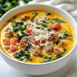To make a hearty Keto Tuscan Soup, you'll need the following ingredients: - 1 lb Italian sausage (mild or spicy, casings removed) - 1 medium onion, diced - 3 cloves garlic, minced - 4 cups chicken broth (low-sodium) - 1 cup heavy cream - 1 cup fresh spinach, chopped - 1 cup kale, stems removed and chopped - 1 cup diced tomatoes (canned or fresh) - 1 teaspoon Italian seasoning - ½ teaspoon crushed red pepper flakes (optional) - Salt and pepper to taste - ¼ cup grated Parmesan cheese (plus more for serving) - 2 tablespoons olive oil These simple ingredients come together to create a flavorful and warming dish. The Italian sausage adds rich taste, while the fresh greens provide nutrients. The heavy cream gives the soup a creamy texture, and the Parmesan cheese adds a savory finish. Each ingredient plays a key role in making this soup both nourishing and satisfying. Using fresh ingredients helps improve flavor and nutrition, so I always recommend that. You can easily adjust the spice level by choosing mild or spicy sausage. If you want to kick up the heat, add more crushed red pepper flakes. This soup is not just tasty; it also fits a keto diet. So, gather your ingredients and prepare to enjoy a bowl of this delightful soup! {{ingredient_image_1}} - Heat olive oil in a pot. - Sauté onion until translucent. - Mince garlic and add to pot. Start by heating the olive oil in a large pot over medium heat. This oil adds richness. Once hot, add the diced onion. Stir it often until it becomes soft and translucent. This step takes about five minutes. Next, mince the garlic. Add it to the pot and cook for one more minute. The garlic should smell fragrant now. - Brown the sausage. - Add chicken broth and simmer. - Incorporate diced tomatoes and seasonings. Now, it’s time to add the Italian sausage. Remove the casings and break the sausage into pieces as you add it to the pot. Cook this until it is nicely browned and cooked through, about seven to ten minutes. Once the sausage looks good, pour in the chicken broth. Bring this to a gentle simmer. Next, add in the diced tomatoes, Italian seasoning, and optional crushed red pepper flakes. Let everything simmer for ten minutes. This allows the flavors to come together. - Mix in heavy cream. - Add greens and wilt. - Season and serve with Parmesan. Lower the heat and pour in the heavy cream. Stir it well until it is combined. Now, add the chopped spinach and kale. Let them wilt for about five minutes. This makes the soup green and fresh. Season it with salt and pepper to taste. Finally, stir in the grated Parmesan cheese. Serve the soup hot, and feel free to add more Parmesan on top if you like. Enjoy every spoonful of this creamy, hearty dish! - Choosing the right sausage: Use Italian sausage for the best flavor. You can pick mild or spicy depending on your taste. I prefer spicy for a kick, but mild works well too. The sausage adds depth to the soup and makes it hearty. - Adjusting spice levels: If you like heat, add more crushed red pepper flakes. Start small and taste as you go. You can always add more, but you can't take it out once it’s in! - Pairing with keto-friendly breads: This soup goes well with low-carb bread. You can try almond flour bread or cloud bread. They soak up the soup nicely and enhance your meal. - Garnishing ideas: Fresh herbs like basil or parsley make great garnishes. Grated Parmesan cheese is a must! It adds a rich flavor and looks pretty on top. - Overcooking the greens: Keep an eye on the spinach and kale. Add them at the end to keep their bright color and fresh taste. Overcooked greens can turn mushy and lose their nutrients. - Skipping seasoning adjustments: Always taste your soup before serving. You may need to add more salt or pepper. Each batch can be different, so trust your palate to get it just right. Pro Tips Use Fresh Ingredients: Opt for fresh spinach and kale to enhance the flavor and nutritional value of your soup. Adjust the Spice Level: If you prefer a milder soup, reduce or omit the crushed red pepper flakes. Flavor Boosting: For an extra burst of flavor, try adding a splash of lemon juice before serving. Storage Tips: Store leftovers in an airtight container in the fridge for up to 3 days. Reheat gently on the stove. {{image_2}} You can change the protein in this soup to fit your taste. Here are two great options: - Substitute with turkey sausage: Turkey sausage is a leaner choice. It keeps the flavor while lowering fat. Use the same amount as Italian sausage. - Plant-based sausage alternatives: For a meat-free option, try plant-based sausage. This choice works well for vegan diets. Just cook it as you would the meat version. If you want to make this soup dairy-free, here’s a simple swap: - Using coconut milk instead of heavy cream: Coconut milk gives creaminess without dairy. It adds a hint of sweetness, too. Use the same amount as heavy cream for a great texture. Adding more veggies can boost flavor and nutrients. Here are some ideas: - Adding zucchini or bell peppers: Zucchini adds a nice crunch. Bell peppers bring color and sweetness. Chop them into small pieces and add them at the same time as the sausage. - Options for swapping kale or spinach: If you don’t have kale or spinach, try Swiss chard or arugula. Both add great taste and nutrition. Just add them at the end to keep them fresh. Store leftovers in an airtight container. This keeps the soup fresh and tasty. Let the soup cool before sealing it. It should last about 3 to 4 days in the fridge. For longer storage, freeze the soup. Use freezer-safe bags or containers. Leave some space for expansion. Keto Tuscan soup can freeze well for up to 3 months. To thaw, move the soup to the fridge overnight. You can also thaw it in a bowl of cold water. Reheat in the microwave or on the stove. For the microwave, heat in short bursts. Stir between each burst for even warming. For stove-top, use low heat. Stir often to keep the soup smooth. This helps maintain its great texture and flavor. Keto Tuscan Soup is low in carbs and high in healthy fats. The main ingredients include Italian sausage, heavy cream, and fresh greens. These choices keep the carb count low. Instead of pasta or rice, we use vegetables like spinach and kale. This supports the low-carb approach of a keto diet. Yes, you can make this soup ahead. It keeps well in the fridge for about three days. Just store it in an airtight container. The flavors will deepen as it sits. You can also freeze it for up to three months. Thaw it overnight in the fridge before reheating. A serving of Keto Tuscan Soup has about 6 grams of net carbs. This count can change based on the sausage and any added ingredients. Always check the labels to stay on track with your keto goals. Absolutely! You can add more veggies for extra flavor and nutrients. Zucchini, bell peppers, or mushrooms work well. Just ensure they fit your keto plan. Add them when you mix in the greens for the best results. Yes, you can make a vegetarian version. Replace the sausage with plant-based sausage or omit it entirely. Use vegetable broth instead of chicken broth. Keeping the heavy cream and greens will still give you a rich taste. This blog post shared a delicious Keto Tuscan Soup recipe. We covered the key ingredients, step-by-step cooking instructions, and helpful tips. You learned how to adapt this dish with different proteins and dairy-free options while avoiding common mistakes. Remember to store leftovers properly for the best taste. Make this soup your own by adding favorite veggies or spices. Enjoy a warm bowl filled with flavor and nutrition!