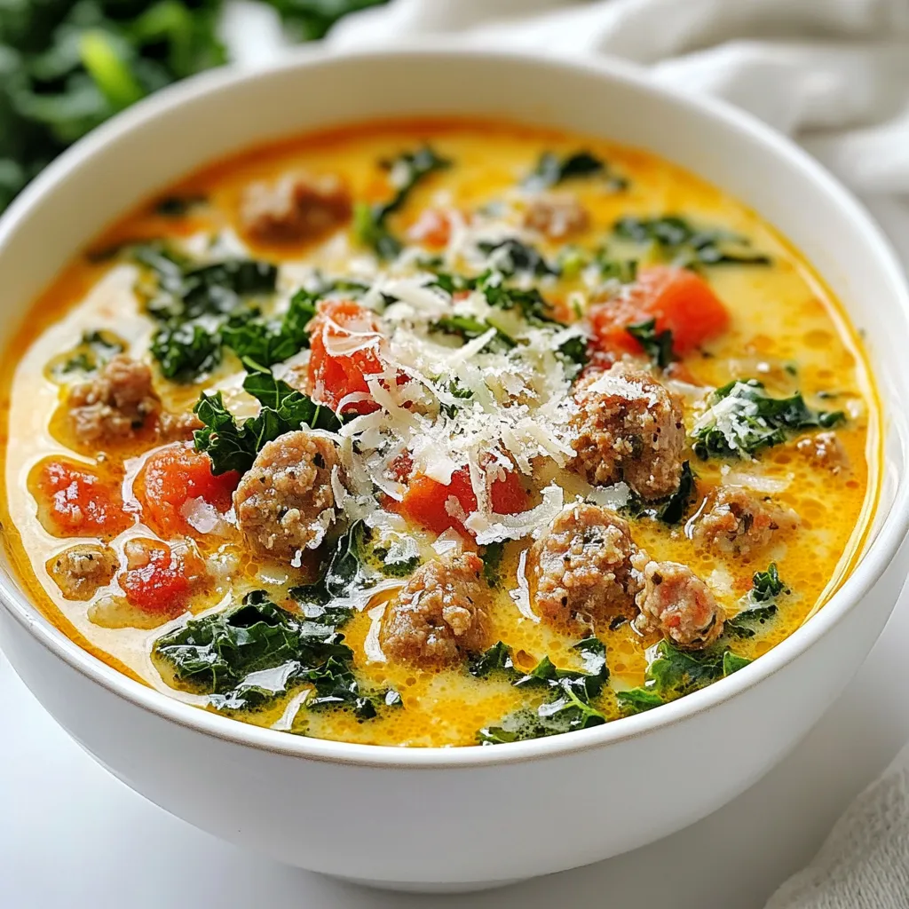 To make a hearty Keto Tuscan Soup, you'll need the following ingredients: - 1 lb Italian sausage (mild or spicy, casings removed) - 1 medium onion, diced - 3 cloves garlic, minced - 4 cups chicken broth (low-sodium) - 1 cup heavy cream - 1 cup fresh spinach, chopped - 1 cup kale, stems removed and chopped - 1 cup diced tomatoes (canned or fresh) - 1 teaspoon Italian seasoning - ½ teaspoon crushed red pepper flakes (optional) - Salt and pepper to taste - ¼ cup grated Parmesan cheese (plus more for serving) - 2 tablespoons olive oil These simple ingredients come together to create a flavorful and warming dish. The Italian sausage adds rich taste, while the fresh greens provide nutrients. The heavy cream gives the soup a creamy texture, and the Parmesan cheese adds a savory finish. Each ingredient plays a key role in making this soup both nourishing and satisfying. Using fresh ingredients helps improve flavor and nutrition, so I always recommend that. You can easily adjust the spice level by choosing mild or spicy sausage. If you want to kick up the heat, add more crushed red pepper flakes. This soup is not just tasty; it also fits a keto diet. So, gather your ingredients and prepare to enjoy a bowl of this delightful soup! {{ingredient_image_1}} - Heat olive oil in a pot. - Sauté onion until translucent. - Mince garlic and add to pot. Start by heating the olive oil in a large pot over medium heat. This oil adds richness. Once hot, add the diced onion. Stir it often until it becomes soft and translucent. This step takes about five minutes. Next, mince the garlic. Add it to the pot and cook for one more minute. The garlic should smell fragrant now. - Brown the sausage. - Add chicken broth and simmer. - Incorporate diced tomatoes and seasonings. Now, it’s time to add the Italian sausage. Remove the casings and break the sausage into pieces as you add it to the pot. Cook this until it is nicely browned and cooked through, about seven to ten minutes. Once the sausage looks good, pour in the chicken broth. Bring this to a gentle simmer. Next, add in the diced tomatoes, Italian seasoning, and optional crushed red pepper flakes. Let everything simmer for ten minutes. This allows the flavors to come together. - Mix in heavy cream. - Add greens and wilt. - Season and serve with Parmesan. Lower the heat and pour in the heavy cream. Stir it well until it is combined. Now, add the chopped spinach and kale. Let them wilt for about five minutes. This makes the soup green and fresh. Season it with salt and pepper to taste. Finally, stir in the grated Parmesan cheese. Serve the soup hot, and feel free to add more Parmesan on top if you like. Enjoy every spoonful of this creamy, hearty dish! - Choosing the right sausage: Use Italian sausage for the best flavor. You can pick mild or spicy depending on your taste. I prefer spicy for a kick, but mild works well too. The sausage adds depth to the soup and makes it hearty. - Adjusting spice levels: If you like heat, add more crushed red pepper flakes. Start small and taste as you go. You can always add more, but you can't take it out once it’s in! - Pairing with keto-friendly breads: This soup goes well with low-carb bread. You can try almond flour bread or cloud bread. They soak up the soup nicely and enhance your meal. - Garnishing ideas: Fresh herbs like basil or parsley make great garnishes. Grated Parmesan cheese is a must! It adds a rich flavor and looks pretty on top. - Overcooking the greens: Keep an eye on the spinach and kale. Add them at the end to keep their bright color and fresh taste. Overcooked greens can turn mushy and lose their nutrients. - Skipping seasoning adjustments: Always taste your soup before serving. You may need to add more salt or pepper. Each batch can be different, so trust your palate to get it just right. Pro Tips Use Fresh Ingredients: Opt for fresh spinach and kale to enhance the flavor and nutritional value of your soup. Adjust the Spice Level: If you prefer a milder soup, reduce or omit the crushed red pepper flakes. Flavor Boosting: For an extra burst of flavor, try adding a splash of lemon juice before serving. Storage Tips: Store leftovers in an airtight container in the fridge for up to 3 days. Reheat gently on the stove. {{image_2}} You can change the protein in this soup to fit your taste. Here are two great options: - Substitute with turkey sausage: Turkey sausage is a leaner choice. It keeps the flavor while lowering fat. Use the same amount as Italian sausage. - Plant-based sausage alternatives: For a meat-free option, try plant-based sausage. This choice works well for vegan diets. Just cook it as you would the meat version. If you want to make this soup dairy-free, here’s a simple swap: - Using coconut milk instead of heavy cream: Coconut milk gives creaminess without dairy. It adds a hint of sweetness, too. Use the same amount as heavy cream for a great texture. Adding more veggies can boost flavor and nutrients. Here are some ideas: - Adding zucchini or bell peppers: Zucchini adds a nice crunch. Bell peppers bring color and sweetness. Chop them into small pieces and add them at the same time as the sausage. - Options for swapping kale or spinach: If you don’t have kale or spinach, try Swiss chard or arugula. Both add great taste and nutrition. Just add them at the end to keep them fresh. Store leftovers in an airtight container. This keeps the soup fresh and tasty. Let the soup cool before sealing it. It should last about 3 to 4 days in the fridge. For longer storage, freeze the soup. Use freezer-safe bags or containers. Leave some space for expansion. Keto Tuscan soup can freeze well for up to 3 months. To thaw, move the soup to the fridge overnight. You can also thaw it in a bowl of cold water. Reheat in the microwave or on the stove. For the microwave, heat in short bursts. Stir between each burst for even warming. For stove-top, use low heat. Stir often to keep the soup smooth. This helps maintain its great texture and flavor. Keto Tuscan Soup is low in carbs and high in healthy fats. The main ingredients include Italian sausage, heavy cream, and fresh greens. These choices keep the carb count low. Instead of pasta or rice, we use vegetables like spinach and kale. This supports the low-carb approach of a keto diet. Yes, you can make this soup ahead. It keeps well in the fridge for about three days. Just store it in an airtight container. The flavors will deepen as it sits. You can also freeze it for up to three months. Thaw it overnight in the fridge before reheating. A serving of Keto Tuscan Soup has about 6 grams of net carbs. This count can change based on the sausage and any added ingredients. Always check the labels to stay on track with your keto goals. Absolutely! You can add more veggies for extra flavor and nutrients. Zucchini, bell peppers, or mushrooms work well. Just ensure they fit your keto plan. Add them when you mix in the greens for the best results. Yes, you can make a vegetarian version. Replace the sausage with plant-based sausage or omit it entirely. Use vegetable broth instead of chicken broth. Keeping the heavy cream and greens will still give you a rich taste. This blog post shared a delicious Keto Tuscan Soup recipe. We covered the key ingredients, step-by-step cooking instructions, and helpful tips. You learned how to adapt this dish with different proteins and dairy-free options while avoiding common mistakes. Remember to store leftovers properly for the best taste. Make this soup your own by adding favorite veggies or spices. Enjoy a warm bowl filled with flavor and nutrition!