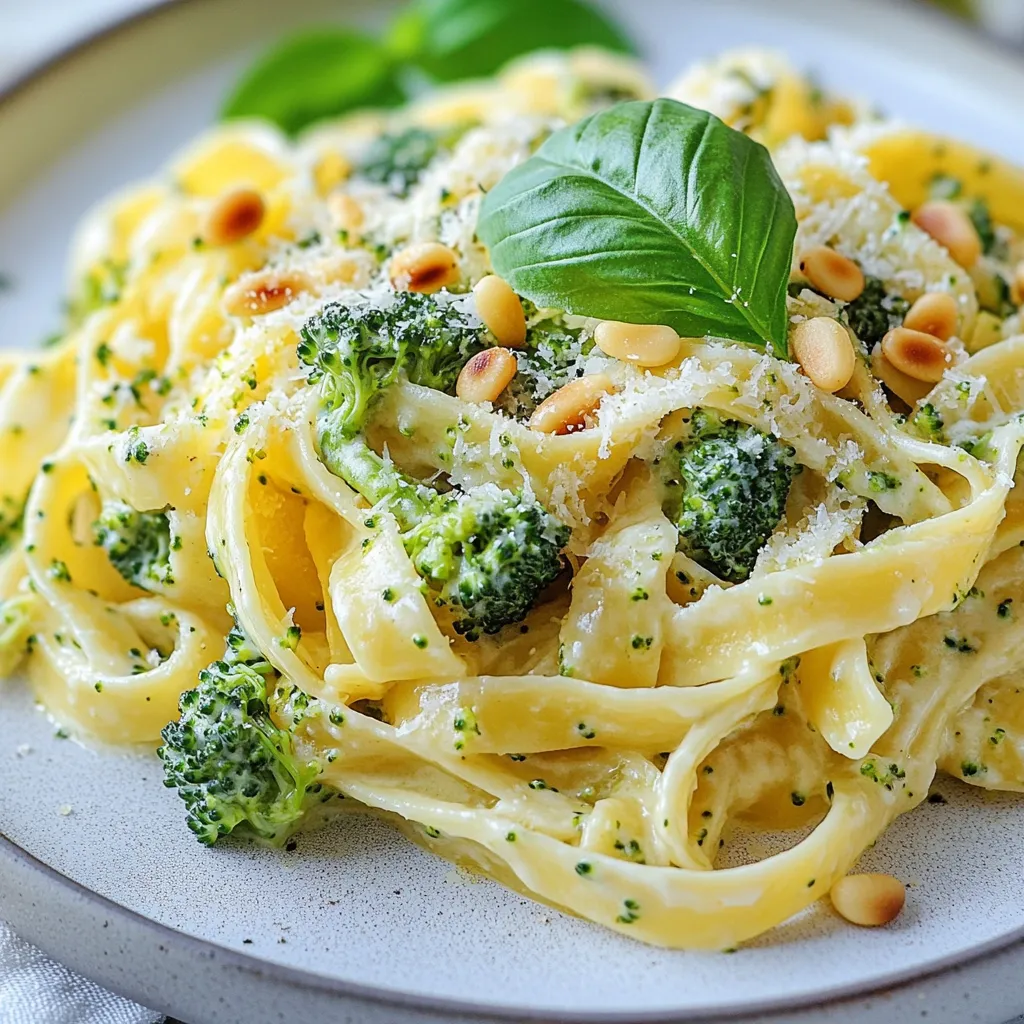 - 12 oz pasta of your choice (fettuccine or penne recommended) - 2 cups broccoli florets - 1 cup heavy cream - 1 cup grated Parmesan cheese - 2 tablespoons olive oil - 3 cloves garlic, minced - 1 teaspoon lemon zest - Salt and pepper to taste - ½ teaspoon red pepper flakes (optional for heat) - ¼ cup toasted pine nuts (for garnish) - Fresh basil leaves (for garnish) To make this dish, you will need: - Large pot for boiling pasta - Large skillet for sauce - Colander for draining pasta - Whisk for mixing sauce - Wooden spoon for stirring You can easily swap some ingredients based on your taste or what you have: - Use whole wheat or gluten-free pasta if needed. - Replace heavy cream with half-and-half or a plant-based cream for a lighter sauce. - If you don’t have Parmesan, try pecorino or nutritional yeast for a vegan option. - For garlic lovers, add more minced garlic for extra flavor. - Pine nuts can be swapped with walnuts or omitted if you prefer. These simple swaps keep the dish tasty and fun! Enjoy your cooking! {{ingredient_image_1}} First, grab a large pot and fill it with salted water. Bring the water to a boil. Once boiling, add 12 ounces of your pasta choice. I like fettuccine or penne for this dish. Follow the package instructions and cook until the pasta is al dente. During the last 3-4 minutes of cooking, toss in 2 cups of broccoli florets. This will blanch the broccoli and keep it bright green. After the time is up, drain the pasta and broccoli in a colander. Next, take a large skillet and set it over medium heat. Add 2 tablespoons of olive oil to the pan. Once hot, add 3 cloves of minced garlic. Sauté the garlic for about 1-2 minutes. Watch it closely so it doesn’t brown. Then lower the heat and pour in 1 cup of heavy cream. Stir well to mix. Add 1 teaspoon of lemon zest, salt, and pepper to taste. If you like a hint of heat, add ½ teaspoon of red pepper flakes. Let this mixture simmer gently for 3-4 minutes. Now, gradually whisk in 1 cup of grated Parmesan cheese. Keep stirring until the cheese melts and the sauce becomes creamy. Taste the sauce and adjust the seasoning if needed. Now it's time to bring it all together. Add the drained pasta and broccoli to the creamy sauce in the skillet. Toss everything well until the pasta is coated. To serve, plate the pasta and broccoli mix. For a nice finish, sprinkle ¼ cup of toasted pine nuts on top. Add some fresh basil leaves for an extra burst of flavor. Enjoy this delightful dish! To cook pasta just right, start with a big pot of water. Add a generous amount of salt; it should taste like the sea. Bring the water to a rolling boil before adding your pasta. Follow the package time, but check for al dente. This means it should be firm yet tender. During the last few minutes, toss in the broccoli florets. This way, they cook perfectly with the pasta. Add different flavors to your creamy pasta. You can use fresh herbs like parsley or thyme for a burst of freshness. Lemon zest adds a nice zing, brightening the dish. For some heat, sprinkle in red pepper flakes. Toasted pine nuts give a lovely crunch and nutty taste. Experiment with these to find your favorite combo! For a creamy sauce, using heavy cream is key. It makes the sauce rich and smooth. Gradually whisk in the Parmesan cheese, as this enhances the creaminess. If the sauce feels too thick, add a splash of pasta water to loosen it. This water has starch, which helps the sauce cling to the pasta. Always taste and adjust seasoning before serving for the best flavor! Pro Tips Perfect Pasta Texture: Make sure to cook the pasta until al dente. This will ensure it maintains a slight bite and won’t become mushy when mixed with the creamy sauce. Fresh Garlic Flavor: Sauté the garlic until fragrant but not browned to avoid a bitter taste. Fresh garlic adds a vibrant flavor to the dish. Cheese Melting Tip: Gradually whisk in the Parmesan cheese off the heat to prevent clumping and ensure a smooth, creamy sauce. Garnish for Extra Flavor: Don’t skip the toasted pine nuts and fresh basil. They add a wonderful crunch and aromatic freshness that elevates the dish. {{image_2}} You can make this dish vegan by swapping a few ingredients. Use plant-based pasta like chickpea or lentil pasta. Replace heavy cream with coconut cream or cashew cream. For cheese, try nutritional yeast or vegan Parmesan. These changes keep the dish creamy and flavorful while being plant-based. To make your pasta a full meal, add proteins. Grilled chicken or shrimp works well. For a meatless option, use tofu or chickpeas. Cook them separately and mix them in with the pasta. This adds texture and keeps you full longer. You can mix in other veggies for more flavor. Spinach, peas, or bell peppers are great choices. Just sauté them with the garlic or blanch them with the broccoli. This way, you add colors and nutrients to your dish. Feel free to get creative with your favorite vegetables! To keep your creamy pasta fresh, place it in an airtight container. Let it cool first. Store it in the fridge for up to three days. Make sure to seal it well to prevent drying out. When reheating, add a splash of cream or water. This helps loosen the sauce. Heat it on the stove over low heat, stirring gently. You can also use a microwave. Cover it to avoid splatters. Heat in short bursts and stir in between. You can freeze this pasta for later. First, let it cool completely. Then, transfer it to a freezer-safe container. It will keep well for up to three months. When ready to eat, thaw it overnight in the fridge. Reheat it gently as mentioned before. The creaminess might change a bit, but it will still taste good! Yes, you can use frozen broccoli. Just cook it until tender. Add it to the pasta during the last few minutes of cooking. This saves time and still gives great flavor. Fettuccine and penne work best for creamy sauces. Their shapes hold the sauce well. You can also use rigatoni or shells if you like. Choose any pasta you enjoy, as long as it’s not too thin. To make this dish gluten-free, use gluten-free pasta. There are many great options now. Look for pasta made from rice or chickpeas. Follow the same cooking steps, and you will have a tasty meal! In this post, we explored ingredients, step-by-step cooking, and useful tips for creamy pasta. We discussed ingredient swaps and variations, like vegan options. Storing and reheating strategies help ensure your meal lasts. Remember, cooking is fun. Experiment with flavors and textures. Each meal can be unique. Enjoy your creamy pasta adventure!