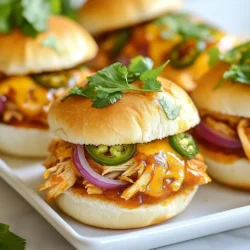 - 2 cups shredded cooked chicken - 1 cup BBQ sauce (your favorite brand) - 1/2 cup diced red onion - 1/2 cup shredded sharp cheddar cheese - 1/4 cup diced jalapeños (fresh or pickled) - 1 tablespoon olive oil - 12 mini slider buns - Salt and pepper to taste - Fresh cilantro for garnish - Large mixing bowl - Skillet - Spatula - Toaster oven or separate skillet for toasting buns {{ingredient_image_1}} Start by taking a large bowl. Add 2 cups of shredded cooked chicken. Pour in 1 cup of your favorite BBQ sauce. Mix well, so every piece of chicken gets coated. Next, add 1/2 cup of diced red onion. Then, toss in 1/4 cup of diced jalapeños. You can use fresh or pickled ones for a nice kick. Finally, add 1/2 cup of shredded sharp cheddar cheese. Stir everything together until it looks even. Season with salt and pepper to your taste. Now, we need to heat our tasty mixture. Preheat a large skillet over medium heat. Once hot, add 1 tablespoon of olive oil. Let the oil warm up for a minute. Then, spoon the BBQ chicken mixture into the skillet. Cook for about 5-7 minutes. Stir occasionally to make sure it heats evenly. You'll know it's done when the cheese melts and everything is hot. While the chicken warms up, prepare your slider buns. Take 12 mini slider buns and split them in half. You can toast them on a separate skillet or use a toaster oven. Lightly toast them until they turn golden brown. This step adds a nice crunch. Once done, they are ready for the BBQ chicken mixture. Choosing the right BBQ sauce is key. I love using a smoky and sweet sauce. Look for one that has a rich flavor. You can also try a spicy sauce for extra zest. Brands like Sweet Baby Ray’s and Stubbs are great options. If you make your own, balance sweetness with tang. This makes the chicken taste amazing. To boost that cheesy goodness, use sharp cheddar cheese. It melts well and adds flavor. You can mix in cream cheese for a creamy texture. Another fun option is to add mozzarella on top. Melt it under the broiler for a few seconds. This creates a gooey layer you’ll love. Cheese makes everything better! Jalapeños add a nice kick to the sliders. If you want mild heat, use pickled jalapeños. They give flavor without being too spicy. For a stronger taste, use fresh jalapeños. Remove the seeds for less heat. You can also mix in some hot sauce for a fiery twist. Adjusting heat makes this recipe fun for everyone! Pro Tips Use Rotisserie Chicken: For a quick and easy option, use store-bought rotisserie chicken. It saves time and adds great flavor to your sliders. Experiment with BBQ Sauces: Try different BBQ sauces to find your favorite flavor profile. A spicy or sweet BBQ sauce can elevate the taste of your sliders. Add Extra Toppings: Consider adding extra toppings like pickles, avocado, or coleslaw for added texture and flavor. Make it Ahead: You can prepare the chicken mixture a day in advance. Just reheat it before serving for a hassle-free gathering. {{image_2}} You can switch up the cheese for your BBQ chicken sliders. Try using pepper jack for a spicy kick. Mozzarella gives a nice stretch and mild taste. You can also use gouda for a smoky flavor. Each cheese brings its own twist to the dish. Chicken isn’t the only option for sliders. You can use shredded beef or pork too. These meats work well with BBQ sauce and keep the slider juicy. If you prefer turkey, it’s leaner but still tasty. Just remember to adjust the cooking time if needed. Want a veggie option? Try using jackfruit as a meat substitute. It absorbs flavors well and has a nice texture. You can also use grilled mushrooms for a meaty bite. Lentils or chickpeas mixed with BBQ sauce make a hearty filling. These options keep everyone happy at the table! After a fun meal, store any leftover sliders in an airtight container. Keep them in the fridge. They will stay fresh for up to three days. If you want to keep them longer, freezing is a great option. To freeze sliders, first, let them cool completely. Wrap each slider in plastic wrap. Place the wrapped sliders in a freezer bag. They can last up to three months in the freezer. Make sure to label the bag with the date. To reheat, unwrap the sliders and place them on a baking sheet. Preheat your oven to 350°F (175°C). Heat for about 10-15 minutes. You can also use a microwave. If using a microwave, place the slider on a plate and cover it with a paper towel. Heat for 30-60 seconds until warm. Enjoy your sliders as if they were just made! BBQ chicken sliders last about 3 days in the fridge. Store them in an airtight container. Make sure to keep the sliders separate from any toppings, like cilantro. Yes, you can prepare these sliders ahead of time. You can make the BBQ chicken mixture a day early. Just store it in the fridge. On the day of your event, just heat it up and assemble the sliders. Many sides go well with BBQ chicken sliders. Here are some ideas: - Coleslaw - Potato salad - Corn on the cob - Sweet potato fries - Chips and salsa These sides add a nice balance to the meal. To make your sliders spicy, add more jalapeños. You can use fresh or pickled ones. You can also mix in some hot sauce with the BBQ sauce. This adds heat without changing the flavor too much. You now know how to make delicious BBQ chicken sliders. We covered the ingredients, tools, and steps to prepare them. I shared tips for flavor and texture enhancements. You can also explore fun variations and storage options for leftovers. Remember, these sliders are easy and versatile. Feel free to mix and match ingredients to suit your taste. Enjoy every bite and impress your friends with your new skills!