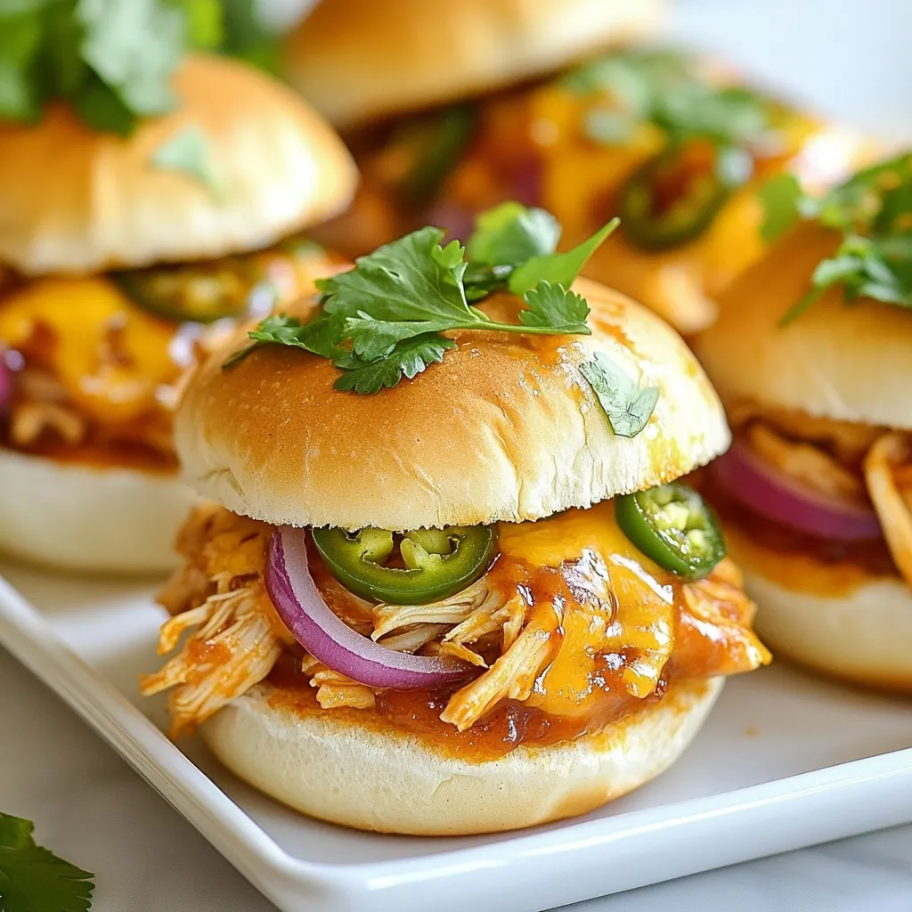 - 2 cups shredded cooked chicken - 1 cup BBQ sauce (your favorite brand) - 1/2 cup diced red onion - 1/2 cup shredded sharp cheddar cheese - 1/4 cup diced jalapeños (fresh or pickled) - 1 tablespoon olive oil - 12 mini slider buns - Salt and pepper to taste - Fresh cilantro for garnish - Large mixing bowl - Skillet - Spatula - Toaster oven or separate skillet for toasting buns {{ingredient_image_1}} Start by taking a large bowl. Add 2 cups of shredded cooked chicken. Pour in 1 cup of your favorite BBQ sauce. Mix well, so every piece of chicken gets coated. Next, add 1/2 cup of diced red onion. Then, toss in 1/4 cup of diced jalapeños. You can use fresh or pickled ones for a nice kick. Finally, add 1/2 cup of shredded sharp cheddar cheese. Stir everything together until it looks even. Season with salt and pepper to your taste. Now, we need to heat our tasty mixture. Preheat a large skillet over medium heat. Once hot, add 1 tablespoon of olive oil. Let the oil warm up for a minute. Then, spoon the BBQ chicken mixture into the skillet. Cook for about 5-7 minutes. Stir occasionally to make sure it heats evenly. You'll know it's done when the cheese melts and everything is hot. While the chicken warms up, prepare your slider buns. Take 12 mini slider buns and split them in half. You can toast them on a separate skillet or use a toaster oven. Lightly toast them until they turn golden brown. This step adds a nice crunch. Once done, they are ready for the BBQ chicken mixture. Choosing the right BBQ sauce is key. I love using a smoky and sweet sauce. Look for one that has a rich flavor. You can also try a spicy sauce for extra zest. Brands like Sweet Baby Ray’s and Stubbs are great options. If you make your own, balance sweetness with tang. This makes the chicken taste amazing. To boost that cheesy goodness, use sharp cheddar cheese. It melts well and adds flavor. You can mix in cream cheese for a creamy texture. Another fun option is to add mozzarella on top. Melt it under the broiler for a few seconds. This creates a gooey layer you’ll love. Cheese makes everything better! Jalapeños add a nice kick to the sliders. If you want mild heat, use pickled jalapeños. They give flavor without being too spicy. For a stronger taste, use fresh jalapeños. Remove the seeds for less heat. You can also mix in some hot sauce for a fiery twist. Adjusting heat makes this recipe fun for everyone! Pro Tips Use Rotisserie Chicken: For a quick and easy option, use store-bought rotisserie chicken. It saves time and adds great flavor to your sliders. Experiment with BBQ Sauces: Try different BBQ sauces to find your favorite flavor profile. A spicy or sweet BBQ sauce can elevate the taste of your sliders. Add Extra Toppings: Consider adding extra toppings like pickles, avocado, or coleslaw for added texture and flavor. Make it Ahead: You can prepare the chicken mixture a day in advance. Just reheat it before serving for a hassle-free gathering. {{image_2}} You can switch up the cheese for your BBQ chicken sliders. Try using pepper jack for a spicy kick. Mozzarella gives a nice stretch and mild taste. You can also use gouda for a smoky flavor. Each cheese brings its own twist to the dish. Chicken isn’t the only option for sliders. You can use shredded beef or pork too. These meats work well with BBQ sauce and keep the slider juicy. If you prefer turkey, it’s leaner but still tasty. Just remember to adjust the cooking time if needed. Want a veggie option? Try using jackfruit as a meat substitute. It absorbs flavors well and has a nice texture. You can also use grilled mushrooms for a meaty bite. Lentils or chickpeas mixed with BBQ sauce make a hearty filling. These options keep everyone happy at the table! After a fun meal, store any leftover sliders in an airtight container. Keep them in the fridge. They will stay fresh for up to three days. If you want to keep them longer, freezing is a great option. To freeze sliders, first, let them cool completely. Wrap each slider in plastic wrap. Place the wrapped sliders in a freezer bag. They can last up to three months in the freezer. Make sure to label the bag with the date. To reheat, unwrap the sliders and place them on a baking sheet. Preheat your oven to 350°F (175°C). Heat for about 10-15 minutes. You can also use a microwave. If using a microwave, place the slider on a plate and cover it with a paper towel. Heat for 30-60 seconds until warm. Enjoy your sliders as if they were just made! BBQ chicken sliders last about 3 days in the fridge. Store them in an airtight container. Make sure to keep the sliders separate from any toppings, like cilantro. Yes, you can prepare these sliders ahead of time. You can make the BBQ chicken mixture a day early. Just store it in the fridge. On the day of your event, just heat it up and assemble the sliders. Many sides go well with BBQ chicken sliders. Here are some ideas: - Coleslaw - Potato salad - Corn on the cob - Sweet potato fries - Chips and salsa These sides add a nice balance to the meal. To make your sliders spicy, add more jalapeños. You can use fresh or pickled ones. You can also mix in some hot sauce with the BBQ sauce. This adds heat without changing the flavor too much. You now know how to make delicious BBQ chicken sliders. We covered the ingredients, tools, and steps to prepare them. I shared tips for flavor and texture enhancements. You can also explore fun variations and storage options for leftovers. Remember, these sliders are easy and versatile. Feel free to mix and match ingredients to suit your taste. Enjoy every bite and impress your friends with your new skills!