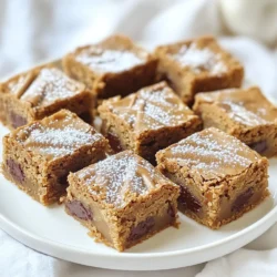 - 1 cup unsalted butter - 1 cup brown sugar, packed - 1/2 cup granulated sugar - 2 large eggs - 2 teaspoons vanilla extract I often choose unsalted butter because it gives better control over salt. Brown sugar adds a rich, caramel flavor. Granulated sugar sweetens the mix. The eggs help with texture, making the blondies soft and chewy. Vanilla extract brings warmth and depth to each bite. - 2 cups all-purpose flour - 1 teaspoon baking powder - 1/2 teaspoon baking soda - 1/2 teaspoon salt All-purpose flour forms the base. Baking powder and baking soda help the blondies rise. Salt balances sweetness and enhances flavor. Together, these dry ingredients create a sturdy yet tender texture. - 1 cup chocolate chunks (dark or milk chocolate) - 1/2 cup chopped nuts (optional, walnuts or pecans) Chocolate chunks make each bite more indulgent. Dark chocolate offers a rich taste, while milk chocolate is sweeter. Nuts add crunch and depth. You can mix and match to find your favorite combination. 1. Preheating the oven: Start by preheating your oven to 350°F (175°C). This step is crucial for even baking. 2. Lining the baking pan: Grab an 8x8 inch baking pan. Line it with parchment paper. Leave some paper hanging over the sides. This helps you lift out the blondies easily later. 1. Melting and browning the butter: In a medium saucepan, melt 1 cup of unsalted butter over medium heat. Keep stirring until the butter turns golden brown. It should smell nutty. This takes about 5-7 minutes. 2. Cooling the butter: Once browned, remove the pan from heat. Let the butter cool slightly. You want it warm, not hot, before mixing. 1. Combining sugars and brown butter: In a large mixing bowl, mix the cooled brown butter with 1 cup of brown sugar and 1/2 cup of granulated sugar. Stir until it is creamy. 2. Adding eggs and vanilla: Add 2 large eggs, one at a time. Mix well after each egg. Then, add 2 teaspoons of vanilla extract and combine. 3. Incorporating dry ingredients and mix-ins: In another bowl, whisk together 2 cups of all-purpose flour, 1 teaspoon of baking powder, 1/2 teaspoon of baking soda, and 1/2 teaspoon of salt. Gradually add this dry mix to the wet ingredients. Stir until just combined. Finally, fold in 1 cup of chocolate chunks and 1/2 cup of chopped nuts if you like. Now, your batter is ready for the baking pan! To make brown butter, watch for its color. It should turn a golden brown. You will also smell a nutty aroma. This means it is ready. If it smokes or smells burnt, it is overcooked. In that case, start again with fresh butter. If your butter separates, it is likely too hot. Let it cool a bit before mixing with sugar. Do not overmix your batter. Stir gently until the ingredients are just combined. This keeps the blondies soft and chewy. Bake the blondies for 25 to 30 minutes. Check doneness with a toothpick. It should come out with a few moist crumbs. If it is too wet, bake a bit longer. For a nice touch, dust the blondies with powdered sugar. A sprinkle of sea salt adds flavor. You can pair these blondies with sauces or ice cream. Vanilla ice cream works well. A drizzle of chocolate sauce can make it even better. Enjoy! {{image_2}} You can easily change the flavor of your blondies. Adding spices like cinnamon or nutmeg gives them warmth. A dash of cinnamon adds a cozy touch, while nutmeg gives depth. You can also swap chocolate types. Try dark chocolate for rich flavor. Milk chocolate gives a sweeter bite. White chocolate adds a fun creaminess. Mix and match to find your favorite! If you need gluten-free blondies, use a gluten-free flour blend. Almond flour or coconut flour can also work well. They will change the texture but still taste great. For dairy-free options, you can use vegan butter. There are plant-based chocolate chunks available too. This way, you can enjoy a yummy treat without dairy. If you want nut-free blondies, just leave out the nuts. You can still enjoy that soft and chewy texture. If you miss the crunch, try adding seeds like pumpkin or sunflower seeds. They add a nice bite without the nuts. You can store blondies at room temperature. Place them in an airtight container. This keeps them fresh for about three days. If you want them to last longer, refrigerate them. They will stay good in the fridge for about a week. Just remember to cover them well to avoid drying out. To freeze blondies, first, let them cool completely. Then, cut them into squares. Wrap each square in plastic wrap. Place the wrapped blondies in a freezer-safe bag. This way, they can last for up to three months. When you're ready to eat them, simply take them out of the freezer. Thaw at room temperature for about an hour. You can also warm them in the microwave for a few seconds. For the best taste, eat blondies within a week. They taste best fresh. After that, they may start to lose some flavor and texture. If you freeze them, they will still be tasty for up to three months. Enjoy them while they are still soft and chewy! Blondies and brownies both use similar ingredients. The main difference lies in flavor and color. Blondies have brown sugar, giving them a sweet, caramel-like taste. They are lighter in color than brownies, which use cocoa powder or melted chocolate. Brownies have a rich chocolate flavor. Both are delicious but unique in their own way. Yes, you can swap chocolate chunks for many other mix-ins. Try using butterscotch chips, white chocolate, or peanut butter chips for a different taste. Nuts like walnuts or pecans add crunch and flavor. You can also fold in dried fruits like cranberries or raisins for a fruity twist. Get creative and make it your own! Check your blondies after 25 minutes of baking. The edges should look golden brown. Insert a toothpick in the center. If it comes out with a few moist crumbs, your blondies are done. If it’s wet with batter, bake a few more minutes. Keep an eye on them to avoid overbaking. You can use various types of sugar in this recipe. While brown sugar gives blondies their signature flavor, you can mix in white sugar or even coconut sugar. Each type of sugar will change the taste and texture slightly. Experiment to find your favorite combo! For neat squares, let the blondies cool completely. Use a sharp knife for clean cuts. To make it easier, you can line the baking pan with parchment paper. This helps lift the blondies out for cutting. Wipe the knife between cuts for cleaner edges. Enjoy your perfectly cut treats! In this post, we explored how to make blondies from scratch. We detailed the key ingredients, like unsalted butter and sugars, and explained the step-by-step process. You learned how to brown butter and mix the batter for the best texture. We also shared tips for variations, storage, and answering common questions. Now you have the tools to bake delicious blondies. Enjoy experimenting with flavors and sharing these treats with friends!