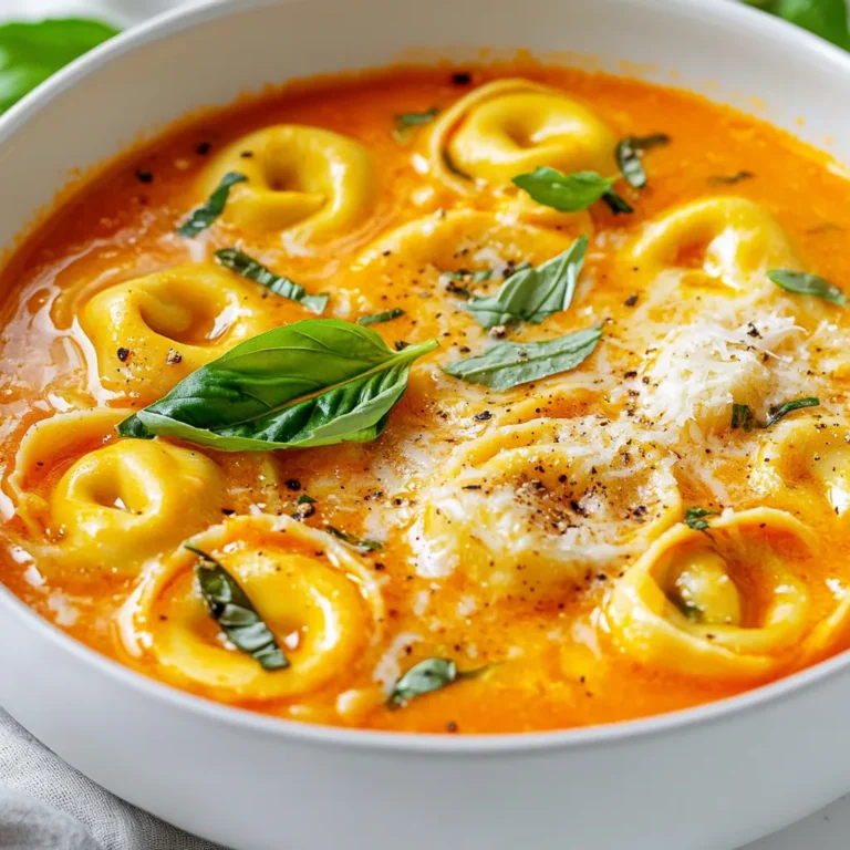 To make this creamy delight, you need: - 2 tablespoons olive oil - 1 medium onion, diced - 3 cloves garlic, minced - 1 can (14 oz) diced tomatoes - 4 cups vegetable broth - 1 teaspoon dried oregano - 1 teaspoon dried basil - 1 cup heavy cream (or coconut milk for a dairy-free option) - 2 cups fresh basil leaves, chopped - 1 package (9 oz) cheese tortellini (fresh or frozen) - Salt and pepper to taste - Grated Parmesan cheese for garnish (optional) These simple ingredients come together to create a rich and tasty soup. You can swap some ingredients to fit your taste: - Olive oil: Use butter or any neutral oil. - Onion: Shallots or leeks work well too. - Vegetable broth: Chicken broth gives a different flavor. - Heavy cream: Coconut milk makes it dairy-free. - Tortellini: Try any small pasta if you can't find tortellini. - Parmesan cheese: Nutritional yeast can be a dairy-free option. These swaps let you customize the soup to your liking without losing flavor. You do not need much to make this soup. Here’s what you will need: - Large pot: For cooking the soup. - Cutting board: For chopping vegetables. - Knife: To dice the onion and mince the garlic. - Ladle: For serving the soup. - Measuring cups and spoons: To measure your ingredients accurately. Having these tools ready will make your cooking experience smooth and fun. {{ingredient_image_1}} To make this creamy tomato basil tortellini soup, I start by heating olive oil in a large pot over medium heat. I add the diced onion and let it cook for about five minutes. This makes the onion soft and clear. Next, I stir in three minced garlic cloves. I cook it for one more minute until I smell that yummy garlic aroma. Then, I pour in one can of diced tomatoes with juice, four cups of vegetable broth, one teaspoon of dried oregano, and one teaspoon of dried basil. I bring the mix to a boil, then lower the heat. I let it simmer for ten minutes. This lets the flavors blend. After that, I stir in one cup of heavy cream or coconut milk if I want a dairy-free option. I let the soup heat through for five minutes without boiling it. Now for the best part: I add a package of cheese tortellini. I follow the package instructions, which usually say to cook for five to seven minutes until the tortellini is tender. Finally, I mix in two cups of chopped fresh basil and season with salt and pepper. To cook tortellini just right, I keep a few tips in mind. First, I make sure to use a large pot of salted water. This helps the pasta taste great. I also check the package for cooking time, as it can vary. I taste a piece before draining it. If it’s soft but still has a little bite, it's perfect. If I overcook it, it can get mushy. I also like to add the tortellini to the soup only when it's almost done. This keeps it fresh and tasty. If I want my soup thicker, I can do a few things. First, I can add more heavy cream or a splash of milk. Another option is to blend a portion of the soup and stir it back in. This gives it a creamy texture. If I prefer a thinner soup, I can add more vegetable broth or water. I usually do this slowly to keep the flavor strong. I taste the soup as I adjust it, ensuring it's just right for my liking. To boost the taste of your soup, fresh herbs are key. Fresh basil gives a bright touch. Add it at the end for the best flavor. You can also use dried herbs, but fresh always shines. If you want more depth, try adding a pinch of red pepper flakes. This adds warmth without too much heat. For a hint of sweetness, a splash of balsamic vinegar works wonders. When choosing tortellini, fresh and frozen both work well. Fresh tortellini cooks quickly, usually in about 5-7 minutes. Frozen tortellini may take a minute or two longer. If you use frozen, don’t thaw it first. Just add it straight to the pot. This helps keep your soup warm and tasty. Always check the package for cooking times. This ensures your tortellini is perfectly cooked. Serving your soup nicely can make a big difference. A sprinkle of grated Parmesan cheese on top adds flavor and looks great. Fresh basil leaves can also enhance the look. Place a few leaves on top for a pop of green. Serve the soup in a bowl with a crusty piece of bread. This makes for a cozy, inviting meal. You can even drizzle a little olive oil on top for an extra touch. Pro Tips Use Fresh Herbs: For the best flavor, use fresh basil instead of dried. Add it just before serving to retain its vibrant taste. Adjust Creaminess: If you prefer a lighter soup, you can substitute half of the cream with additional vegetable broth. Customize Your Tortellini: Feel free to use different types of tortellini, such as spinach or mushroom, to enhance the flavor profile of the soup. Make it Ahead: This soup can be made ahead of time; just add the tortellini when you're ready to serve to prevent them from becoming mushy. {{image_2}} You can make this soup dairy-free by swapping heavy cream for coconut milk. Coconut milk adds a nice creaminess and a hint of sweetness. You can also use almond or cashew milk, but they may change the flavor slightly. Always check the labels for any additives. This keeps the soup rich and delicious for everyone. Adding protein can make this soup heartier. Cooked chicken or sausage works well. You can use rotisserie chicken for a quick option. If you prefer, toss in a can of drained beans like white beans or chickpeas. They add protein and fiber. Just stir them in when you add the tortellini. Boost the nutrition of your soup with extra veggies. Spinach, kale, or carrots are great choices. Simply chop them and add them to the pot when you add the vegetable broth. You can also use zucchini or bell peppers. This makes the soup colorful and full of flavor. Plus, it helps you eat more veggies! After enjoying your soup, let it cool down. Pour any leftovers into an airtight container. Make sure to seal the lid tightly. Store the container in the fridge. It keeps well for about three to four days. Label the container with the date, so you remember when you made it. You can freeze this soup for later! Use a freezer-safe container or a heavy-duty freezer bag. Leave some space at the top for expansion. It’s best to freeze the soup before adding the tortellini. This helps keep the pasta from getting mushy. The soup can last in the freezer for up to three months. When you're ready to eat, just thaw it in the fridge overnight. To reheat the soup, pour it into a pot over medium heat. Stir it often to warm it evenly. If the soup thickens too much, add a splash of broth or water. You can also use the microwave if you prefer. Heat it in a microwave-safe bowl. Cover it with a paper towel to avoid splatters. Heat in short bursts, stirring in between. Enjoy your warm, cozy soup! Yes, you can use other pasta shapes. Shells, penne, or even macaroni work well. Just make sure to adjust the cooking time based on the pasta you choose. Smaller shapes cook faster, while larger ones take longer. Check the package for cooking times to get it just right. If you want a lighter option, use coconut milk. It gives a nice creaminess without dairy. You can also try a mix of milk and flour to thicken the soup. Any non-dairy milk can work, but coconut milk adds great flavor. Choose what fits your diet! This soup stays fresh in the fridge for about three to four days. Store it in an airtight container. If you see any signs of spoilage, it’s best to toss it out. Reheat it gently on the stove or in the microwave for a quick meal. Enjoy your cozy delight! In this article, we explored how to make creamy tomato basil tortellini soup. We discussed key ingredients, helpful substitutions, and essential tools. I provided step-by-step instructions for cooking and tricks to enhance flavor. We also covered variations for dietary needs and best storage practices. Whether you enjoy this soup on a cold day or want a tasty meal, it's flexible. Experiment with the flavors and make it your own. Trust me, this soup will warm your heart and belly!