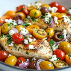 - 4 boneless, skinless chicken breasts - 1 cup cherry tomatoes, halved - 1/2 cup Kalamata olives, pitted and halved - 1/2 cup feta cheese, crumbled - 1 medium red onion, thinly sliced - 3 cloves garlic, minced The main ingredients bring vibrant flavors to this dish. The chicken breasts provide a great protein base. Cherry tomatoes add sweetness, while Kalamata olives give a briny punch. Feta cheese adds creaminess and tang. Fresh red onion and garlic round out the flavor profile with a savory depth. - 1 teaspoon dried oregano - 1 teaspoon paprika - 2 tablespoons olive oil - Salt and pepper to taste Seasonings are key for taste. Oregano and paprika add warmth and aroma. Olive oil helps to cook the chicken and adds richness. Salt and pepper enhance all the flavors, bringing everything together. - Fresh parsley, chopped (for garnish) Garnishing with parsley adds a fresh touch. It brightens the dish and gives a pop of color. Plus, it adds a hint of herbal taste. Use it right before serving for the best effect. {{ingredient_image_1}} Start by seasoning the chicken breasts. Use salt, pepper, oregano, and paprika. This will give the chicken great flavor. Heat olive oil in a large skillet over medium heat. Once the skillet is hot, add the seasoned chicken. Cook for about 5 to 7 minutes on each side. You want the chicken to turn golden brown. Make sure it is fully cooked through. After cooking, remove the chicken from the skillet and set it aside. In the same skillet, add the thinly sliced red onion. Cook it until it becomes soft and translucent. This should take about 3 to 4 minutes. Next, add minced garlic. Sauté the garlic for one more minute. This will fill your kitchen with a lovely aroma. The garlic adds a nice flavor to the dish. Now, stir in the halved cherry tomatoes and Kalamata olives. Cook this mixture for about 5 minutes. You want the tomatoes to soften and release their juices. After that, return the chicken to the skillet. Sprinkle crumbled feta cheese over the top. Cook for an additional 2 to 3 minutes. This will warm the feta and heat the chicken through. When ready, remove from heat and garnish with chopped parsley. Serve immediately for a delightful meal! To ensure your chicken is fully cooked, use a meat thermometer. It should read 165°F in the thickest part. This way, you know it’s safe to eat. Cook the chicken for about 5-7 minutes on each side. Look for a golden color. Managing heat levels is key for a great dish. Start with medium heat to brown the chicken. If it cooks too fast, lower the heat. This helps the inside cook well without burning the outside. To infuse additional herbs, consider adding fresh basil or thyme. These herbs work well with the chicken and olives. Adding a bay leaf while cooking gives a nice flavor too. For dressings and extra toppings, drizzle some balsamic vinegar for a tangy taste. You can also add a sprinkle of red pepper flakes for a hint of heat. These small changes can elevate your dish. Pair this dish with warm pita or couscous. Both absorb the flavors and add texture. A side salad with fresh greens complements the meal nicely. Garnishing techniques for presentation include using extra parsley. Chop it finely and sprinkle it over the dish. A drizzle of olive oil adds a shine and enhances the look. Serve the skillet hot, directly from the pan, to keep it inviting. Pro Tips Brine the Chicken: Soaking the chicken breasts in a solution of water and salt for 30 minutes before cooking will enhance their moisture and flavor. Fresh Herbs: Substitute dried oregano with fresh oregano for a more vibrant flavor. Use about three times the amount of fresh herbs as dried. Olive Oil Quality: Use high-quality extra virgin olive oil for cooking and drizzling, as it adds great depth of flavor to the dish. Rest the Chicken: Let the cooked chicken rest for a few minutes before slicing to retain its juices and ensure it's tender. {{image_2}} You can switch out the chicken for turkey or tofu. Both options work well in this dish. Turkey has a similar taste and texture. Tofu adds a nice plant-based twist. For cheese, feta is fantastic, but you can try goat cheese or ricotta. Both bring a creamy texture and unique flavor to the skillet. If you're gluten-free, this recipe is already safe! All ingredients are gluten-free. Just double-check any packaged items for hidden gluten. For a dairy-free option, use a plant-based cheese instead of feta. Nutritional yeast can also add a cheesy flavor without dairy. Want more heat? Add red pepper flakes or chili powder. This will give your dish a spicy kick. You can also add other Mediterranean veggies. Try bell peppers, zucchini, or artichokes. They all blend well with the flavors in this skillet. To keep your Mediterranean chicken skillet fresh, let it cool first. Place it in a shallow dish. Cover it tightly with a lid or plastic wrap. This helps keep moisture in. Store it in the fridge for up to three days. Recommended storage containers are glass or plastic. Make sure they are airtight. This prevents any odors from other foods in your fridge. If you want to save leftovers, freezing works well. Let the dish cool completely before freezing it. Pack it in a freezer-safe container. Leave some space at the top, as the food may expand. To thaw, place the container in the fridge overnight. For quick thawing, use the microwave on defrost mode. When ready to eat, heat it on the stove over low heat. Stir often until it's hot throughout. In the fridge, your Mediterranean chicken skillet lasts for three days. If you freeze it, it can stay good for up to three months. Always check for any off smells or changes in color before eating. To check if your chicken is done, use a meat thermometer. The safe internal temperature for chicken is 165°F (75°C). Insert the thermometer into the thickest part of the breast. If it reads 165°F, your chicken is ready. You can also cut into the chicken. The meat should be white, not pink, and the juices should run clear. This method ensures you serve safe, tasty chicken every time. Yes, you can make this dish ahead. Cook the chicken and veggies as directed. Let them cool down before storing. Use an airtight container for storage. This dish keeps well in the fridge for up to three days. When ready to eat, just reheat it in a skillet over low heat. This way, you save time and still enjoy a fresh meal. Absolutely! This Mediterranean Chicken Skillet is perfect for meal prep. Portion the cooked chicken and veggies into containers. You can store them separately or mix them together. This recipe makes four servings, so it's great for weekly meals. Just reheat your portions in the microwave or on the stovetop. Enjoy a quick and healthy meal whenever you need it! This blog post explored how to make a tasty chicken dish. We covered ingredients like chicken, fresh produce, olives, and cheese. You learned step-by-step cooking instructions and helpful tips. We also discussed variations for different diets and how to store leftovers properly. In closing, this meal is easy, flavorful, and perfect for any occasion. I hope you feel inspired to try it and make it your own. Enjoy your cooking adventure!