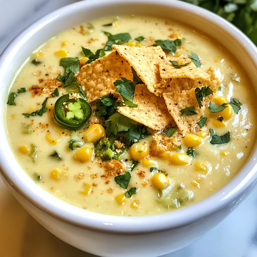 To make Jalapeño Popper Soup, gather these items: - 4 jalapeños, seeded and diced - 1 tablespoon olive oil - 1 small onion, diced - 3 garlic cloves, minced - 4 cups chicken or vegetable broth - 2 cups cream cheese, softened - 1 cup shredded sharp cheddar cheese - 1 cup corn kernels (fresh or frozen) - 1 teaspoon smoked paprika - Salt and pepper to taste - ½ cup cilantro, chopped (for garnish) - Crumbled tortilla chips (for topping) You can swap ingredients if needed. For a lighter soup, use low-fat cream cheese. If you want a vegan dish, replace cream cheese with a vegan alternative. You can also use vegetable broth instead of chicken broth for a vegetarian option. If you can't find jalapeños, try serrano peppers for more heat. Using fresh ingredients is key to great taste. Fresh jalapeños bring a vibrant flavor. Fresh corn adds sweetness and texture. Fresh herbs like cilantro give a bright finish. Always choose high-quality cheese for the best melt and creaminess. This makes your soup taste better and more appealing. The right ingredients can turn a simple soup into a delicious meal. {{ingredient_image_1}} First, gather all your ingredients. This makes cooking easy and fun. You need jalapeños, onion, garlic, broth, cream cheese, cheddar cheese, corn, smoked paprika, salt, and pepper. Don't forget the cilantro and tortilla chips for garnish. 1. Heat the oil: Start by heating olive oil in a large pot over medium heat. 2. Sauté onion: Add the diced onion and cook until it becomes soft and clear. This takes about 5 minutes. 3. Add garlic and jalapeños: Next, toss in the minced garlic and diced jalapeños. Cook them for 2 to 3 minutes until the jalapeños soften. 4. Pour in broth: Now, add the chicken or vegetable broth. Let it simmer. 5. Mix in cream cheese: Once it simmers, stir in the softened cream cheese. Keep stirring until it melts and mixes well. 6. Add cheddar cheese: Next, add the shredded cheddar cheese. Stir until it melts fully. 7. Incorporate corn and spices: Mix in the corn and smoked paprika. Let the soup simmer for 10 more minutes. 8. Season to taste: Finally, add salt and pepper. If you want more spice, add extra jalapeños. 9. Cool before serving: Remove the pot from heat. Let it cool for a few minutes before you serve it. To get the right texture, ensure you melt the cream cheese fully. Stir well to avoid lumps. If you prefer a smoother soup, blend it using an immersion blender. This gives a creamy feel. For a chunkier texture, skip the blending. Adjust the broth to make the soup thicker or thinner based on your taste. One common mistake is not seeding the jalapeños. Leaving the seeds in makes the soup too spicy. Always seed and dice your jalapeños for better control over the heat. Another mistake is adding all the broth at once. Pour in the broth gradually, allowing the flavors to blend. Make sure to stir well after adding the cream cheese. If it clumps, your soup will not be smooth. To boost flavor, try adding more spices like cumin or chili powder. A squeeze of lime juice adds freshness and brightens the dish. For extra heat, toss in more diced jalapeños or a dash of hot sauce. If you like a smoky flavor, increase the smoked paprika. Mixing in some diced bell peppers can also give a nice touch. Serve your soup in deep bowls for a comforting look. Top it with crumbled tortilla chips for crunch. A sprinkle of chopped cilantro adds a lovely green touch and freshness. Pair the soup with crusty bread or a simple salad for a full meal. For a fun twist, serve it with grilled cheese sandwiches. Pro Tips Use Fresh Jalapeños: For the best flavor and heat, use fresh jalapeños rather than jarred ones. Adjust the quantity based on your heat preference. Blend for Creaminess: For an ultra-smooth texture, blend the soup with an immersion blender after adding the cheese. This will create a velvety consistency. Garnish Smartly: Top the soup with crumbled tortilla chips just before serving to maintain their crunch. Fresh cilantro adds brightness and flavor. Make it Ahead: This soup can be made in advance and stored in the refrigerator. Reheat gently on the stove, adding a splash of broth if it thickens too much. {{image_2}} You can easily make this soup vegetarian or vegan. For a vegetarian version, use vegetable broth instead of chicken broth. To make it vegan, swap out the cream cheese and cheddar for plant-based cheese. You can also use cashew cream or coconut cream for a rich texture. These swaps keep the soup creamy and flavorful. Cheese plays a big role in this soup's taste. You can mix different cheeses to create new flavors. Try pepper jack for extra spice. You can also use mozzarella for a milder taste. Goat cheese adds a tangy twist, while blue cheese gives a bold flavor. Mixing cheeses can make each bowl unique! Feel free to get creative with added ingredients. Chopped bell peppers and diced tomatoes give more color and taste. Cooked bacon pieces add a savory crunch. For more nutrition, toss in some black beans or diced potatoes. You can even add more spices, like cumin or chili powder, to boost the flavor. The options are endless! To store leftovers, let the soup cool first. Pour it into an airtight container. Make sure to seal it well. Keep it in the fridge for up to three days. This keeps it fresh and tasty. When you want to eat it again, just follow the reheating steps. To reheat the soup, pour it into a pot. Heat it over medium heat. Stir it often to prevent sticking. If the soup is too thick, add a splash of broth or water. Heat until it's warm throughout, about 5 to 10 minutes. You can also use a microwave. Place the soup in a microwave-safe bowl. Heat it in short bursts, stirring in between. If you want to freeze the soup, let it cool completely first. Pour it into freezer-safe bags or containers. Leave some space at the top for expansion. Label the bags with the date. You can freeze it for up to three months. When you are ready to eat it, thaw it overnight in the fridge. Reheat it on the stove or microwave as described above. Yes, you can make Jalapeño Popper Soup in a slow cooker. Start by sautéing the onion, garlic, and jalapeños in a pan. Then, add these to your slow cooker with the broth, cream cheese, cheddar, corn, and spices. Cook on low for 6 hours or high for 3 hours. Stir occasionally to blend flavors. This method can make the soup even creamier! To adjust the spice level, you can add or reduce jalapeños. Start with fewer jalapeños for a milder soup. Taste as you go. If you want more heat, add sliced jalapeños or even a pinch of cayenne pepper. Balance it with cream cheese to keep it smooth. I love serving Jalapeño Popper Soup with a side of crispy tortilla chips. They add a nice crunch. You can also pair it with a fresh salad or crusty bread. For a heartier meal, add a grilled cheese sandwich. Enjoying it with a cold drink complements the spice well! In this post, we explored the key ingredients for Jalapeño Popper Soup. We discussed swaps for those ingredients and why fresh items matter. I provided a step-by-step guide for cooking and tips to achieve the best texture. We shared tricks to enhance flavor and common mistakes to avoid. Finally, we looked at variations, storage info, and answered your FAQs. Using these tips, you’ll make a comforting, tasty soup. Enjoy each bowl with friends and family!