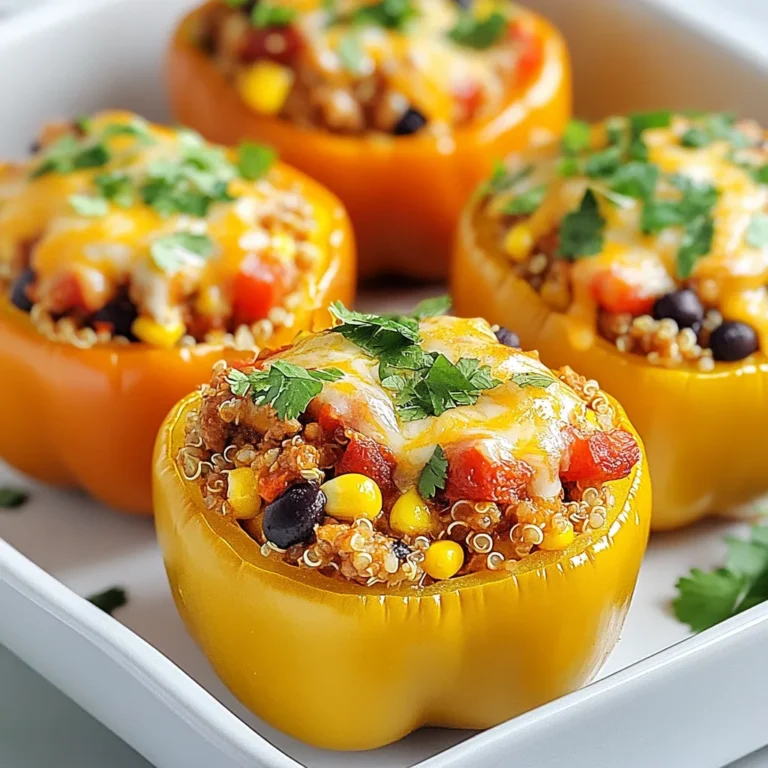- 4 large bell peppers (any color) - 1 lb ground chicken - 1 cup cooked quinoa - 1 cup black beans, rinsed and drained - 1 cup corn (frozen or fresh) - 1 teaspoon cumin - 1 teaspoon smoked paprika - ½ teaspoon garlic powder - ½ teaspoon onion powder - 1 cup diced tomatoes (canned or fresh) - 1 cup shredded cheese (cheddar or Monterey Jack) - Salt and pepper to taste - Fresh cilantro for garnish (optional) Chicken stuffed peppers are a healthy meal. They are high in protein and fiber. Ground chicken provides lean protein. Quinoa adds essential amino acids and fiber. Black beans and corn contribute vitamins and minerals. Each pepper has a good mix of nutrients. They are low in calories and filling. This meal keeps you satisfied without excess calories. You can easily swap ingredients. Try ground turkey instead of ground chicken. For a vegetarian option, use lentils or mushrooms. Quinoa can be replaced with brown rice. Black beans can change to kidney beans or chickpeas. Use any cheese you prefer, like mozzarella or feta. Fresh herbs like parsley can replace cilantro for a different flavor. {{ingredient_image_1}} First, gather your bell peppers. Choose four large ones, any color you like. Cut the tops off each pepper. Remove the seeds and membranes. This helps the filling fit well. Set the cleaned peppers aside on a plate. Next, heat a large skillet over medium heat. Add one pound of ground chicken. Cook it for about five to seven minutes. Use a spatula to break it apart. Once it’s browned, add one teaspoon each of cumin and smoked paprika. Then, add half a teaspoon of garlic powder and onion powder. Season with salt and pepper to taste. Stir everything well to blend the flavors. Mix in one cup of cooked quinoa, one cup of rinsed black beans, and one cup of corn. Add one cup of diced tomatoes to the mix. Stir until heated through, about two to three minutes. Finally, fold in half of the cheese. Now, it’s time to stuff the peppers. Spoon the chicken mixture evenly into each prepared bell pepper. Place them upright in a baking dish. Sprinkle the remaining cheese on top of each pepper. Cover the dish with foil and bake in your preheated oven at 375°F (190°C) for 25 minutes. After that, remove the foil and bake for another 10 minutes. This step makes the cheese bubbly and golden. Once done, let them cool for a few minutes. Enjoy your delicious chicken stuffed peppers! To cut bell peppers, start by placing them on a cutting board. Use a sharp knife to slice off the top. Next, cut down the sides to remove the seeds and membranes. This method keeps the pepper intact for stuffing. Rinse the insides under cold water to remove any remaining seeds. Choose firm peppers, as they will hold their shape better during baking. When cooking ground chicken, heat your skillet over medium heat. Add the chicken without any oil, as it has enough fat. Break it apart with a spatula while it cooks. Stir it often to ensure even browning. This takes about 5-7 minutes. Season the chicken with spices while it cooks for better flavor. Make sure it reaches an internal temperature of 165°F (75°C) for safety. For perfect melted cheese, use shredded cheese instead of slices. Shredded cheese melts more evenly. Add half the cheese to the filling mixture, and reserve the rest for topping. Cover the baking dish with foil for the first part of baking to help the cheese melt. Remove the foil near the end to let the cheese get bubbly and golden. This gives your stuffed peppers a great look and taste. Pro Tips Choose Colorful Peppers: Using a variety of colored bell peppers not only makes the dish visually appealing but also offers different flavor nuances. Make Ahead: Prep the stuffed peppers in advance and store them in the fridge. Bake them when you're ready to eat for a quick and easy meal. Add Spice: If you like heat, consider adding diced jalapeños or a pinch of cayenne pepper to the chicken mixture for an extra kick. Experiment with Fillings: Feel free to customize the filling with other proteins like turkey or beef, or add more veggies like zucchini or spinach for added nutrition. {{image_2}} To make a vegetarian version, swap the ground chicken for a hearty mix of veggies. Use ingredients like lentils, mushrooms, or chickpeas to add protein. You can also add brown rice or quinoa for a filling base. Season with the same spices, and top with cheese for a cheesy finish. This option keeps the dish tasty and satisfying while being meat-free. If you like heat, try adding diced jalapeños or crushed red pepper flakes to the chicken mix. You can also use spicy sausage instead of ground chicken for a bolder flavor. For an extra kick, top the peppers with a spicy sauce before serving. This variation brings a fun twist to the classic recipe and pleases spice lovers. You can easily change the flavors of your stuffed peppers. For Mediterranean-style, use feta cheese, olives, and fresh herbs like oregano and basil. Add cooked couscous or rice for texture. For a Tex-Mex version, mix in taco seasoning, black beans, and corn. Top with salsa and avocado for a vibrant finish. These variations bring global flavors to your kitchen! To store chicken stuffed peppers, let them cool first. Once cooled, place them in an airtight container. You can keep them in the fridge for up to four days. If you want to keep them longer, freezing is a great option. To reheat chicken stuffed peppers, preheat your oven to 350°F (175°C). Place the stuffed peppers in a baking dish. Cover them with foil to keep moisture in. Heat for about 20 minutes or until warm. You can also use the microwave. Heat on medium power for about 3-4 minutes, checking often. To freeze chicken stuffed peppers, prepare them as normal but do not bake. Instead, place them in a freezer-safe container. You can freeze them for up to three months. When you're ready to eat, thaw them in the fridge overnight. Bake them at 375°F (190°C) for about 30-35 minutes. Enjoy them fresh from the oven! Yes, you can use other meats. Ground turkey is a great swap. You can also try beef or pork. If you prefer a lighter option, ground turkey works very well. Remember to adjust cooking times based on the meat you choose. Each meat brings its own flavor. So, feel free to experiment with what you like! Using an Instant Pot is easy! First, prepare your peppers as usual. Then, cook the ground chicken in the pot. Add your spices and mix in the other ingredients. Once mixed, stuff the peppers. Place them in the pot on a trivet, and add water to the bottom. Set the pot to high pressure for about 10 minutes. Let it naturally release pressure for 5 minutes. This method gives you juicy, flavorful stuffed peppers in no time! Many sides pair well with Chicken Stuffed Peppers. Consider a fresh salad for crunch. Rice or quinoa can add more texture. You might also serve corn on the side for a sweet touch. For a hearty option, garlic bread is a great match. Each side can enhance your meal and bring variety. Enjoy mixing and matching to find your favorite combination! In this article, we explored chicken stuffed peppers, from ingredients to storage tips. You learned how to prep bell peppers, cook chicken, and create delicious fillings. We also covered variations for everyone, whether you prefer spicy, vegetarian, or international flavors. Storing and reheating options make this dish easy for any meal. Remember, you can use different meats or try an Instant Pot version as well. Enjoy your cooking journey, and let these stuffed peppers be a tasty addition to your meals!