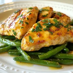 - 4 boneless, skinless chicken breasts - 4 tablespoons butter, divided - 6 cloves garlic, minced - 1 teaspoon dried thyme - 1 teaspoon paprika - 300g fresh green beans, trimmed - Salt - Pepper - 1 tablespoon olive oil - 1 tablespoon lemon juice - Fresh parsley, chopped (for garnish) - Chicken: Use 4 pieces, each about 200g. - Butter: Divide 4 tablespoons into 2 for cooking and 2 for flavor. - Garlic: Measure 6 cloves, finely minced. - Thyme and Paprika: Use 1 teaspoon each for a good balance. - Green Beans: Trim 300g until they are ready to cook. - Olive Oil: Just 1 tablespoon adds richness. - Lemon Juice: 1 tablespoon brightens the dish. - Fresh Parsley: Chop a handful for garnish. Cooking this dish is simple and fun. Each ingredient plays a key role in the overall taste. The chicken becomes juicy and flavorful from the butter and garlic. The green beans add a fresh crunch and color. This mix creates a delightful meal. You will love how quickly it comes together. {{ingredient_image_1}} Start by seasoning the chicken breasts. First, sprinkle salt and pepper on both sides. Then, add dried thyme and paprika. Make sure the spices coat the chicken evenly. This step is key for great flavor. Let the chicken sit for a few minutes. This allows the spices to soak in, making each bite tasty. Now, heat a large skillet over medium-high heat. Add 2 tablespoons of butter and let it melt. Once the butter is hot, add the seasoned chicken breasts. Cook them for about 5-7 minutes on one side. Flip the chicken when it turns golden brown. Cook for another 5-7 minutes. The chicken should be cooked through and juicy. Remove the chicken from the skillet and set it aside. In the same skillet, add the remaining 2 tablespoons of butter. Once it melts, add the minced garlic. Sauté the garlic for 1-2 minutes. Watch closely to prevent it from browning. Next, add the fresh green beans to the skillet. Stir the beans in the garlic butter for about 3-4 minutes. Drizzle olive oil and lemon juice over the green beans. Season them with salt and pepper. Cook until the beans are tender but still bright green. This adds a great crunch and color to your dish. Finally, return the chicken to the skillet. Spoon some garlic butter over the top and let it heat for one more minute. This mixes all the flavors together beautifully. To get golden brown chicken, start with dry breasts. Use paper towels to pat the chicken dry. Season both sides with salt, pepper, paprika, and thyme. Heat your skillet well before adding butter. This helps to sear the chicken. Cook for 5-7 minutes on each side. Don’t rush this; let the heat do its magic. Garlic cooks quickly, so keep an eye on it. Add minced garlic after the chicken cooks. Sauté it for just 1-2 minutes. You want it fragrant, not brown. Browning can make garlic taste bitter. If it starts to brown, lower the heat right away. For vibrant green beans, trim them before cooking. Add them to the skillet after the garlic. Stir them quickly in the garlic butter. Cook for about 3-4 minutes. Drizzle with olive oil and lemon juice. Season with salt and pepper. This keeps them bright and tender. Pro Tips Perfectly Cooked Chicken: Use a meat thermometer to ensure the chicken reaches an internal temperature of 165°F (75°C) for safe consumption. Flavor Infusion: Let the chicken rest for a few minutes after cooking; this allows the juices to redistribute for a more flavorful bite. Bright Green Beans: To keep the green beans vibrant, consider blanching them in boiling water for a minute before sautéing. Herb Variations: Experiment with different herbs like rosemary or oregano for a unique twist on flavor in your garlic butter. {{image_2}} If you want to switch things up, you can use different proteins. Fish, like salmon, works well with garlic butter. Tofu is a great choice for a plant-based meal. For seasonings, try fresh herbs like basil or oregano instead of thyme. You can also swap paprika for chili powder for a little kick. To make this dish gluten-free, use a gluten-free soy sauce or broth instead of regular versions. For a dairy-free option, replace butter with a plant-based spread or olive oil. This way, everyone can enjoy the meal without worry. You can add different herbs or spices to make this dish your own. Fresh rosemary gives a fragrant touch. A pinch of red pepper flakes adds heat. Lemon zest can brighten the flavors, too. Feel free to experiment and find your favorite mix! To store leftovers safely, first let the chicken and green beans cool. Place them in an airtight container. This helps keep moisture in and prevents any strong smells from spreading. You can store the dish in the fridge for about three days. If you want to keep it longer, consider freezing it. Use freezer-safe bags or containers to prevent freezer burn. When it's time to enjoy your leftovers, reheating is key. Microwave the chicken and green beans on a low setting. This helps to warm them without drying them out. You can also reheat them in a skillet over low heat. Add a splash of water or a little butter to keep moisture in. Cover the skillet to trap steam and heat evenly. If you want to prepare ahead of time, season the chicken and trim the green beans the night before. Store them in the fridge until you're ready to cook. You can also make the garlic butter in advance. Just store it in a small jar and keep it in the fridge. This way, dinner comes together quickly on busy nights. To check chicken doneness, use a meat thermometer. Insert it into the thickest part of the breast. The safe internal temperature is 165°F (75°C). If you do not have a thermometer, cut into the chicken. The juices should run clear, not pink. When you sear chicken, it should be golden brown outside. Yes, you can use frozen green beans. They are easy and quick to prepare. However, fresh green beans taste better and have a nice crunch. For frozen beans, cook them a bit longer in the skillet. This helps them to heat through and soak up that garlic butter flavor. Pair this dish with fluffy rice or creamy mashed potatoes. A crisp salad also works well. Garlic bread adds a nice touch and soaks up any leftover garlic butter. You can even serve it with roasted potatoes for a hearty meal. Enjoy mixing and matching! This blog covered all you need to make garlic butter chicken and green beans. We discussed key ingredients, step-by-step cooking instructions, and useful tips. You learned how to achieve perfectly cooked chicken and vibrant green beans. I shared variations for different diets and flavor preferences. Plus, proper storage and reheating methods ensure your meal stays tasty. With these insights, you can cook a delicious dish that impresses everyone. Enjoy your cooking journey and feel free to explore variations!