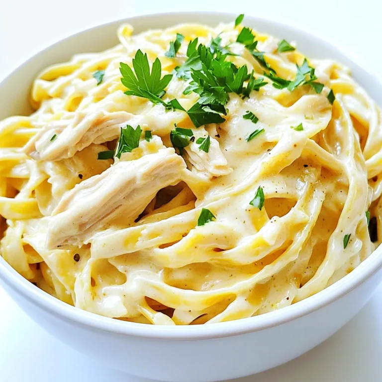- 1.5 pounds boneless, skinless chicken breasts - 1 cup heavy cream - 1 cup chicken broth - 8 ounces fettuccine pasta - 1 cup grated Parmesan cheese - 2 cloves garlic, minced - 1 teaspoon Italian seasoning - Salt and pepper to taste - 1 tablespoon olive oil To make this dish, I use simple, fresh ingredients. The chicken adds protein, while the heavy cream and Parmesan create a rich sauce. The fettuccine pasta gives it that classic look. - Fresh parsley for garnish Adding fresh parsley gives a nice pop of color. It also adds a bit of flavor. You can sprinkle it on top just before serving. - Slow cooker - Skillet - Two forks for shredding chicken - Stirring spoon You need a slow cooker for this meal. A skillet helps to sear the chicken first. The forks are essential for shredding the chicken into bite-sized pieces. Start by heating one tablespoon of olive oil in a skillet over medium heat. Take 1.5 pounds of boneless, skinless chicken breasts and season them with salt and pepper. Sear each breast for about 3-4 minutes on each side. You want a nice golden brown color for flavor. Once done, remove the chicken from the skillet and set it aside. Now, grab your slow cooker. Pour in one cup of heavy cream and one cup of chicken broth. Add two cloves of minced garlic and one teaspoon of Italian seasoning. Sprinkle in a bit of salt and pepper. Stir the mixture well to blend the flavors. Next, place the seared chicken breasts into the slow cooker. Ensure they are fully submerged in the creamy mixture. Cover the slow cooker and set it to low heat for 4-5 hours. This makes the chicken tender and juicy. After cooking, take the chicken out of the slow cooker. Use two forks to shred the chicken into bite-sized pieces. Put the shredded chicken back into the slow cooker. Add eight ounces of fettuccine pasta directly into the sauce. Stir well to make sure it's covered. Cook on high for 30 minutes, stirring occasionally. Once the pasta is al dente, mix in one cup of grated Parmesan cheese until it melts into a creamy sauce. Taste and adjust seasoning with more salt and pepper if needed. Serve warm and add fresh parsley on top for a nice touch. Enjoy your creamy delight! To get the best flavor from your chicken, start by searing it. Heat olive oil in a skillet. Season your chicken with salt and pepper. Cook it for about three to four minutes on each side. This step makes the chicken golden and tasty. Once seared, move it to the slow cooker. Let it soak in the creamy sauce for extra flavor. To make your sauce really creamy, use heavy cream and chicken broth. Mix them well in the slow cooker. Adding Parmesan cheese at the end boosts the creaminess even more. Stir it in when the pasta is cooked. If you want it even creamier, add a bit more cheese. This gives the dish a rich, smooth finish. Seasoning is key in this recipe. Use garlic and Italian seasoning for a fresh taste. Add salt and pepper to bring out the flavors. Taste your sauce before serving. If it needs more flavor, adjust the seasonings. Fresh parsley adds a nice touch when serving. It makes the dish look and taste even better. {{image_2}} You can switch up the pasta in this recipe. While fettuccine works great, other options exist. Try penne, rotini, or even whole wheat pasta. Each type will change the texture, but the creamy sauce will still shine through. Just keep an eye on cooking times. Smaller shapes might cook faster, so adjust accordingly. To make a lighter version, you can use alternatives. Replace heavy cream with half-and-half or a mix of Greek yogurt and milk. This change cuts the fat but still keeps some creaminess. You can also use low-sodium chicken broth. This helps reduce sodium levels without losing flavor. Adding more ingredients can boost flavor and nutrition. Consider adding veggies like spinach, broccoli, or bell peppers. These not only add color but also nutrients. You could also mix in cooked shrimp or mushrooms for extra taste. For an herb boost, fresh basil or thyme can elevate the dish even more. You can store your leftover Slow Cooker Chicken Alfredo Pasta in the fridge. Use an airtight container. It will stay fresh for 3 to 4 days. Before storing, let it cool completely. This step helps prevent sogginess. If you want to keep it longer, freezing is a great option. Place the pasta in a freezer-safe container. Make sure to leave some space at the top for expansion. You can freeze it for up to 3 months. When ready to eat, thaw it in the fridge overnight. To reheat, use the stove for the best texture. Add a splash of chicken broth or cream to keep it creamy. Heat it over low heat, stirring often. You can also use the microwave. Place it in a bowl, cover it loosely, and heat in short bursts. Stir in between until it’s warm. Yes, you can use frozen chicken breasts. Just make sure to add extra cooking time. I recommend cooking on low for about 6-8 hours. This way, the chicken cooks well and stays juicy. If you use frozen chicken, skip the searing step. Just place the frozen chicken directly in the slow cooker with the sauce. To thicken your Alfredo sauce, you can add more cheese. Parmesan cheese works best. Another option is to mix in a little cornstarch with water. Stir the mixture into the sauce and let it cook for a few more minutes. This will help create a rich and creamy texture. Remember, cooking the pasta in the sauce also helps thicken it. Several side dishes go well with Chicken Alfredo Pasta. A fresh garden salad adds a nice crunch. Garlic bread is a classic choice and is perfect for dipping. Steamed broccoli or green beans add color and nutrients. You can also serve a light soup for a warm touch. All these options balance well with the creamy pasta dish. This blog post covered all you need to know for a great dish. We discussed key ingredients, cooking steps, and handy tips. You learned how to prepare chicken, create a creamy sauce, and assemble the meal. We also explored meal variations and storage methods to keep your food fresh. Remember, the right seasonings can make all the difference. Enjoy cooking and sharing this dish with others!