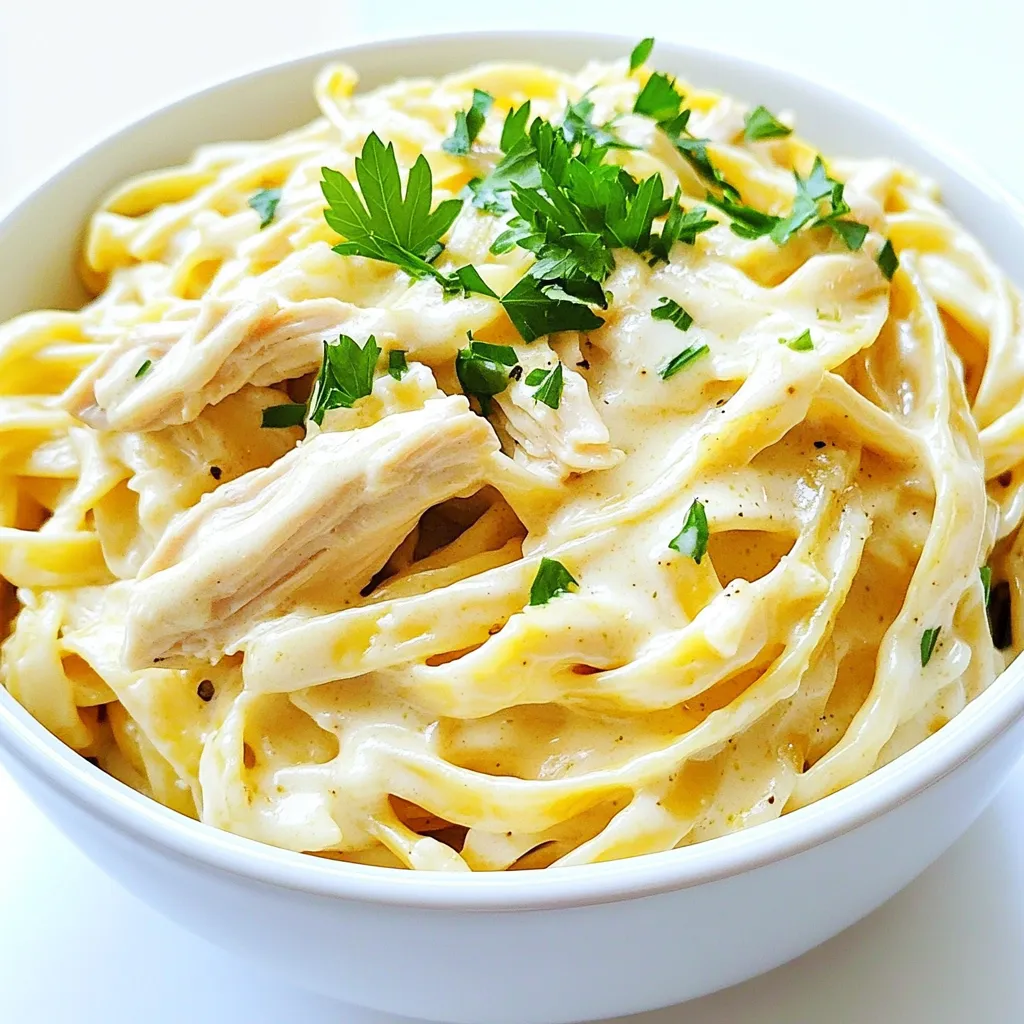 - 1.5 pounds boneless, skinless chicken breasts - 1 cup heavy cream - 1 cup chicken broth - 8 ounces fettuccine pasta - 1 cup grated Parmesan cheese - 2 cloves garlic, minced - 1 teaspoon Italian seasoning - Salt and pepper to taste - 1 tablespoon olive oil To make this dish, I use simple, fresh ingredients. The chicken adds protein, while the heavy cream and Parmesan create a rich sauce. The fettuccine pasta gives it that classic look. - Fresh parsley for garnish Adding fresh parsley gives a nice pop of color. It also adds a bit of flavor. You can sprinkle it on top just before serving. - Slow cooker - Skillet - Two forks for shredding chicken - Stirring spoon You need a slow cooker for this meal. A skillet helps to sear the chicken first. The forks are essential for shredding the chicken into bite-sized pieces. Start by heating one tablespoon of olive oil in a skillet over medium heat. Take 1.5 pounds of boneless, skinless chicken breasts and season them with salt and pepper. Sear each breast for about 3-4 minutes on each side. You want a nice golden brown color for flavor. Once done, remove the chicken from the skillet and set it aside. Now, grab your slow cooker. Pour in one cup of heavy cream and one cup of chicken broth. Add two cloves of minced garlic and one teaspoon of Italian seasoning. Sprinkle in a bit of salt and pepper. Stir the mixture well to blend the flavors. Next, place the seared chicken breasts into the slow cooker. Ensure they are fully submerged in the creamy mixture. Cover the slow cooker and set it to low heat for 4-5 hours. This makes the chicken tender and juicy. After cooking, take the chicken out of the slow cooker. Use two forks to shred the chicken into bite-sized pieces. Put the shredded chicken back into the slow cooker. Add eight ounces of fettuccine pasta directly into the sauce. Stir well to make sure it's covered. Cook on high for 30 minutes, stirring occasionally. Once the pasta is al dente, mix in one cup of grated Parmesan cheese until it melts into a creamy sauce. Taste and adjust seasoning with more salt and pepper if needed. Serve warm and add fresh parsley on top for a nice touch. Enjoy your creamy delight! To get the best flavor from your chicken, start by searing it. Heat olive oil in a skillet. Season your chicken with salt and pepper. Cook it for about three to four minutes on each side. This step makes the chicken golden and tasty. Once seared, move it to the slow cooker. Let it soak in the creamy sauce for extra flavor. To make your sauce really creamy, use heavy cream and chicken broth. Mix them well in the slow cooker. Adding Parmesan cheese at the end boosts the creaminess even more. Stir it in when the pasta is cooked. If you want it even creamier, add a bit more cheese. This gives the dish a rich, smooth finish. Seasoning is key in this recipe. Use garlic and Italian seasoning for a fresh taste. Add salt and pepper to bring out the flavors. Taste your sauce before serving. If it needs more flavor, adjust the seasonings. Fresh parsley adds a nice touch when serving. It makes the dish look and taste even better. {{image_2}} You can switch up the pasta in this recipe. While fettuccine works great, other options exist. Try penne, rotini, or even whole wheat pasta. Each type will change the texture, but the creamy sauce will still shine through. Just keep an eye on cooking times. Smaller shapes might cook faster, so adjust accordingly. To make a lighter version, you can use alternatives. Replace heavy cream with half-and-half or a mix of Greek yogurt and milk. This change cuts the fat but still keeps some creaminess. You can also use low-sodium chicken broth. This helps reduce sodium levels without losing flavor. Adding more ingredients can boost flavor and nutrition. Consider adding veggies like spinach, broccoli, or bell peppers. These not only add color but also nutrients. You could also mix in cooked shrimp or mushrooms for extra taste. For an herb boost, fresh basil or thyme can elevate the dish even more. You can store your leftover Slow Cooker Chicken Alfredo Pasta in the fridge. Use an airtight container. It will stay fresh for 3 to 4 days. Before storing, let it cool completely. This step helps prevent sogginess. If you want to keep it longer, freezing is a great option. Place the pasta in a freezer-safe container. Make sure to leave some space at the top for expansion. You can freeze it for up to 3 months. When ready to eat, thaw it in the fridge overnight. To reheat, use the stove for the best texture. Add a splash of chicken broth or cream to keep it creamy. Heat it over low heat, stirring often. You can also use the microwave. Place it in a bowl, cover it loosely, and heat in short bursts. Stir in between until it’s warm. Yes, you can use frozen chicken breasts. Just make sure to add extra cooking time. I recommend cooking on low for about 6-8 hours. This way, the chicken cooks well and stays juicy. If you use frozen chicken, skip the searing step. Just place the frozen chicken directly in the slow cooker with the sauce. To thicken your Alfredo sauce, you can add more cheese. Parmesan cheese works best. Another option is to mix in a little cornstarch with water. Stir the mixture into the sauce and let it cook for a few more minutes. This will help create a rich and creamy texture. Remember, cooking the pasta in the sauce also helps thicken it. Several side dishes go well with Chicken Alfredo Pasta. A fresh garden salad adds a nice crunch. Garlic bread is a classic choice and is perfect for dipping. Steamed broccoli or green beans add color and nutrients. You can also serve a light soup for a warm touch. All these options balance well with the creamy pasta dish. This blog post covered all you need to know for a great dish. We discussed key ingredients, cooking steps, and handy tips. You learned how to prepare chicken, create a creamy sauce, and assemble the meal. We also explored meal variations and storage methods to keep your food fresh. Remember, the right seasonings can make all the difference. Enjoy cooking and sharing this dish with others!