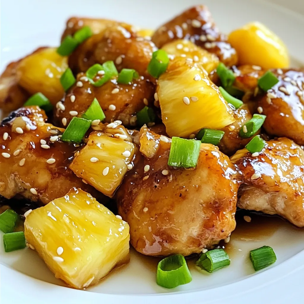 - 4 boneless, skinless chicken breasts - 1 cup fresh pineapple chunks (or canned, drained) - 1/3 cup brown sugar - 1/4 cup soy sauce - 2 tablespoons olive oil - 2 cloves garlic, minced - 1 tablespoon grated fresh ginger - 1/2 teaspoon black pepper - 1/4 teaspoon red pepper flakes (optional for heat) - Chopped green onions, for garnish - Sesame seeds, for garnish For chicken, I recommend using organic or free-range brands. They offer better taste and quality. Look for brands like Perdue or Bell & Evans. For brown sugar, try brands like Domino or C&H. They provide consistent sweetness. For soy sauce, Kikkoman is a trusted choice. It has a rich flavor. Fresh ginger can be found at local markets. Always look for firm, smooth roots. You can swap chicken with turkey or even tofu for a plant-based option. If you can't find fresh pineapple, canned works great too. Just make sure to drain it well. If you want less sweetness, use light brown sugar or reduce the amount. For soy sauce, tamari is a gluten-free alternative. If you like more heat, add more red pepper flakes. {{ingredient_image_1}} To make the marinade, grab a medium bowl. Start by adding the brown sugar. Next, pour in the soy sauce and olive oil. Then, add minced garlic and grated ginger. Sprinkle in black pepper and red pepper flakes for heat if you like. Whisk this mixture until it looks smooth and well blended. This sweet and savory blend will give your chicken great flavor. Take your chicken breasts and place them in a large resealable bag or a shallow dish. Pour the marinade over the chicken. Make sure each piece is coated well. Seal the bag or cover the dish. Now, let the chicken marinate in the fridge for at least 30 minutes. You can leave it for up to 4 hours for even more flavor. The more time it sits, the better it tastes! You have two great options for cooking: grilling or using a skillet. If you choose to grill, preheat your grill to medium-high heat. Lightly oil the grill grates to prevent sticking. If you prefer a skillet, heat it on medium-high and add a dash of olive oil. Remove the chicken from the marinade, letting the extra drip off. Save the leftover marinade to make a sauce. Cook the chicken for about 6-7 minutes on each side. Use a meat thermometer to check that it reaches 165°F (75°C). If you are grilling or using a skillet, add pineapple chunks during the last few minutes. Cook them until they caramelize, which takes about 2-3 minutes. Once done, drizzle the thickened glaze from the leftover marinade over the chicken. Enjoy the sweet and tangy flavors! Marinating is key to making your chicken flavorful. Use a resealable bag or a shallow dish. This allows all sides of the chicken to soak in the marinade. Make sure the chicken is fully covered. For best results, let it marinate for at least 30 minutes. If you can, try to marinate for up to 4 hours. This extra time really helps the flavors blend well. Cooking temperature matters a lot. Preheat your grill or skillet to medium-high heat. This helps to get a nice sear on the chicken. Cook the chicken for 6-7 minutes on each side. Always check the internal temperature. It should reach 165°F (75°C) for safe eating. If using a grill, keep the lid down to help cook evenly. Garnishing adds a beautiful touch to your dish. Chopped green onions and sesame seeds work great. They add both color and texture. You can also add extra grilled pineapple on top for sweetness. This makes the dish look amazing and taste even better! Pro Tips Marinate for Maximum Flavor: Allow the chicken to marinate for at least 2 hours, or overnight if possible, to fully absorb the sweet and savory flavors of the marinade. Perfectly Grilled Chicken: Use a meat thermometer to check for doneness; chicken should reach an internal temperature of 165°F (75°C) for optimal juiciness and safety. Caramelizing Pineapple: For an extra layer of flavor, grill the pineapple until it has nice char marks and is slightly softened, enhancing its natural sweetness. Thickening the Sauce: To achieve a thicker glaze, let the marinade simmer for a longer time, stirring occasionally to prevent burning and to enhance the flavors. {{image_2}} You can make brown sugar pineapple chicken even more tasty. Try adding spices like cumin or coriander. These spices bring a warm flavor that works well with the sweet pineapple. You might also mix in some chili powder for a kick. A bit of cinnamon can add a sweet warmth too. Experiment with what you love! If you want a twist, swap chicken for shrimp or tofu. Shrimp cooks fast and takes in the flavor well. Just adjust cooking time to about 3-4 minutes per side. Tofu is a great choice for a vegan meal. Use firm tofu, and marinate it just like chicken. It absorbs the flavors nicely, making it delicious and filling. Serve your chicken with rice or a fresh salad. Jasmine or basmati rice pairs well with the glaze. If you want something lighter, a mixed green salad works great. For extra flavor, toss in some avocado or nuts. You can also serve it with grilled veggies for more color and taste. Enjoy your meal with family and friends! You can freeze brown sugar pineapple chicken. First, let it cool completely. Then, put it in a freezer-safe bag or container. Be sure to squeeze out the air. Label it with the date. It will last up to three months in the freezer. When ready to eat, thaw it overnight in the fridge. To reheat the chicken, you can use the oven or microwave. If using the oven, preheat it to 350°F (175°C). Place the chicken on a baking sheet and cover it with foil. Heat for about 15-20 minutes, or until hot. If using the microwave, put the chicken on a microwave-safe plate. Heat in short bursts of 1-2 minutes. Check to make sure it’s hot throughout. In the fridge, brown sugar pineapple chicken lasts for 3-4 days. Store it in an airtight container. Always check for signs of spoilage before eating. If it smells off or has changed color, it’s best to throw it away. Enjoy it within this time to keep it fresh and tasty. Yes, you can use canned pineapple. Just make sure to drain it well. Canned pineapple is sweet and works in this recipe. It saves time and gives great flavor. Fresh pineapple is best, but canned is a good choice if you are in a hurry. You can marinate the chicken for 30 minutes to 4 hours. The longer you marinate, the more flavor the chicken absorbs. If you are short on time, 30 minutes is still effective. Just make sure to keep it refrigerated while marinating. This dish pairs well with rice, quinoa, or a fresh salad. The sweetness of the chicken complements the flavors of a simple salad. You can also serve it with steamed veggies for a healthy side. Try adding some sesame noodles for a twist! This blog post covered marinating chicken with a tasty pineapple blend. We explored key ingredients, brands, and substitutions. I provided step-by-step instructions for marinating and cooking. Tips for best practices and cooking time help you succeed. Feel free to experiment with flavors and proteins. Remember storage tips to keep your dish fresh. Enjoy the journey of cooking!