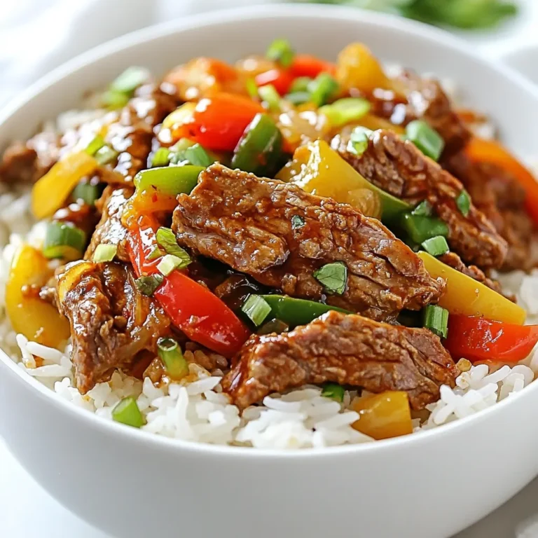 - 1 lb (450g) flank steak, thinly sliced - 1 cup jasmine rice - 2 cups beef broth - 1 tablespoon soy sauce - 1 tablespoon oyster sauce - 1 tablespoon rice vinegar - 1 red bell pepper, sliced - 1 green bell pepper, sliced - 2 tablespoons cornstarch - 1 tablespoon vegetable oil - 3 cloves garlic, minced - 1 teaspoon ginger, minced - 1 teaspoon red chili flakes (adjust to taste) - Salt and pepper to taste - Scallions, chopped (for garnish) To make Crispy Chili Beef Rice, you need a few tools: - A medium saucepan for the rice. - A large skillet or wok for frying and stir-frying. - A bowl for marinating the beef. - A fork for fluffing the rice. - A paper towel for draining the beef. You can switch some ingredients to suit your taste: - Use chicken breast instead of flank steak for a lighter dish. - Swap jasmine rice for brown rice for more fiber. - Use tamari sauce instead of soy sauce for a gluten-free option. - Add more vegetables like broccoli or carrots for extra nutrition. {{ingredient_image_1}} Start with 1 pound of flank steak. Slice it thinly. In a bowl, mix soy sauce, oyster sauce, rice vinegar, and a pinch of salt and pepper. Add the beef to the marinade. Ensure all pieces are well-coated. Let it sit for at least 20 minutes. This helps the beef soak up flavors. Next, rinse 1 cup of jasmine rice under cold water. Keep rinsing until the water runs clear. In a medium saucepan, combine the rinsed rice and 2 cups of beef broth. Bring it to a boil. Cover the pot and reduce the heat to low. Cook for about 15 minutes. The rice should be tender and the broth absorbed. Fluff it with a fork and set it aside. Now, it's time to crisp the beef. Toss the marinated beef with 2 tablespoons of cornstarch. This gives it a nice crunch. In a large skillet or wok, heat 1 tablespoon of vegetable oil over medium-high heat. Add the beef in batches. Do not overcrowd the pan. Fry for about 3-4 minutes per side until crispy. Remove it and place on a paper towel to drain excess oil. In the same skillet, add 3 minced garlic cloves and 1 teaspoon of minced ginger. Sauté for about 30 seconds until fragrant. Then, toss in the sliced red and green bell peppers. Stir-fry for 2-3 minutes. You want them tender but still crisp. Add the crispy beef back into the skillet with the sautéed veggies. Stir everything together. Sauté for another minute to combine the flavors. Taste and adjust seasoning if needed. To serve, place a generous scoop of jasmine rice on a plate. Top it with the crispy chili beef mixture. For a fresh touch, garnish with chopped scallions. You can also add lime wedges on the side for extra zest. Enjoy your meal! To get that perfect crispy beef, you need to coat it well. Use cornstarch to cover the beef slices evenly. This helps create a nice crunch. Fry the beef in small batches. Overcrowding the pan makes it steam instead of crisp. Cook each side for three to four minutes until golden brown. Allow the beef to rest on paper towels. This drains excess oil and keeps it crispy. Spice can make or break a dish. For this recipe, start with one teaspoon of red chili flakes. This gives a nice kick without being too hot. If you like it spicier, add more chili flakes while cooking. You can also add fresh chili slices for an extra punch. Taste the dish before serving to find the right heat for you. Cooking rice can be tricky, but it’s simple with jasmine rice. Rinse it under cold water until it runs clear. This removes excess starch, which helps the rice stay fluffy. Combine one cup of rice with two cups of beef broth. Bring it to a boil, cover it, and reduce the heat. Cook for about 15 minutes. Once done, fluff it with a fork. This makes sure each grain is separate and perfect for serving. Pro Tips Marination Matters: Allowing the beef to marinate for at least 20 minutes enhances the flavor. For even better results, marinate for a few hours or overnight in the fridge. Crispiness is Key: Ensure the beef is coated evenly with cornstarch and fry in batches to prevent steaming. This will help achieve a perfectly crispy texture. Veggie Crunch: Don’t overcook the bell peppers; they should still have a bit of crunch for a delightful contrast in texture with the crispy beef. Garnish for Flavor: Fresh scallions or a squeeze of lime juice can elevate your dish, adding freshness and brightness to the rich flavors of the beef. {{image_2}} You can swap the flank steak for chicken or tofu. Chicken breast works great. Just slice it thin like the beef. Marinate it the same way. Tofu is a fantastic choice for a meatless version. Use firm tofu, and press out the water before slicing. This helps it crisp up nicely. Feel free to add more veggies to the mix. Broccoli and carrots are excellent choices. They add color and crunch. Cut them into small pieces so they cook quickly. Add them to the pan after the garlic and ginger. Stir-fry until they are bright and tender. If you need a gluten-free dish, use tamari instead of soy sauce. It gives the same flavor without gluten. Also, check your oyster sauce label for gluten-free options. Most brands offer a gluten-free version. This way, everyone can enjoy the crispy chili beef rice! To keep your crispy chili beef rice fresh, wait for it to cool. Place it in an airtight container. Store it in the fridge. It stays good for 3-4 days. Make sure to separate the beef from the rice if you can. This helps keep the beef crispy for longer. When you are ready to eat, reheat the beef and rice. You can use a microwave or a stovetop. For the microwave, heat in short bursts. Stir between each burst until warm. On the stovetop, add a splash of water or broth. Heat on low until everything is hot. This keeps the rice from getting dry. If you want to save some for later, freezing works well. Place the beef and rice in separate containers. Use freezer-safe bags or containers. They can last for up to 3 months in the freezer. When ready to eat, thaw in the fridge overnight. Then, follow the reheating instructions to enjoy your meal again! Yes, you can make this dish ahead of time. Marinate the beef and cook the rice. Store them separately in the fridge. You can fry the beef just before serving. This way, it stays crispy. Crispy Chili Beef Rice pairs well with many sides. Here are some ideas: - Steamed broccoli - Simple green salad - Garlic bread - Pickled vegetables These options add nice color and flavor. They also balance the richness of the beef. The spice level can change based on your taste. The recipe calls for one teaspoon of red chili flakes. This gives a medium heat. If you want it spicier, add more chili flakes. For less heat, use less or skip them. Adjust to what you like! In this post, I covered the essential steps to make Crispy Chili Beef Rice. We discussed needed ingredients, cooking tools, and alternatives. I provided a clear, step-by-step guide for marinating, cooking, and serving this dish. I also shared helpful tips for crisping beef and adjusting spice levels. Variations and storage information ensure you can adapt the meal to your needs. By following these steps, you can create a tasty dish that satisfies your appetite. Enjoy your cooking adventures!