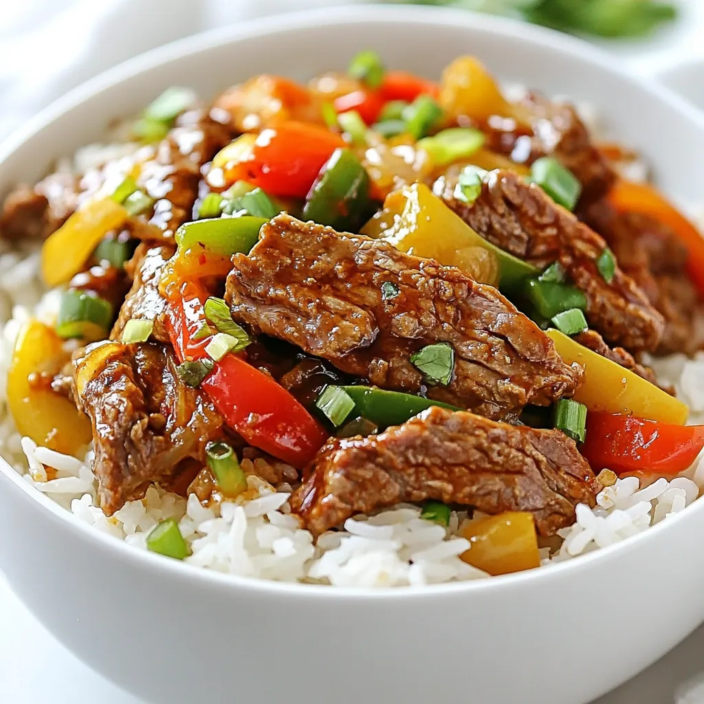 - 1 lb (450g) flank steak, thinly sliced - 1 cup jasmine rice - 2 cups beef broth - 1 tablespoon soy sauce - 1 tablespoon oyster sauce - 1 tablespoon rice vinegar - 1 red bell pepper, sliced - 1 green bell pepper, sliced - 2 tablespoons cornstarch - 1 tablespoon vegetable oil - 3 cloves garlic, minced - 1 teaspoon ginger, minced - 1 teaspoon red chili flakes (adjust to taste) - Salt and pepper to taste - Scallions, chopped (for garnish) To make Crispy Chili Beef Rice, you need a few tools: - A medium saucepan for the rice. - A large skillet or wok for frying and stir-frying. - A bowl for marinating the beef. - A fork for fluffing the rice. - A paper towel for draining the beef. You can switch some ingredients to suit your taste: - Use chicken breast instead of flank steak for a lighter dish. - Swap jasmine rice for brown rice for more fiber. - Use tamari sauce instead of soy sauce for a gluten-free option. - Add more vegetables like broccoli or carrots for extra nutrition. {{ingredient_image_1}} Start with 1 pound of flank steak. Slice it thinly. In a bowl, mix soy sauce, oyster sauce, rice vinegar, and a pinch of salt and pepper. Add the beef to the marinade. Ensure all pieces are well-coated. Let it sit for at least 20 minutes. This helps the beef soak up flavors. Next, rinse 1 cup of jasmine rice under cold water. Keep rinsing until the water runs clear. In a medium saucepan, combine the rinsed rice and 2 cups of beef broth. Bring it to a boil. Cover the pot and reduce the heat to low. Cook for about 15 minutes. The rice should be tender and the broth absorbed. Fluff it with a fork and set it aside. Now, it's time to crisp the beef. Toss the marinated beef with 2 tablespoons of cornstarch. This gives it a nice crunch. In a large skillet or wok, heat 1 tablespoon of vegetable oil over medium-high heat. Add the beef in batches. Do not overcrowd the pan. Fry for about 3-4 minutes per side until crispy. Remove it and place on a paper towel to drain excess oil. In the same skillet, add 3 minced garlic cloves and 1 teaspoon of minced ginger. Sauté for about 30 seconds until fragrant. Then, toss in the sliced red and green bell peppers. Stir-fry for 2-3 minutes. You want them tender but still crisp. Add the crispy beef back into the skillet with the sautéed veggies. Stir everything together. Sauté for another minute to combine the flavors. Taste and adjust seasoning if needed. To serve, place a generous scoop of jasmine rice on a plate. Top it with the crispy chili beef mixture. For a fresh touch, garnish with chopped scallions. You can also add lime wedges on the side for extra zest. Enjoy your meal! To get that perfect crispy beef, you need to coat it well. Use cornstarch to cover the beef slices evenly. This helps create a nice crunch. Fry the beef in small batches. Overcrowding the pan makes it steam instead of crisp. Cook each side for three to four minutes until golden brown. Allow the beef to rest on paper towels. This drains excess oil and keeps it crispy. Spice can make or break a dish. For this recipe, start with one teaspoon of red chili flakes. This gives a nice kick without being too hot. If you like it spicier, add more chili flakes while cooking. You can also add fresh chili slices for an extra punch. Taste the dish before serving to find the right heat for you. Cooking rice can be tricky, but it’s simple with jasmine rice. Rinse it under cold water until it runs clear. This removes excess starch, which helps the rice stay fluffy. Combine one cup of rice with two cups of beef broth. Bring it to a boil, cover it, and reduce the heat. Cook for about 15 minutes. Once done, fluff it with a fork. This makes sure each grain is separate and perfect for serving. Pro Tips Marination Matters: Allowing the beef to marinate for at least 20 minutes enhances the flavor. For even better results, marinate for a few hours or overnight in the fridge. Crispiness is Key: Ensure the beef is coated evenly with cornstarch and fry in batches to prevent steaming. This will help achieve a perfectly crispy texture. Veggie Crunch: Don’t overcook the bell peppers; they should still have a bit of crunch for a delightful contrast in texture with the crispy beef. Garnish for Flavor: Fresh scallions or a squeeze of lime juice can elevate your dish, adding freshness and brightness to the rich flavors of the beef. {{image_2}} You can swap the flank steak for chicken or tofu. Chicken breast works great. Just slice it thin like the beef. Marinate it the same way. Tofu is a fantastic choice for a meatless version. Use firm tofu, and press out the water before slicing. This helps it crisp up nicely. Feel free to add more veggies to the mix. Broccoli and carrots are excellent choices. They add color and crunch. Cut them into small pieces so they cook quickly. Add them to the pan after the garlic and ginger. Stir-fry until they are bright and tender. If you need a gluten-free dish, use tamari instead of soy sauce. It gives the same flavor without gluten. Also, check your oyster sauce label for gluten-free options. Most brands offer a gluten-free version. This way, everyone can enjoy the crispy chili beef rice! To keep your crispy chili beef rice fresh, wait for it to cool. Place it in an airtight container. Store it in the fridge. It stays good for 3-4 days. Make sure to separate the beef from the rice if you can. This helps keep the beef crispy for longer. When you are ready to eat, reheat the beef and rice. You can use a microwave or a stovetop. For the microwave, heat in short bursts. Stir between each burst until warm. On the stovetop, add a splash of water or broth. Heat on low until everything is hot. This keeps the rice from getting dry. If you want to save some for later, freezing works well. Place the beef and rice in separate containers. Use freezer-safe bags or containers. They can last for up to 3 months in the freezer. When ready to eat, thaw in the fridge overnight. Then, follow the reheating instructions to enjoy your meal again! Yes, you can make this dish ahead of time. Marinate the beef and cook the rice. Store them separately in the fridge. You can fry the beef just before serving. This way, it stays crispy. Crispy Chili Beef Rice pairs well with many sides. Here are some ideas: - Steamed broccoli - Simple green salad - Garlic bread - Pickled vegetables These options add nice color and flavor. They also balance the richness of the beef. The spice level can change based on your taste. The recipe calls for one teaspoon of red chili flakes. This gives a medium heat. If you want it spicier, add more chili flakes. For less heat, use less or skip them. Adjust to what you like! In this post, I covered the essential steps to make Crispy Chili Beef Rice. We discussed needed ingredients, cooking tools, and alternatives. I provided a clear, step-by-step guide for marinating, cooking, and serving this dish. I also shared helpful tips for crisping beef and adjusting spice levels. Variations and storage information ensure you can adapt the meal to your needs. By following these steps, you can create a tasty dish that satisfies your appetite. Enjoy your cooking adventures!