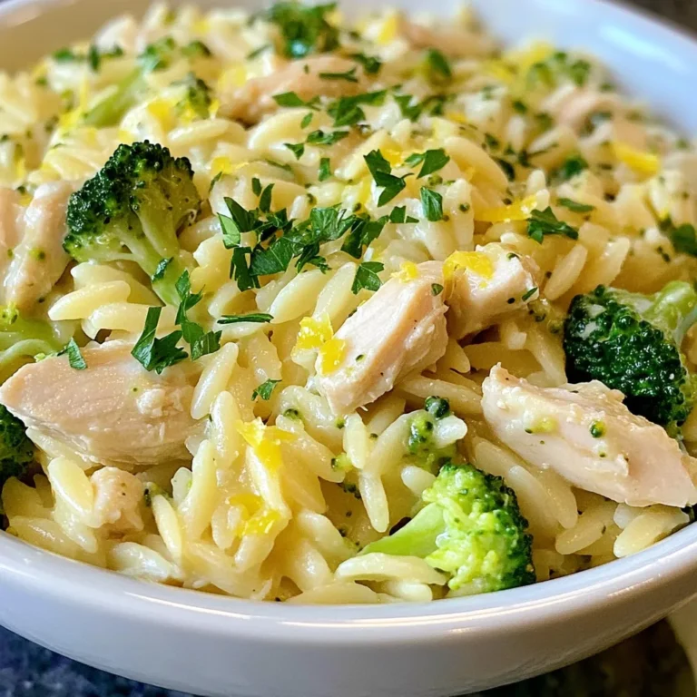 To make a hearty chicken broccoli orzo, you need simple, fresh ingredients. Here’s the list: - 1 cup orzo pasta - 2 cups broccoli florets - 1 pound chicken breast, diced - 2 tablespoons olive oil - 2 cloves garlic, minced - 1 cup chicken broth - 1 teaspoon lemon zest - 1 tablespoon lemon juice - 1/2 cup grated Parmesan cheese - Salt and pepper to taste - Fresh parsley, chopped (for garnish) These ingredients create a balanced dish full of flavor and nutrition. The orzo pasta gives a nice texture. Chicken adds protein, and broccoli brings vitamins. You can elevate your dish with a few optional ingredients. Though not necessary, they add depth: - Crushed red pepper flakes for heat - A splash of white wine for richness - Sun-dried tomatoes for a sweet touch - Fresh basil or thyme for herby notes These optional ingredients can give your dish a unique twist. Feel free to mix and match based on your taste! Seasoning is key to making your chicken broccoli orzo shine. Here are some great options: - Freshly cracked black pepper for warmth - Sea salt to enhance flavors - A squeeze of fresh lemon juice for brightness - Extra grated Parmesan cheese for creaminess - A sprinkle of chopped parsley for color These seasonings will help you create a dish that is not only tasty but also pleasing to the eye. Garnishes like parsley add a fresh look and extra flavor. {{ingredient_image_1}} First, bring a pot of salted water to a boil. Add 1 cup of orzo pasta to the pot. Cook the pasta according to the package instructions until it is al dente. This usually takes about 8-10 minutes. Once cooked, drain the orzo and set it aside. While the orzo cooks, heat 2 tablespoons of olive oil in a large skillet over medium heat. Add 1 pound of diced chicken breast to the skillet. Season the chicken with salt and pepper. Sauté the chicken for about 5-7 minutes. Cook it until it turns golden brown and is no longer pink inside. Once done, remove the chicken from the skillet and set it aside. In the same skillet, add 2 minced cloves of garlic. Sauté the garlic for about 1 minute, until it smells nice and fragrant. Next, add 2 cups of broccoli florets to the skillet. Pour in 1 cup of chicken broth. Cover the skillet and cook for about 4-5 minutes. This helps the broccoli steam and become bright green and tender. After the broccoli is cooked, stir in the cooked orzo and the chicken. Add 1 teaspoon of lemon zest and 1 tablespoon of lemon juice. Toss everything together gently over low heat until well mixed and heated through. Remove the skillet from the heat. Stir in 1/2 cup of grated Parmesan cheese. Mix until the cheese melts and makes everything creamy. Taste and adjust the seasoning with more salt and pepper if you like. Serve the chicken broccoli orzo hot. Garnish with fresh chopped parsley for a nice touch. Enjoy your meal! To cook orzo just right, use a pot of salted boiling water. Add 1 cup of orzo pasta and stir it. Cook according to package directions, usually about 8-10 minutes. Test it for doneness; it should be al dente, firm yet tender. Once done, drain the orzo in a colander. Rinse it briefly under cold water to stop the cooking. This keeps it from getting mushy. To bring out the best flavors, add a few simple spices. Salt and pepper are a must for seasoning the chicken. You can also sprinkle in some garlic powder for an extra kick. If you like a bit of heat, try adding red pepper flakes. A touch of Italian seasoning can also work wonders. These spices brighten the dish and make every bite tasty. For a lovely presentation, serve Chicken Broccoli Orzo in bowls. Top each serving with a sprinkle of grated Parmesan cheese. A few fresh parsley leaves add a nice color contrast. For an extra zing, squeeze a bit of lemon juice on top. This dish pairs well with a simple green salad or crusty bread. Enjoy this warm and filling meal straight from the pan! Pro Tips Cook Orzo Al Dente: Make sure to cook the orzo until just al dente, as it will continue to cook when combined with the other ingredients. Season the Chicken Well: Don’t skimp on seasoning the chicken; it enhances the overall flavor of the dish. Use Fresh Broccoli: For the best texture and flavor, opt for fresh broccoli florets instead of frozen. Garnish Just Before Serving: Add the chopped parsley right before serving to maintain its vibrant color and freshness. {{image_2}} You can make a tasty vegetarian version of Chicken Broccoli Orzo. Simply swap the chicken for firm tofu or chickpeas. Both add protein and flavor. Use vegetable broth instead of chicken broth. This keeps the dish rich and satisfying without meat. You’ll still enjoy the creamy texture and bright flavors with lemon and cheese. Feel free to get creative with your veggies! You can add bell peppers, carrots, or spinach. Each veggie brings a new taste and color. Just chop them up and add them when you cook the broccoli. They will steam nicely and blend well with the orzo. This way, you can customize the dish to your liking. If you prefer whole grain or gluten-free options, you can easily switch the orzo. Whole grain orzo adds fiber and a nutty taste. Gluten-free orzo keeps the dish suitable for those with dietary needs. Just follow the cooking instructions on the package. The dish will still taste great and stay creamy with cheese and lemon. To store your Chicken Broccoli Orzo, wait until it cools down. Then, place it in an airtight container. Make sure to cover it tightly to keep out air. You can store it in the fridge for up to three days. This will keep the dish fresh and tasty. When you want to enjoy your leftovers, reheating them properly is key. Place the Chicken Broccoli Orzo in a skillet over medium heat. Add a splash of chicken broth or water to help bring back moisture. Stir it gently while heating. This should take about 5-7 minutes. Make sure it heats evenly. You can also use a microwave. Heat in short bursts, stirring in between. This helps to keep the orzo from getting too dry. If you want to save your Chicken Broccoli Orzo for later, freezing is a great option. First, let it cool completely. Then, portion it into freezer-safe bags or containers. Remember to remove as much air as possible to prevent freezer burn. You can freeze it for up to three months. When you’re ready to eat it, thaw it overnight in the fridge. Reheat as described above for the best taste! Yes, you can use frozen broccoli. Just add it to the skillet with the chicken broth. Cook until it is bright green and tender. This saves time and adds convenience. It's a great option if you don’t have fresh broccoli on hand. You can use tofu, shrimp, or cooked beans. These options add protein and flavor. If you choose tofu, make sure to press it first to remove extra water. For shrimp, cook until pink and firm. Beans add a nice texture and are easy to prepare. Chicken Broccoli Orzo lasts about 3 to 4 days in the fridge. Store it in an airtight container. Make sure it cools down before sealing it. To enjoy it later, you can reheat it on the stove or in the microwave, adding a splash of broth if needed. In this blog post, we explored the ingredients and steps to make Chicken Broccoli Orzo. I shared tips for cooking orzo perfectly and enhancing flavors with spices. You learned about fun variations to suit your taste. Proper storage methods ensure that your leftovers stay fresh. Keep these ideas in mind for your next meal. This dish is simple, tasty, and versatile. Enjoy it often and feel free to get creative!