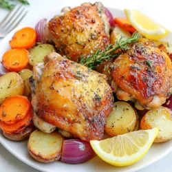 - 4 bone-in, skin-on chicken thighs - 1 pound baby potatoes, halved - 2 cups carrots, sliced into 1-inch pieces - 1 red onion, cut into wedges - 6 cloves garlic, minced - 1 tablespoon fresh rosemary, chopped - 1 tablespoon fresh thyme, chopped - 1 tablespoon fresh parsley, chopped I love using chicken thighs. They stay juicy and flavorful. Baby potatoes bring a nice texture, and carrots add sweetness. Red onion gives a lovely depth to the dish. Fresh garlic and herbs brighten the flavors. - 2 tablespoons olive oil - Salt and pepper to taste - Lemon wedges for serving Olive oil helps the chicken and veggies roast perfectly. Seasoning with salt and pepper is key for taste. I always serve lemon wedges. They add a fresh zing that enhances the dish. Each ingredient plays an important role in making this meal a delight. {{ingredient_image_1}} First, preheat your oven to 425°F (220°C). This step is key for a crispy chicken skin. While the oven heats, pat the chicken thighs dry using paper towels. This helps the skin get crispy. Next, season both sides of the chicken with salt and pepper. You want to make sure every bite is tasty. In a small bowl, combine minced garlic, olive oil, chopped rosemary, thyme, and parsley. Mix well until it forms a nice paste. This herb mixture adds a lot of flavor. Make sure to use fresh herbs for the best taste. In a large bowl, toss together halved baby potatoes, sliced carrots, and red onion wedges. Drizzle the remaining herb mixture over the veggies. Season them with salt and pepper, then toss well. You want every piece coated in that flavorful mix. Now, in a large baking dish, place the seasoned chicken thighs skin-side up. Arrange the veggies around the chicken. Spread them out nicely for even cooking. Roast the chicken and veggies in your preheated oven for about 35-40 minutes. The chicken should turn golden brown, and the veggies should become tender. Use a meat thermometer to check that the chicken's internal temperature is 165°F (75°C). After roasting, remove the dish from the oven and let the chicken rest for 5 minutes. This helps keep it juicy. Serve with lemon wedges on the side for extra flavor. Enjoy your meal! To get the best taste from your chicken thighs, start by drying them well. This step helps the skin get crispy. Season both sides with salt and pepper generously. Don’t skip this! It adds a great base flavor. For the herb mixture, mix minced garlic, olive oil, rosemary, thyme, and parsley in a bowl. You want a thick paste. Rub half of this mix under the skin of the chicken. This helps the flavors soak in while cooking. Use the rest to coat the veggies. Toss them well so every piece gets that tasty blend. Roasting at 425°F (220°C) is key for crispy skin. Place the chicken thighs skin-side up in your baking dish. Make sure they have space around them. This allows hot air to circulate and cook evenly. To check if your chicken is done, use a meat thermometer. Insert it into the thickest part of the thigh. It should read 165°F (75°C) for safe eating. If you don’t have a thermometer, cut into the chicken. The juices should run clear, not pink. Pro Tips Use Fresh Herbs: Fresh herbs provide a vibrant flavor that dried herbs cannot match. Always opt for fresh when possible for the best taste. Let Chicken Rest: Allow the chicken to rest after roasting. This helps the juices redistribute, ensuring a moist and flavorful bite. Check for Doneness: Use a meat thermometer to ensure your chicken is cooked through. It should reach an internal temperature of 165°F (75°C). Customize Vegetables: Feel free to swap out the vegetables based on what you have on hand. Broccoli, bell peppers, or zucchini also work well in this dish. {{image_2}} You can change the veggies based on what you have. Seasonal vegetables work great. Try using zucchini, bell peppers, or asparagus. These add bright colors and fresh flavors. Root vegetables are also a good choice. Carrots, parsnips, and sweet potatoes add sweetness and depth. They roast beautifully and bring a nice texture. Feel free to mix and match according to your taste. Adding different herbs or spices can change the dish. Try using oregano, basil, or dill for new flavors. You can also add a pinch of red pepper flakes for some heat. Experiment with marinades if you want to boost flavor. A lemon-garlic marinade can add brightness. You could also use soy sauce and honey for a sweet-savory twist. The key is to have fun and find what you love best! To keep your Garlic Herb Roasted Chicken and Veggies fresh, follow these steps: - Cool Down: Let the chicken and veggies cool to room temperature. This helps avoid condensation. - Use Airtight Containers: Place the leftovers in airtight containers. This prevents air from drying them out. - Refrigerate: Store the containers in the fridge. They will stay good for up to four days. For longer storage, consider freezing. Wrap the chicken and veggies tightly in plastic wrap, then place them in a freezer-safe bag. They can last up to three months. Reheating your leftovers properly keeps them tasty and juicy. Here’s how to do it right: - Oven Method: Preheat your oven to 350°F (175°C). Place the chicken and veggies in a baking dish. Cover with foil to keep moisture in. Heat for about 20-25 minutes, or until warmed through. - Microwave Method: Place the chicken and veggies on a microwave-safe plate. Cover loosely with a damp paper towel. Heat in 1-minute intervals until hot. Using these methods helps maintain the flavor and texture of your dish. Enjoy your delicious leftovers! You can store Garlic Herb Roasted Chicken and Veggies in the fridge for about 3-4 days. Make sure to place it in an airtight container to keep it fresh. If you want to save it longer, you can freeze it. In the freezer, it lasts for about 2-3 months. Just remember to thaw it in the fridge before reheating. Yes, you can use chicken breasts instead of thighs. However, chicken breasts cook faster. You should check them after 25-30 minutes in the oven. Make sure they reach an internal temperature of 165°F (75°C). Thighs are juicier and more forgiving if overcooked. So, adjust your timing if you choose breasts. If you want to switch up the herbs, you have many options. Oregano adds a nice flavor. Basil gives a sweet touch. Sage offers an earthy taste. You can also try dill for a fresh hint. Just remember to use fresh herbs when possible for the best flavor. This article covered how to make delicious Garlic Herb Roasted Chicken and Veggies. We explored main ingredients like chicken thighs, herbs, and fresh veggies. I shared step-by-step tips for preparation and roasting to ensure maximum flavor. Remember, using different herbs or veggies can change the taste. Store leftovers properly and reheat them for the best meal back. Enjoy creating this tasty, easy dish that you can share with friends and family!