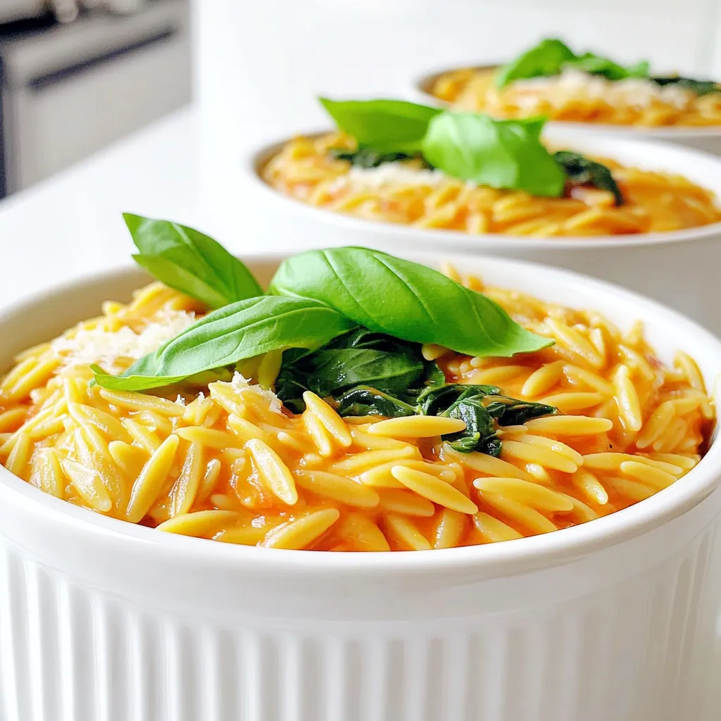 To make this creamy tomato orzo, you will need: - 1 cup orzo pasta - 1 can (14 oz) diced tomatoes, with juices - 3 cups vegetable broth - 1 cup heavy cream or coconut cream - 1 cup fresh spinach, chopped - 1/2 cup grated Parmesan cheese or nutritional yeast - 2 cloves garlic, minced - 1 small onion, finely chopped - 1 teaspoon dried basil - 1/2 teaspoon oregano - Salt and pepper to taste - 1 tablespoon olive oil - Fresh basil leaves for garnish You can adjust this dish to your taste. Here are some fun ideas: - Add cooked chicken or shrimp for protein. - Use cherry tomatoes instead of diced tomatoes for a fresher taste. - Stir in a splash of lemon juice for brightness. - Mix in other greens like kale or arugula. If you have dietary needs, here are some swaps: - Use gluten-free orzo for a gluten-free version. - Replace heavy cream with cashew cream for a dairy-free option. - Nutritional yeast is a great vegan substitute for Parmesan cheese. - Use low-sodium broth to cut down on salt if needed. These ingredients and options help you create a dish that everyone will love! - Gather all your ingredients. - Chop the onion and garlic finely. - Measure out the orzo, vegetable broth, and cream. - Rinse and chop the spinach. - Grate the Parmesan cheese if you use it. 1. Heat 1 tablespoon of olive oil in a large pot. 2. Add the chopped onion and garlic. Sauté for 3-4 minutes until soft. 3. Stir in 1 cup of orzo pasta. Cook for 2 minutes to toast it lightly. 4. Pour in 1 can of diced tomatoes with their juices. 5. Add 3 cups of vegetable broth, 1 teaspoon of dried basil, 1/2 teaspoon of oregano, salt, and pepper. Bring to a boil. 6. Once it boils, lower the heat and cover the pot. Simmer for 10-12 minutes. Stir occasionally. 7. Check when the orzo is tender and the liquid is mostly absorbed. 8. Reduce heat to low, and mix in 1 cup of heavy cream. 9. Add 1/2 cup of grated Parmesan cheese and stir until creamy. 10. Fold in 1 cup of chopped spinach. Cook for 2-3 minutes until it wilts. 11. Taste and add more salt or pepper as needed. Serve the creamy tomato orzo in warm bowls. Garnish with fresh basil leaves and extra Parmesan cheese. Drizzle a little olive oil on top for extra flavor. This dish is great for lunch or dinner! To get the creamiest texture in your orzo, use heavy cream or coconut cream. Both add richness and depth. Stir the cream in slowly, letting it blend well. For a vegan option, try nutritional yeast instead of Parmesan cheese. This adds a cheesy flavor without dairy. Orzo cooks quickly, so watch it closely. Toast the orzo for two minutes before adding liquids. This step adds a nice nutty flavor. Stir occasionally as it cooks. This helps prevent sticking and clumping. Always taste the orzo near the end of cooking. You want it tender, not mushy. One common mistake is adding too much liquid. Keep to the recipe’s broth amount for best results. Another mistake is cooking on too high heat. This can lead to uneven cooking. Lastly, don’t forget to season! Add salt and pepper to enhance flavors. {{image_2}} You can boost the protein in creamy tomato orzo easily. Adding cooked chicken, shrimp, or sausage works great. For a plant-based option, try chickpeas or lentils. Simply stir them in during the last few minutes of cooking. This adds flavor and makes the dish heartier. If you need a gluten-free dish, swap the orzo with gluten-free pasta. Many brands offer good options that cook well. For a vegan version, use coconut cream and nutritional yeast instead of heavy cream and Parmesan cheese. These swaps keep the creamy texture and rich taste. You can play with flavors using spices and herbs. Try adding red pepper flakes for heat or smoked paprika for a smoky taste. Fresh herbs like parsley or thyme can brighten the dish. Toss them in right before serving for a fresh burst of flavor. To keep your creamy tomato orzo fresh, store it in an airtight container. You can put it in the fridge for up to three days. Make sure the dish is cool before sealing it. This helps avoid any moisture build-up that can make the dish soggy. When you’re ready to enjoy leftovers, reheat the orzo on the stove. Add a splash of vegetable broth or water to keep it creamy. Heat on low, stirring often for even warming. You can also use a microwave. Place the orzo in a bowl and cover it. Heat in short bursts, stirring in between until warm. If you want to save some for later, freezing is a great option. Let the orzo cool completely before transferring it to a freezer-safe container. It can last for up to three months in the freezer. To eat, thaw it in the fridge overnight. Then, reheat as mentioned above. This keeps the flavors fresh and delicious! Yes, you can use other pasta. Try small shapes like macaroni or shells. Cook times may vary, so check your pasta often. This dish works well with any pasta that cooks quickly. Just make sure it’s not too big. You can use coconut cream for a lighter dish. Almond milk or oat milk works too, but they will change the taste a bit. If you want a richer flavor, try cashew cream. Blend soaked cashews with water to make it creamy. To add heat, use red pepper flakes or cayenne pepper. Stir in a teaspoon when you add the broth. For a fresh kick, chop some jalapeños and mix them in. You can also add hot sauce at the end for a nice zing. Orzo is usually not gluten-free. It is made from wheat. However, you can find gluten-free orzo made from rice or corn. Check your store for gluten-free options if you need them. They will work just as well in this dish. This blog post covered all you need to know about cooking orzo. You learned about the ingredients, cooking steps, and tips for the perfect dish. We also explored tasty variations and smart storage methods. Remember, cooking is fun, and you can be creative with flavors and textures. Whether you want to add protein or go vegan, the options are endless. Enjoy making your orzo dish unique and tasty!