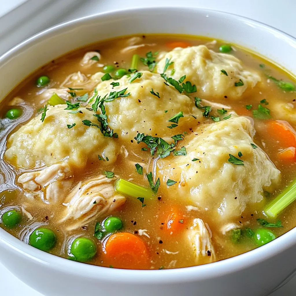 - 2 lbs boneless skinless chicken thighs - 4 cups low-sodium chicken broth - 2 cups carrots, sliced - 1 cup celery, diced - 1 medium onion, chopped - 3 cloves garlic, minced - 1 teaspoon dried thyme - 1 teaspoon dried rosemary - 1 teaspoon onion powder - 1 teaspoon garlic powder - Salt and pepper to taste - 1 cup frozen peas - 1 can (16 oz) refrigerated biscuit dough Chicken is the star of this dish. I prefer boneless, skinless thighs for their flavor and moisture. The broth adds depth, while the veggies bring color and nutrients. Carrots, celery, and onion create a savory base, and garlic amps up the taste. Thyme and rosemary add a classic touch, making the dish feel warm and cozy. - 1/4 cup heavy cream - Fresh parsley, chopped for garnish Heavy cream gives your chicken and dumplings extra richness. It makes the broth creamy and smooth. Fresh parsley adds a bright pop of color and a hint of freshness. You can choose to use these for extra flair, or keep it simple. - Slow cooker - Chopping board - Knife You need a slow cooker to make this dish easy. It does all the work while you relax. A chopping board and knife help you prep the veggies. Good tools make cooking more fun and keep your kitchen safe. Start by placing the chicken thighs at the bottom of your slow cooker. This helps the chicken cook evenly. Season the chicken with salt, pepper, dried thyme, and rosemary. Make sure to coat each piece well. This adds great flavor to the dish. Next, chop the onions, carrots, celery, and garlic. Layer these chopped vegetables on top of the chicken. The colors make the dish look nice! Pour the low-sodium chicken broth over everything. This ensures that all the ingredients are submerged. The broth adds moisture and depth to the meal. Now, cover the slow cooker and set it on low for 6-7 hours. If you're in a hurry, you can set it to high for 3-4 hours. About 30 minutes before serving, if you want a creamier dish, stir in the heavy cream. Open the biscuit dough and cut each biscuit into quarters. Drop the pieces into the slow cooker evenly. Cover and cook on high for an extra 30-40 minutes. This makes the dumplings fluffy and tender. Finally, add the frozen peas and gently stir them in. This adds a nice pop of color and flavor. Taste the mixture and adjust the seasoning if needed. Enjoy your cozy meal! To make fluffy dumplings, mix the biscuit dough gently. Overmixing can make them tough. Cut each biscuit into quarters before adding them to the slow cooker. This helps them cook evenly. Adjust the cooking time as needed. If your dumplings seem undercooked, leave them in for a few more minutes. They should be soft and fluffy when done. For extra flavor, add herbs and spices to the slow cooker. Fresh thyme and rosemary can elevate the taste. You can also sprinkle some parsley for color. If you want a creamier dish, stir in heavy cream about 30 minutes before serving. This adds richness and depth to the broth. Serve your chicken and dumplings in deep bowls. This keeps everything warm and cozy. Garnish with fresh parsley for a nice touch. A sprinkle of black pepper can add a bit of spice. For sides, consider a simple green salad or crusty bread. These pair well and complete the meal. {{image_2}} You can make simple swaps to make this dish healthier. Start with chicken breast instead of thighs. Chicken breast has less fat, which cuts calories. It will still be juicy if you cook it right. You can also use low-carb biscuits to cut carbs. Look for options made with almond flour or coconut flour. They taste great and fit into many diets. Want to add some spice? Try adding cayenne pepper or red pepper flakes. This will give your meal a kick. You can also add hot sauce for extra heat. If you want a vegetarian version, use mushrooms instead of chicken. They add a nice meaty texture. You can use a mix of shiitake and cremini for depth of flavor. To bring in Asian flavors, add some soy sauce or ginger. A splash of sesame oil can also boost the taste. You might even try adding bok choy for added crunch. For a Southern twist, consider adding a bit of hot sauce or smoked paprika. This will give your dish a warm, smoky flavor. You can even serve it with cornbread for a true Southern experience. To store your chicken and dumplings, let them cool first. I recommend using a shallow dish for quick cooling. This helps prevent bacteria growth. Once cooled, transfer them to airtight containers. Glass containers work great. You can also use plastic ones, but ensure they are safe for food storage. Yes, you can freeze leftovers! Make sure to cool them completely before freezing. Use freezer-safe containers or bags. Remember to label each bag with the date. To reheat from frozen, it's best to thaw overnight in the fridge. Then, heat on the stove over low heat, stirring gently, until warmed through. For the best taste, eat the leftovers within three to four days. To keep your meal fresh, store it in the fridge right away. Signs of spoilage include an off smell, discoloration, or mold. If you notice any of these, throw it away. Always trust your senses when it comes to food safety. Yes, you can use frozen chicken thighs. Just remember to thaw them first. The best way to thaw is in the fridge overnight. If you're in a hurry, you can use the microwave. Set it to the defrost setting and check often. This way, the chicken stays safe and ready to cook. Making dumplings from scratch is easy! Here’s a simple recipe: - 2 cups all-purpose flour - 1 tablespoon baking powder - 1 teaspoon salt - 1 cup milk - 1/4 cup melted butter 1. Mix the flour, baking powder, and salt in a bowl. 2. Stir in the milk and melted butter until combined. 3. Drop spoonfuls of the dough over your slow cooker mixture. 4. Cook until they puff up and are cooked through. Now you have homemade dumplings to enjoy! You can pair chicken and dumplings with many tasty sides. Here are some great options: - Steamed green beans - Roasted broccoli - A fresh garden salad - Mashed potatoes These sides add some crunch and color to your meal. Enjoy! In this article, we explored how to make chicken and dumplings. We discussed the main ingredients like chicken, vegetables, and seasonings, along with optional cream and herbs. I provided step-by-step instructions to help you prepare and cook this dish perfectly. You can use tips to make fluffy dumplings and variations for your preferences. Remember, storage is key for leftovers. Enjoy crafting your chicken and dumplings, and feel confident making them your own!