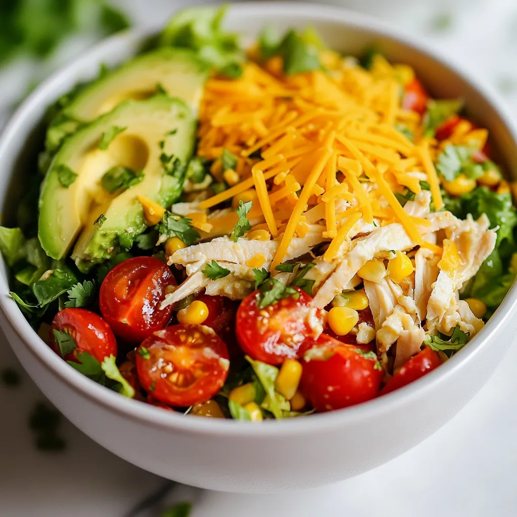 To make a BBQ Ranch Chicken Salad, gather these simple ingredients: - 2 cups cooked rotisserie chicken, shredded - 4 cups romaine lettuce, chopped - 1 cup cherry tomatoes, halved - 1 cup corn kernels (fresh, frozen, or canned) - 1 red bell pepper, diced - 1 avocado, sliced - ½ cup shredded cheddar cheese - ½ cup ranch dressing - ½ cup BBQ sauce - Salt and pepper to taste - Fresh cilantro for garnish (optional) You can find rotisserie chicken at most stores. It saves time and adds flavor. Romaine lettuce is crisp and holds up well. The cherry tomatoes add a sweet burst. Corn adds a nice crunch. Bell peppers bring color and taste. Avocado gives creaminess and healthy fats. Cheddar cheese adds richness. Ranch dressing and BBQ sauce create a tasty mix. Adjust salt and pepper for your taste. Cilantro adds freshness but is optional. These ingredients work together to make a colorful and tasty salad. You can easily customize it too. {{ingredient_image_1}} - Combine salad ingredients in a mixing bowl Start with a large mixing bowl. Add 2 cups of shredded rotisserie chicken. Then add 4 cups of chopped romaine lettuce. Next, toss in 1 cup of halved cherry tomatoes. Follow this with 1 cup of corn kernels, which can be fresh, frozen, or canned. Add 1 diced red bell pepper and 1 sliced avocado. Mix these ingredients gently to blend their flavors. - Prepare ranch-BBQ dressing In a small bowl, measure out ½ cup of ranch dressing. Then, add ½ cup of BBQ sauce. Whisk them together until they blend well. This dressing gives the salad a rich and tangy taste. - Toss salad with dressing Drizzle your ranch-BBQ dressing over the salad mix. Use a large spoon to toss everything together. Make sure every bite gets some dressing. - Season and garnish Now, season your salad with salt and pepper to taste. Adjust it according to your liking. Finally, top your salad with ½ cup of shredded cheddar cheese. If you like, add fresh cilantro for a burst of flavor. Serve it right away, or chill it in the fridge for 15 minutes to meld the flavors together. Enjoy your BBQ Ranch Chicken Salad! - Pair this salad with tortilla chips for a fun crunch. - Serve it as a main dish or a side. - Top with fresh cilantro for extra flavor and color. - Use Greek yogurt instead of ranch dressing for a lighter option. - Swap BBQ sauce for a spicy sauce if you like heat. - For chicken, use grilled chicken breast or shredded tofu for a vegan option. - Try chickpeas instead of chicken for a filling vegetarian choice. Pro Tips Use Fresh Ingredients: Fresh romaine lettuce and ripe avocados will enhance the overall flavor and texture of your salad. Customize the Dressing: Feel free to adjust the ratio of ranch to BBQ sauce based on your taste preference for a sweeter or creamier dressing. Chill for Flavor: Letting the salad sit in the refrigerator for about 15 minutes allows the flavors to meld for a more delicious experience. Garnish Smartly: Adding fresh cilantro or even thinly sliced green onions can elevate the presentation and add a pop of flavor. {{image_2}} You can easily boost protein in your BBQ Ranch Chicken Salad. Adding bacon gives a nice crunch and smoky flavor. Just cook the bacon until crispy, chop it up, and toss it in. If you prefer a meat-free option, use tofu. To add tofu, press it first to remove extra water. Then, cube it and sauté in a pan with a little oil and salt. This will help the tofu absorb flavors. Both options will make your salad more filling and tasty. Spices and herbs can really elevate this salad. Try adding cumin or paprika for a warm kick. Fresh herbs like cilantro or parsley add freshness too. Simply chop them finely and mix them in. You can also incorporate fruits like diced apples or berries. They add a sweet contrast to the savory flavors. Just chop them up and toss them with the salad. This little twist can brighten up each bite! To keep your BBQ Ranch Chicken Salad fresh, store it in the fridge. Use an airtight container to prevent air from getting in. Place the salad in the fridge right after serving. This keeps the flavors intact. You can enjoy the leftovers for up to three days. When eating leftovers, check if the salad still looks good. If it smells off or changes color, it’s best to throw it away. For the best taste, eat it within two days. If you want to save the chicken salad for later, you can freeze it. First, make sure to use a freezer-safe container. Leave some space at the top, as the salad will expand when frozen. To keep the salad fresh, avoid freezing the lettuce and avocado. They can become mushy after thawing. Instead, freeze only the chicken and dressing mixture. You can store it for up to three months. When ready to eat, thaw the salad in the fridge overnight. Reassemble your salad with fresh lettuce and avocado before serving. This way, you’ll enjoy a fresh and tasty meal! You can use grilled chicken or canned chicken. Shredded turkey is also a great option. Just ensure it is cooked and seasoned well. Yes, you can prepare the salad in advance. Mix the veggies and chicken but keep the dressing separate. Add the dressing right before serving. Store the salad in an airtight container. Keep the dressing on the side to avoid sogginess. Eat it within two days for the best taste. Yes, this salad can be gluten-free. Use gluten-free ranch dressing and BBQ sauce. Always check labels to ensure there are no hidden gluten sources. This blog post covered a tasty BBQ Ranch Chicken Salad. We explored the key ingredients, easy steps to prepare, and useful tips. You can serve it fresh or add twists like bacon or fruits. Remember to store leftovers properly for the best taste. I hope you feel inspired to create this dish in your kitchen. Enjoy every bite and make it your own!