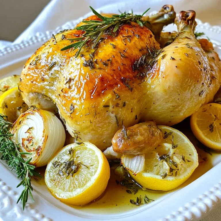 - 1 whole chicken (about 4-5 lbs) - 1 lemon, quartered - 4 garlic cloves, minced - 1/4 cup olive oil - 2 tablespoons fresh rosemary, chopped - 2 tablespoons fresh thyme, chopped - 2 tablespoons fresh parsley, chopped - Salt and pepper to taste - 1 cup chicken broth - 1 onion, quartered Using fresh ingredients makes a big difference. Choose a chicken that feels firm and heavy. Look for bright, plump herbs with no browning. Fresh garlic should be crisp, not soft. Quality olive oil enhances flavor, so select a good one. If you don’t have fresh herbs, dried ones work too. Use 1 tablespoon of dried herbs for every 2 tablespoons of fresh herbs. For rosemary, thyme, and parsley, the flavor still shines through. You can also try Italian seasoning as a blend. {{ingredient_image_1}} Start with a whole chicken that weighs about 4 to 5 pounds. Pat it dry with paper towels. This helps the skin crisp up nicely. Place the chicken in a roasting pan, making sure it sits flat. In a small bowl, mix 1/4 cup of olive oil, 4 minced garlic cloves, 2 tablespoons each of chopped rosemary, thyme, and parsley. Add salt and pepper to your taste. This herb blend will give the chicken great flavor. Now, rub this mixture all over the chicken. Don't forget to get under the skin! This step packs a ton of flavor into the meat. Stuff the chicken cavity with the quartered lemon and onion. This adds a lovely aroma as it roasts. Pour 1 cup of chicken broth into the roasting pan. This keeps the chicken moist during cooking. Preheat your oven to 425°F (220°C). Roast the chicken for about 1 hour and 15 minutes. Check the internal temperature; it should reach 165°F (75°C). The juices should run clear when you pierce the chicken. Halfway through roasting, baste the chicken with its own juices. This enhances the flavor and keeps it juicy. When it’s done, take it out and let it rest for 10 to 15 minutes before carving. Enjoy your lemon herb roast chicken with a side of seasonal vegetables or a fresh salad! To keep your chicken juicy, start with a whole bird. A larger chicken, around 4-5 lbs, holds moisture well. Pat the chicken dry with paper towels before seasoning. This step helps the skin crisp up nicely. Use a mix of olive oil, garlic, and fresh herbs. Rub this blend all over the chicken and under the skin. This method adds great taste and keeps the meat moist. Stuff the cavity with lemon and onion for extra flavor. The aromatics will steam the chicken from the inside, enhancing its taste. Basting is key to a juicy roast chicken. Halfway through cooking, take the pan juices and pour them over the chicken. This keeps the skin crispy and adds flavor. Use a baster or a spoon for this task. If you don’t have a baster, a simple spoon works well too. Basting every 20-30 minutes can help, but be careful not to open the oven door too much. Each time you open the door, the oven cools down. This can affect cooking time and juiciness. Resting the chicken is crucial for juicy meat. After removing it from the oven, let it sit for 10-15 minutes. This time allows the juices to redistribute throughout the meat. If you cut too soon, the juices will run out, leaving you with dry meat. Cover the chicken loosely with foil while it rests. This keeps it warm without steaming the skin. After resting, carve the chicken and serve it on a platter. Garnish with fresh herbs and roasted lemons for a beautiful presentation. Pro Tips Resting the Chicken: Allow the chicken to rest for 10-15 minutes after roasting to let the juices redistribute, ensuring a moist and flavorful meal. Use a Meat Thermometer: To ensure perfect doneness, use a meat thermometer to check that the internal temperature has reached 165°F (75°C). Enhance the Flavor: For deeper flavor, marinate the chicken in the herb mixture for a few hours or overnight before roasting. Save the Drippings: Don't discard the pan drippings! Use them to make a delicious gravy or sauce to serve alongside the chicken. {{image_2}} You can change the herbs in this recipe. Try using basil or oregano for a new taste. Mix and match herbs to find your favorite flavor. Fresh herbs give the best taste. Dried herbs work too but use less. A good rule is to use one-third of the dried herbs. Add vegetables to the roasting pan for more flavor. Carrots, potatoes, and celery are great choices. Chop them up and place them around the chicken. They soak up the tasty juices. Use these vegetables to create a full meal in one pan. Want to spice things up? Add citrus fruits like oranges or limes. Slice them and place them with the lemon inside the chicken. This gives a sweet and tangy flavor. You can also add spices like paprika or cumin for a kick. These small changes can turn your roast chicken into a new dish each time. Store your leftover roast chicken in an airtight container. Let the chicken cool first. This helps keep the meat moist. You can keep it in the fridge for up to four days. If you want it to last longer, consider freezing it. To reheat your chicken, preheat your oven to 350°F (175°C). Place the chicken in a baking dish. Add a splash of chicken broth to keep it moist. Cover the dish with foil to trap heat. Heat for about 20-25 minutes or until warm. You can also reheat it in the microwave. Just cover it with a damp paper towel to prevent drying out. If you freeze the chicken, wrap it tightly in plastic wrap. Then, place it in a freezer bag. Write the date on the bag. You can freeze it for up to three months. When you're ready to eat, thaw it in the fridge overnight. Reheat as described above for best results. Roast your chicken for about 15 to 20 minutes per pound. A 4-5 pound chicken needs about 1 hour and 15 minutes. Always check the internal temperature. It should reach 165°F (75°C). This ensures the chicken is safe to eat. Yes, you can use chicken breasts. They cook faster than a whole chicken. Bake them for about 25 to 30 minutes at 425°F (220°C). Great sides include roasted veggies, mashed potatoes, or a fresh salad. You can also serve rice or quinoa for a healthy option. These dishes pair well with the lemon and herb flavors. This blog covered the key steps to make a tasty lemon herb roast chicken. We discussed choosing quality ingredients, prepping, and roasting the chicken for juicy results. You learned tips for basting and the right way to let the chicken rest. Variations let you experiment with flavors and veggies. Finally, storage info helps keep leftovers fresh. Remember, cooking is about having fun and being creative. Enjoy your roast chicken!