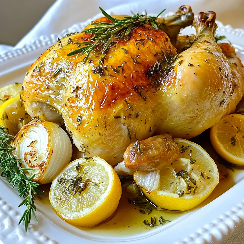 - 1 whole chicken (about 4-5 lbs) - 1 lemon, quartered - 4 garlic cloves, minced - 1/4 cup olive oil - 2 tablespoons fresh rosemary, chopped - 2 tablespoons fresh thyme, chopped - 2 tablespoons fresh parsley, chopped - Salt and pepper to taste - 1 cup chicken broth - 1 onion, quartered Using fresh ingredients makes a big difference. Choose a chicken that feels firm and heavy. Look for bright, plump herbs with no browning. Fresh garlic should be crisp, not soft. Quality olive oil enhances flavor, so select a good one. If you don’t have fresh herbs, dried ones work too. Use 1 tablespoon of dried herbs for every 2 tablespoons of fresh herbs. For rosemary, thyme, and parsley, the flavor still shines through. You can also try Italian seasoning as a blend. {{ingredient_image_1}} Start with a whole chicken that weighs about 4 to 5 pounds. Pat it dry with paper towels. This helps the skin crisp up nicely. Place the chicken in a roasting pan, making sure it sits flat. In a small bowl, mix 1/4 cup of olive oil, 4 minced garlic cloves, 2 tablespoons each of chopped rosemary, thyme, and parsley. Add salt and pepper to your taste. This herb blend will give the chicken great flavor. Now, rub this mixture all over the chicken. Don't forget to get under the skin! This step packs a ton of flavor into the meat. Stuff the chicken cavity with the quartered lemon and onion. This adds a lovely aroma as it roasts. Pour 1 cup of chicken broth into the roasting pan. This keeps the chicken moist during cooking. Preheat your oven to 425°F (220°C). Roast the chicken for about 1 hour and 15 minutes. Check the internal temperature; it should reach 165°F (75°C). The juices should run clear when you pierce the chicken. Halfway through roasting, baste the chicken with its own juices. This enhances the flavor and keeps it juicy. When it’s done, take it out and let it rest for 10 to 15 minutes before carving. Enjoy your lemon herb roast chicken with a side of seasonal vegetables or a fresh salad! To keep your chicken juicy, start with a whole bird. A larger chicken, around 4-5 lbs, holds moisture well. Pat the chicken dry with paper towels before seasoning. This step helps the skin crisp up nicely. Use a mix of olive oil, garlic, and fresh herbs. Rub this blend all over the chicken and under the skin. This method adds great taste and keeps the meat moist. Stuff the cavity with lemon and onion for extra flavor. The aromatics will steam the chicken from the inside, enhancing its taste. Basting is key to a juicy roast chicken. Halfway through cooking, take the pan juices and pour them over the chicken. This keeps the skin crispy and adds flavor. Use a baster or a spoon for this task. If you don’t have a baster, a simple spoon works well too. Basting every 20-30 minutes can help, but be careful not to open the oven door too much. Each time you open the door, the oven cools down. This can affect cooking time and juiciness. Resting the chicken is crucial for juicy meat. After removing it from the oven, let it sit for 10-15 minutes. This time allows the juices to redistribute throughout the meat. If you cut too soon, the juices will run out, leaving you with dry meat. Cover the chicken loosely with foil while it rests. This keeps it warm without steaming the skin. After resting, carve the chicken and serve it on a platter. Garnish with fresh herbs and roasted lemons for a beautiful presentation. Pro Tips Resting the Chicken: Allow the chicken to rest for 10-15 minutes after roasting to let the juices redistribute, ensuring a moist and flavorful meal. Use a Meat Thermometer: To ensure perfect doneness, use a meat thermometer to check that the internal temperature has reached 165°F (75°C). Enhance the Flavor: For deeper flavor, marinate the chicken in the herb mixture for a few hours or overnight before roasting. Save the Drippings: Don't discard the pan drippings! Use them to make a delicious gravy or sauce to serve alongside the chicken. {{image_2}} You can change the herbs in this recipe. Try using basil or oregano for a new taste. Mix and match herbs to find your favorite flavor. Fresh herbs give the best taste. Dried herbs work too but use less. A good rule is to use one-third of the dried herbs. Add vegetables to the roasting pan for more flavor. Carrots, potatoes, and celery are great choices. Chop them up and place them around the chicken. They soak up the tasty juices. Use these vegetables to create a full meal in one pan. Want to spice things up? Add citrus fruits like oranges or limes. Slice them and place them with the lemon inside the chicken. This gives a sweet and tangy flavor. You can also add spices like paprika or cumin for a kick. These small changes can turn your roast chicken into a new dish each time. Store your leftover roast chicken in an airtight container. Let the chicken cool first. This helps keep the meat moist. You can keep it in the fridge for up to four days. If you want it to last longer, consider freezing it. To reheat your chicken, preheat your oven to 350°F (175°C). Place the chicken in a baking dish. Add a splash of chicken broth to keep it moist. Cover the dish with foil to trap heat. Heat for about 20-25 minutes or until warm. You can also reheat it in the microwave. Just cover it with a damp paper towel to prevent drying out. If you freeze the chicken, wrap it tightly in plastic wrap. Then, place it in a freezer bag. Write the date on the bag. You can freeze it for up to three months. When you're ready to eat, thaw it in the fridge overnight. Reheat as described above for best results. Roast your chicken for about 15 to 20 minutes per pound. A 4-5 pound chicken needs about 1 hour and 15 minutes. Always check the internal temperature. It should reach 165°F (75°C). This ensures the chicken is safe to eat. Yes, you can use chicken breasts. They cook faster than a whole chicken. Bake them for about 25 to 30 minutes at 425°F (220°C). Great sides include roasted veggies, mashed potatoes, or a fresh salad. You can also serve rice or quinoa for a healthy option. These dishes pair well with the lemon and herb flavors. This blog covered the key steps to make a tasty lemon herb roast chicken. We discussed choosing quality ingredients, prepping, and roasting the chicken for juicy results. You learned tips for basting and the right way to let the chicken rest. Variations let you experiment with flavors and veggies. Finally, storage info helps keep leftovers fresh. Remember, cooking is about having fun and being creative. Enjoy your roast chicken!