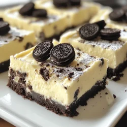 To make No-Bake Oreo Cheesecake Bars, gather these ingredients: - 24 Oreo cookies, crushed - 4 tablespoons unsalted butter, melted - 16 oz cream cheese, softened - 1 cup powdered sugar - 2 teaspoons vanilla extract - 1 cup heavy whipping cream - 1 cup mini Oreos, for topping You can make some easy swaps if needed: - Use gluten-free Oreo cookies for a gluten-free option. - Swap unsalted butter with coconut oil for a dairy-free version. - Cream cheese can be replaced with a dairy-free cream cheese. - Instead of powdered sugar, you may use granulated sugar, but blend it finely. I recommend these brands for the best taste: - Oreo cookies: Nabisco is the classic choice. - Cream cheese: Philadelphia cream cheese is smooth and creamy. - Heavy whipping cream: Use Land O'Lakes for rich flavor. - Powdered sugar: Domino provides a fine texture that blends well. Using these brands can enhance your cheesecake bars. Enjoy making them! {{ingredient_image_1}} Start by crushing 24 Oreo cookies into fine crumbs. You can use a food processor or place them in a zip-top bag and crush them with a rolling pin. Then, melt 4 tablespoons of unsalted butter. In a medium bowl, mix the crushed cookies with the melted butter. Combine well until the crumbs are moist and look like wet sand. Next, take a 9x9-inch baking dish and press the mixture firmly into the bottom. Use the back of a measuring cup for a smooth layer. Place the dish in the fridge to chill while you prepare the filling. In a large mixing bowl, take 16 ounces of softened cream cheese. Beat it with an electric mixer until it becomes smooth and creamy. Gradually add 1 cup of powdered sugar and 2 teaspoons of vanilla extract. Mix until well combined, scraping the bowl's sides to include all the ingredients. In another bowl, whip 1 cup of heavy whipping cream until stiff peaks form. Gently fold this whipped cream into the cream cheese mixture. Do this carefully so you don’t deflate the whipped cream. This folding technique keeps the mixture light and fluffy. Now, pour the cheesecake filling over your chilled Oreo crust. Use a spatula to spread it evenly. For a fun touch, add 1 cup of mini Oreos on top for decoration. This adds extra crunch and looks great. Cover the baking dish with plastic wrap and place it in the fridge. Let it chill for at least 4 hours, or overnight for the best results. Once set, take it out, cut into squares, and serve. Enjoy your delicious Oreo cheesecake bars! To stop the crust from being crumbly, use enough butter. The melted butter helps bind the Oreo crumbs. Mix the crushed cookies well with the butter until it looks like wet sand. Press the mixture firmly into the dish. Use the back of a measuring cup to smooth it out. This helps create a solid base for your cheesecake bars. Whipping cream to perfection is simple. Start with a cold bowl and cold cream. This helps the cream whip faster. Use an electric mixer on medium-high speed. Beat until stiff peaks form. This means the cream stands up when you lift the beaters. Don’t overmix, or it can turn into butter. Gently fold the whipped cream into the cheesecake mixture. This keeps it light and fluffy. Decorating your cheesecake bars can be fun! You can use mini Oreos for a cute touch. Just sprinkle them on top before chilling. You can also drizzle chocolate or caramel sauce for extra flavor. Fresh berries add color and a fresh taste. Try adding whipped cream dollops for a fancy look. Get creative and make your dessert unique! Pro Tips Use Room Temperature Cream Cheese: Make sure your cream cheese is softened to room temperature for a smoother, creamier filling. This helps to avoid lumps and ensures easy mixing. Chill the Filling: For a firmer texture, consider chilling the cheesecake filling for about 15-20 minutes before spreading it over the crust. This helps it set better when layered. Don’t Overwhip the Cream: When whipping the heavy cream, stop as soon as stiff peaks form. Overwhipping can lead to a grainy texture, which is not ideal for a smooth cheesecake. Garnish Just Before Serving: For the freshest presentation, add the mini Oreos on top just before serving. This keeps them crunchy and visually appealing. {{image_2}} You can swap out Oreo cookies for other cookies. Try using chocolate sandwich cookies or even graham crackers. If you want a fun twist, use peanut butter cookies for a nutty flavor. Each option gives a new taste to the crust. Just crush them the same way as Oreos. While mini Oreos are great, other toppings can add fun. You can use crushed nuts, chocolate chips, or fresh fruit. Sliced strawberries or raspberries add a nice touch. Drizzles of chocolate or caramel sauce can also enhance the look and taste. Get creative and mix your favorites! You can change the flavor of your cheesecake filling easily. Add some cocoa powder for a chocolate cheesecake. A splash of lemon juice or zest gives a fresh twist. You can even mix in peanut butter for a rich taste. Experiment with flavors that you love to make it your own! To keep your Oreo cheesecake bars fresh, store them in the fridge. Use an airtight container or cover them well with plastic wrap. This helps them stay moist and tasty. If you cut them into squares, place parchment paper between layers to avoid sticking. Store them in the fridge for easy access during the week. You can freeze these bars for later. First, let them chill in the fridge until firm. Then, cut them into squares and wrap each piece in plastic wrap. Next, place wrapped bars in a freezer-safe bag. Squeeze out as much air as possible before sealing. They can stay in the freezer for up to three months. To serve, thaw them in the fridge overnight. In the fridge, these Oreo cheesecake bars last about five days. Store them covered to keep them fresh. If you notice any changes in texture or smell, it’s best to throw them out. Enjoy your bars while they are fresh for the best taste! Yes, you can make these cheesecake bars a day or two in advance. This recipe is perfect for prepping ahead. Just cover the dish with plastic wrap and store it in the fridge. Chilling them longer helps the flavors meld together. This way, you can save time for your event or gathering. Serve these cheesecake bars cold for the best taste. Cut them into squares for easy serving. You can also add a dollop of whipped cream on top for extra flair. For fun, serve them with fresh berries or chocolate sauce on the side. Everyone loves a little extra treat! Yes, you can use low-fat cream cheese. It will change the texture slightly, but the bars will still taste great. Just make sure it is softened well for easy mixing. If you want to cut calories, this is a good swap. Enjoy your lighter version of these delicious cheesecake bars! You now have all the tools to make delicious cheesecake bars. We covered the ingredient list, instructions, and helpful tips. You also learned about fun variations and storage methods. Don’t hesitate to get creative with flavors and toppings. Remember, cheesecake bars are great for sharing or enjoying on your own. Follow the steps, and you'll impress everyone with your baking skills. Enjoy your tasty treats!