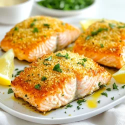 - 4 salmon fillets (about 6 oz each) - 1/2 cup grated Parmesan cheese - 1/2 cup panko breadcrumbs - 2 tablespoons olive oil - 2 cloves garlic, minced - 1 tablespoon fresh parsley, chopped - 1 teaspoon lemon zest - Salt and pepper to taste To make Air Fryer Parmesan Crusted Salmon, you need fresh and simple ingredients. Make sure you have all these handy before you start cooking. If you don’t have Parmesan cheese, you can use another hard cheese like Pecorino Romano. For panko breadcrumbs, regular breadcrumbs will work too, but panko gives a better crunch. You can swap olive oil with melted butter if you want a richer flavor. Fresh parsley can be replaced with dried herbs like Italian seasoning. When buying salmon, look for bright, clear eyes and shiny skin. The flesh should feel firm and spring back when pressed. Avoid fish that smells too strong; fresh salmon has a mild scent. If possible, buy wild-caught salmon for better flavor and health benefits. Always check the sell-by date to ensure freshness. By following these tips, you can ensure your Air Fryer Parmesan Crusted Salmon is both tasty and healthy! {{ingredient_image_1}} Start by preheating your air fryer to 400°F (200°C). This usually takes about 5 minutes. Preheating makes sure the salmon cooks evenly. It also helps the crust get nice and crispy. In a mixing bowl, combine the following ingredients: - 1/2 cup grated Parmesan cheese - 1/2 cup panko breadcrumbs - 2 tablespoons olive oil - 2 cloves garlic, minced - 1 tablespoon fresh parsley, chopped - 1 teaspoon lemon zest - Salt and pepper to taste Mix these until they are well combined. The blend should feel crumbly yet stick together. This mixture gives the salmon a tasty crust. First, pat your salmon fillets dry with paper towels. Season both sides with salt and pepper. This enhances the flavor. Place the fillets skin-side down on a plate. Take the crust mixture and spread it evenly over each fillet. Press down gently so it sticks well. Now, place the salmon fillets in the air fryer basket. Make sure to lay them in a single layer and don’t overcrowd them. Cook for 8-10 minutes. The cooking time may vary based on the thickness of the fillets. You want the top to turn golden and the salmon to flake easily with a fork. Once cooked, remove the salmon and let it rest for a couple of minutes. This helps the juices settle. Enjoy your meal! To make the best Parmesan crust, use fresh ingredients. Grate the cheese yourself for better flavor. Mix the Parmesan with panko breadcrumbs for a nice crunch. Add olive oil to bind the mix. Press the crust on the salmon to help it stick. This step makes a big difference. Set your air fryer to 400°F (200°C). This high heat cooks the salmon quickly. It also gives the crust a golden color. Cook the salmon for 8-10 minutes. Check for doneness by using a fork. The salmon should flake easily when done. Do not overcrowd the air fryer basket. This can lead to uneven cooking. Make sure to dry the salmon well before seasoning. If it's wet, the crust may not stick. Also, remember to season both sides of the salmon. This adds great flavor throughout. Pro Tips Choose Fresh Salmon: Look for bright, moist fillets with a clean smell. Fresh salmon will yield the best flavor and texture. Customize the Crust: Feel free to add herbs like dill or basil to the breadcrumb mixture for an extra layer of flavor. Monitor Cooking Time: Salmon fillets can vary in thickness; check for doneness a minute or two early to prevent overcooking. Let it Rest: Allow the salmon to rest for a few minutes after cooking for juicier fillets, as this helps retain moisture. {{image_2}} You can boost flavor by adding herbs and spices. Try mixing in dried oregano or basil. Fresh dill also pairs well with salmon. A pinch of red pepper flakes adds heat. You can even try a dash of smoked paprika for depth. Feel free to experiment with your favorites. Adjust the amount to match your taste. While Parmesan cheese shines in this recipe, you can switch it up. Try using Romano cheese for a sharper bite. Feta cheese offers a tangy twist. Mozzarella provides a creamy texture. You can mix different cheeses for a unique crust. Just remember to keep the quantities the same. Serve your salmon with fresh sides for a balanced meal. Roasted vegetables add color and nutrition. A simple salad with greens and vinaigrette complements the dish well. You can also serve it with rice or quinoa for a hearty option. For a refreshing touch, add lemon wedges on the side. These pairings elevate the meal and make it more satisfying. Store any leftover salmon in an airtight container. This keeps the fish fresh for up to three days. Make sure it cools to room temperature first. Always place it in the fridge right after eating. This helps prevent bacteria growth. When ready to eat, check for any off smells. If it smells bad, toss it out. You can freeze cooked salmon if you want to save it for later. Wrap each piece tightly in plastic wrap. Then place the wrapped salmon in a freezer bag. Remove as much air as possible. This helps keep the salmon from getting freezer burn. It can last up to three months in the freezer. When you’re ready to eat it, thaw it in the fridge overnight. To reheat salmon, the air fryer is your best friend. Preheat it to 350°F (175°C). Place the salmon in the basket, skin-side down. Heat for about 5-7 minutes. Check that it is warm all the way through. You can also use the microwave. Place it on a microwave-safe plate and cover it with a damp paper towel. Heat for 30-second intervals until warm. Avoid overheating, as this can make the fish dry. Enjoy your meal! Cook salmon fillets in the air fryer for 8 to 10 minutes. The time depends on how thick your fillets are. The salmon should be golden on top and flake easily when done. If you have thicker pieces, you might need a minute or two more. Yes, you can use frozen salmon! Just be sure to thaw it first. You can place it in the fridge overnight or use cold water for a quicker thaw. Once thawed, pat it dry and follow the recipe steps as usual. Parmesan crusted salmon pairs well with many sides. Here are my favorites: - Steamed vegetables like broccoli or green beans - A fresh garden salad with lemon dressing - Garlic mashed potatoes or rice for a hearty touch - Quinoa or couscous for a lighter option These sides balance the rich flavors of the salmon and add color to your plate. Enjoy experimenting with your favorites! This post covered key details about making delicious Parmesan-crusted salmon in an air fryer. We explored the right ingredients, clever substitutions, and tips for choosing fresh salmon. You learned how to preheat the air fryer and prepare the crust mixture. I shared settings for perfect cooking and mistakes to avoid. Finally, we discussed storage and reheating. With these tips, you can enjoy a tasty meal every time. Happy cooking!