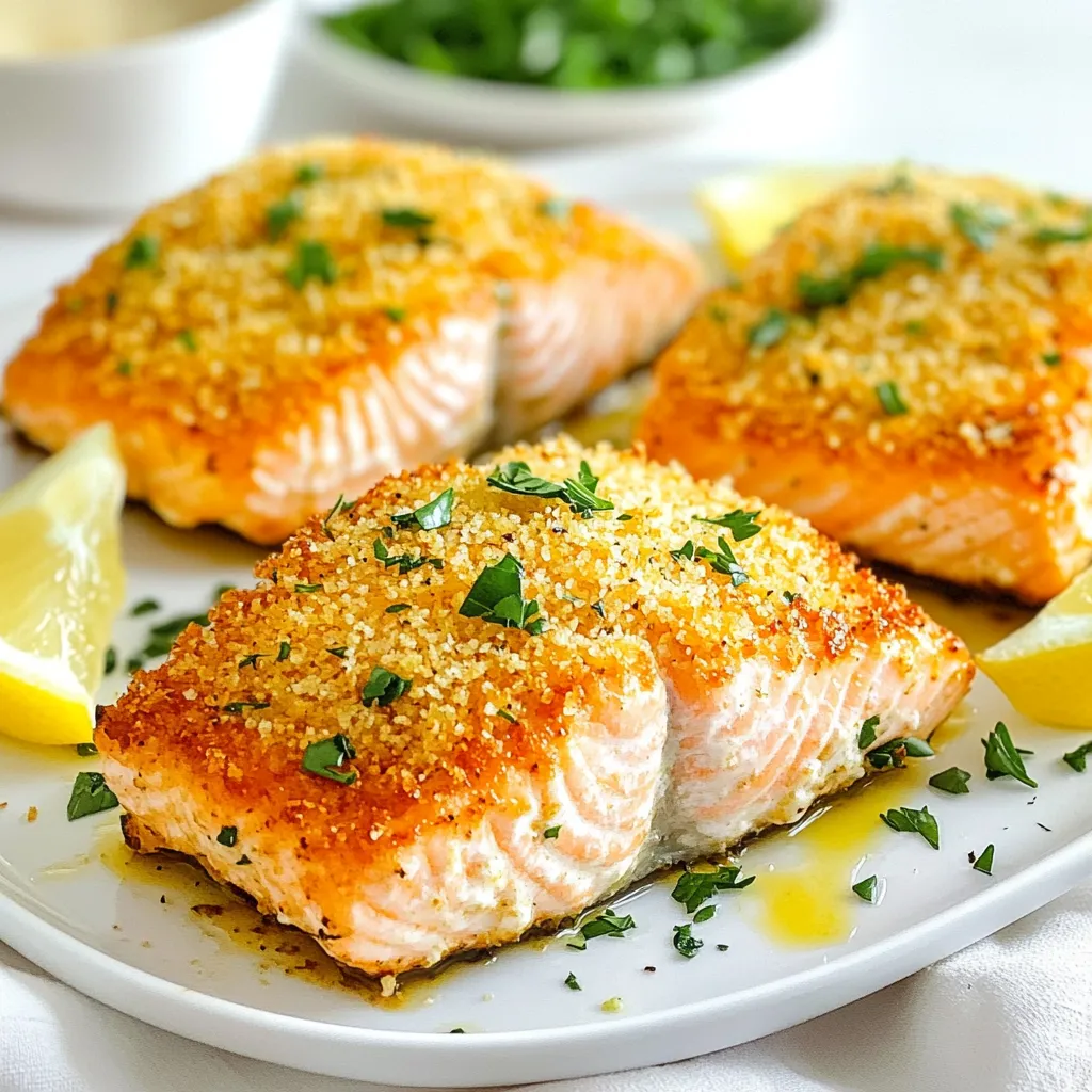 - 4 salmon fillets (about 6 oz each) - 1/2 cup grated Parmesan cheese - 1/2 cup panko breadcrumbs - 2 tablespoons olive oil - 2 cloves garlic, minced - 1 tablespoon fresh parsley, chopped - 1 teaspoon lemon zest - Salt and pepper to taste To make Air Fryer Parmesan Crusted Salmon, you need fresh and simple ingredients. Make sure you have all these handy before you start cooking. If you don’t have Parmesan cheese, you can use another hard cheese like Pecorino Romano. For panko breadcrumbs, regular breadcrumbs will work too, but panko gives a better crunch. You can swap olive oil with melted butter if you want a richer flavor. Fresh parsley can be replaced with dried herbs like Italian seasoning. When buying salmon, look for bright, clear eyes and shiny skin. The flesh should feel firm and spring back when pressed. Avoid fish that smells too strong; fresh salmon has a mild scent. If possible, buy wild-caught salmon for better flavor and health benefits. Always check the sell-by date to ensure freshness. By following these tips, you can ensure your Air Fryer Parmesan Crusted Salmon is both tasty and healthy! {{ingredient_image_1}} Start by preheating your air fryer to 400°F (200°C). This usually takes about 5 minutes. Preheating makes sure the salmon cooks evenly. It also helps the crust get nice and crispy. In a mixing bowl, combine the following ingredients: - 1/2 cup grated Parmesan cheese - 1/2 cup panko breadcrumbs - 2 tablespoons olive oil - 2 cloves garlic, minced - 1 tablespoon fresh parsley, chopped - 1 teaspoon lemon zest - Salt and pepper to taste Mix these until they are well combined. The blend should feel crumbly yet stick together. This mixture gives the salmon a tasty crust. First, pat your salmon fillets dry with paper towels. Season both sides with salt and pepper. This enhances the flavor. Place the fillets skin-side down on a plate. Take the crust mixture and spread it evenly over each fillet. Press down gently so it sticks well. Now, place the salmon fillets in the air fryer basket. Make sure to lay them in a single layer and don’t overcrowd them. Cook for 8-10 minutes. The cooking time may vary based on the thickness of the fillets. You want the top to turn golden and the salmon to flake easily with a fork. Once cooked, remove the salmon and let it rest for a couple of minutes. This helps the juices settle. Enjoy your meal! To make the best Parmesan crust, use fresh ingredients. Grate the cheese yourself for better flavor. Mix the Parmesan with panko breadcrumbs for a nice crunch. Add olive oil to bind the mix. Press the crust on the salmon to help it stick. This step makes a big difference. Set your air fryer to 400°F (200°C). This high heat cooks the salmon quickly. It also gives the crust a golden color. Cook the salmon for 8-10 minutes. Check for doneness by using a fork. The salmon should flake easily when done. Do not overcrowd the air fryer basket. This can lead to uneven cooking. Make sure to dry the salmon well before seasoning. If it's wet, the crust may not stick. Also, remember to season both sides of the salmon. This adds great flavor throughout. Pro Tips Choose Fresh Salmon: Look for bright, moist fillets with a clean smell. Fresh salmon will yield the best flavor and texture. Customize the Crust: Feel free to add herbs like dill or basil to the breadcrumb mixture for an extra layer of flavor. Monitor Cooking Time: Salmon fillets can vary in thickness; check for doneness a minute or two early to prevent overcooking. Let it Rest: Allow the salmon to rest for a few minutes after cooking for juicier fillets, as this helps retain moisture. {{image_2}} You can boost flavor by adding herbs and spices. Try mixing in dried oregano or basil. Fresh dill also pairs well with salmon. A pinch of red pepper flakes adds heat. You can even try a dash of smoked paprika for depth. Feel free to experiment with your favorites. Adjust the amount to match your taste. While Parmesan cheese shines in this recipe, you can switch it up. Try using Romano cheese for a sharper bite. Feta cheese offers a tangy twist. Mozzarella provides a creamy texture. You can mix different cheeses for a unique crust. Just remember to keep the quantities the same. Serve your salmon with fresh sides for a balanced meal. Roasted vegetables add color and nutrition. A simple salad with greens and vinaigrette complements the dish well. You can also serve it with rice or quinoa for a hearty option. For a refreshing touch, add lemon wedges on the side. These pairings elevate the meal and make it more satisfying. Store any leftover salmon in an airtight container. This keeps the fish fresh for up to three days. Make sure it cools to room temperature first. Always place it in the fridge right after eating. This helps prevent bacteria growth. When ready to eat, check for any off smells. If it smells bad, toss it out. You can freeze cooked salmon if you want to save it for later. Wrap each piece tightly in plastic wrap. Then place the wrapped salmon in a freezer bag. Remove as much air as possible. This helps keep the salmon from getting freezer burn. It can last up to three months in the freezer. When you’re ready to eat it, thaw it in the fridge overnight. To reheat salmon, the air fryer is your best friend. Preheat it to 350°F (175°C). Place the salmon in the basket, skin-side down. Heat for about 5-7 minutes. Check that it is warm all the way through. You can also use the microwave. Place it on a microwave-safe plate and cover it with a damp paper towel. Heat for 30-second intervals until warm. Avoid overheating, as this can make the fish dry. Enjoy your meal! Cook salmon fillets in the air fryer for 8 to 10 minutes. The time depends on how thick your fillets are. The salmon should be golden on top and flake easily when done. If you have thicker pieces, you might need a minute or two more. Yes, you can use frozen salmon! Just be sure to thaw it first. You can place it in the fridge overnight or use cold water for a quicker thaw. Once thawed, pat it dry and follow the recipe steps as usual. Parmesan crusted salmon pairs well with many sides. Here are my favorites: - Steamed vegetables like broccoli or green beans - A fresh garden salad with lemon dressing - Garlic mashed potatoes or rice for a hearty touch - Quinoa or couscous for a lighter option These sides balance the rich flavors of the salmon and add color to your plate. Enjoy experimenting with your favorites! This post covered key details about making delicious Parmesan-crusted salmon in an air fryer. We explored the right ingredients, clever substitutions, and tips for choosing fresh salmon. You learned how to preheat the air fryer and prepare the crust mixture. I shared settings for perfect cooking and mistakes to avoid. Finally, we discussed storage and reheating. With these tips, you can enjoy a tasty meal every time. Happy cooking!