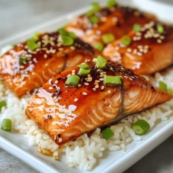 To make Maple Soy Glazed Salmon, you need a few key ingredients. Here’s what you’ll need: - 4 salmon fillets (6 oz each) - 1/4 cup soy sauce - 1/4 cup pure maple syrup - 2 tablespoons rice vinegar - 1 tablespoon fresh ginger, grated - 2 cloves garlic, minced - 1 tablespoon sesame oil - 1 teaspoon red pepper flakes (adjust for spice preference) - 2 green onions, chopped (for garnish) - Sesame seeds (for garnish) Each ingredient plays an important role in the flavor of the dish. The salmon is rich in omega-3 fatty acids, making it both tasty and healthy. Soy sauce adds a savory depth. Maple syrup brings sweetness that balances the saltiness of the soy sauce. Rice vinegar gives a hint of tang. Fresh ginger and garlic boost the flavor, while sesame oil adds a nutty aroma. Red pepper flakes give it a nice kick, but you can adjust that to your taste. Finally, the green onions and sesame seeds make a beautiful garnish. Enjoy gathering these fresh ingredients for a delightful meal! {{ingredient_image_1}} Start by making the marinade. In a small bowl, mix together: - 1/4 cup soy sauce - 1/4 cup pure maple syrup - 2 tablespoons rice vinegar - 1 tablespoon fresh ginger, grated - 2 cloves garlic, minced - 1 tablespoon sesame oil - 1 teaspoon red pepper flakes Whisk these ingredients together until they blend well. This mixture gives the salmon a sweet and savory taste. Once mixed, set it aside for a moment. Next, take your salmon fillets. Place them in a shallow dish or a resealable bag. Pour the marinade over the salmon. Make sure each fillet gets a good coat. Seal the bag or cover the dish. Let it chill in the fridge for at least 30 minutes. You can marinate it up to 2 hours for a stronger flavor. After marinating, preheat your grill or skillet to medium-high heat. If you’re grilling, oil the grates lightly to keep the salmon from sticking. Remove the salmon from the marinade, shaking off any extra. Reserve the marinade for later. Place the fillets skin-side down on the grill or in the skillet. Cook for about 4-5 minutes. Then, flip the salmon carefully and cook for 3-4 more minutes. Remember to baste with the reserved marinade while it cooks. When the salmon reaches an internal temperature of 145°F (63°C), it’s ready. Take it off the heat and let it rest for a few minutes. For serving, place the salmon on a bed of steamed jasmine rice. You can also pair it with sautéed vegetables. Drizzle extra glaze over the dish. Garnish with chopped green onions and sesame seeds for a colorful finish. Enjoy your flavorful meal! To get the best flavor, use high-quality maple syrup and soy sauce. This gives your salmon a rich taste. Marinate the salmon for at least 30 minutes. For more flavor, marinate for up to 2 hours. The ginger and garlic bring a fresh zing that balances the sweetness of the glaze. Adjust the red pepper flakes to match your spice level. For cooking, I often use a grill or skillet. Preheat your grill or skillet over medium-high heat. Make sure to oil the grill grates to prevent sticking. Cook the salmon skin-side down first. This helps keep it moist and flaky. Flip the fillets gently after 4 to 5 minutes. Baste with the reserved marinade while cooking. The salmon is done when it reaches 145°F. To make your dish look great, serve the salmon on steamed jasmine rice. You can also add sautéed veggies for color. Drizzle some extra glaze over the salmon. Garnish with chopped green onions and sesame seeds for a fresh look. This adds texture and a pop of color. A beautiful plate makes the meal even more enjoyable! Pro Tips Marinate Longer for More Flavor: For a deeper flavor, marinate the salmon for up to 2 hours; this allows the soy sauce and maple syrup to penetrate the fish more effectively. Monitor Cooking Time: Cook the salmon until it reaches an internal temperature of 145°F (63°C) for perfect doneness. Adjust cooking time based on thickness for best results. Use Fresh Ingredients: Fresh ginger and garlic will elevate the flavor profile significantly compared to dried versions, ensuring a vibrant and aromatic dish. Experiment with Garnishes: Enhance your dish by adding colorful garnishes like fresh herbs, additional sesame seeds, or citrus slices to make the presentation pop. {{image_2}} You can swap salmon with other proteins like chicken or tofu. Both marinate well. Chicken thighs absorb flavors nicely, giving a juicy bite. Tofu takes on the marinade, making it tasty and rich. Make sure to adjust cooking times. Chicken needs longer, while tofu cooks quickly. Add a splash of orange juice for a citrus twist. This brightens the glaze and adds freshness. You can also include herbs like cilantro or mint. They add a fresh note and make the dish pop. For extra heat, use more red pepper flakes or add sriracha. Serve the glazed salmon with jasmine rice or quinoa. These grains soak up the flavors well. For veggies, try steamed broccoli or roasted asparagus. Both add color and crunch. A simple salad with cucumbers and carrots also pairs nicely, adding freshness to your plate. To store leftovers, let the salmon cool first. Place it in an airtight container. You can keep it in the fridge for up to 3 days. Make sure the container is sealed well to keep the salmon fresh. When you are ready to eat, preheat your oven to 350°F (175°C). Place the salmon on a baking sheet. Cover it with aluminum foil to keep it moist. Heat for about 10-15 minutes until warmed through. You can also use the microwave, but it may dry out the fish. If using a microwave, heat in short bursts of 30 seconds. If you want to freeze the salmon, wrap each piece in plastic wrap. Then, place them in a freezer bag. Make sure to remove as much air as possible. You can freeze the salmon for up to 2 months. When ready to eat, thaw it in the fridge overnight before reheating. Yes, you can use frozen salmon. Just thaw it first. Place it in the fridge overnight. If you need it fast, run cold water over it. Make sure it is fully thawed before marinating. This ensures even cooking and better flavor. Some great side dishes include: - Steamed jasmine rice - Sautéed green beans - Roasted broccoli - Stir-fried vegetables - Quinoa salad These sides pair well with the sweet and savory glaze. You can marinate the salmon for at least 30 minutes. For deeper flavor, marinate it up to 2 hours. Avoid over-marinating, as it can break down the fish. Keep it in the fridge while marinating. Yes, you can bake the salmon in the oven. Preheat your oven to 375°F. Place the salmon on a lined baking sheet. Bake for about 12-15 minutes. Baste with the reserved marinade halfway through for extra flavor. The internal temperature for cooked salmon should reach 145°F or 63°C. Use a food thermometer to check. Once it reaches this temperature, it's safe to eat. The fish should be flaky and opaque. This post covered how to make a tasty salmon dish with simple ingredients. You learned how to prepare the marinade and cook the salmon to get great flavor. I shared tips for cooking, serving, and storing leftovers. You can even try different proteins or add new flavors. Cooking doesn't have to be hard. Enjoy making this dish and impress your friends!