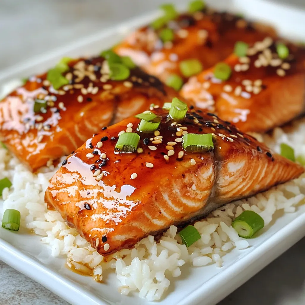 To make Maple Soy Glazed Salmon, you need a few key ingredients. Here’s what you’ll need: - 4 salmon fillets (6 oz each) - 1/4 cup soy sauce - 1/4 cup pure maple syrup - 2 tablespoons rice vinegar - 1 tablespoon fresh ginger, grated - 2 cloves garlic, minced - 1 tablespoon sesame oil - 1 teaspoon red pepper flakes (adjust for spice preference) - 2 green onions, chopped (for garnish) - Sesame seeds (for garnish) Each ingredient plays an important role in the flavor of the dish. The salmon is rich in omega-3 fatty acids, making it both tasty and healthy. Soy sauce adds a savory depth. Maple syrup brings sweetness that balances the saltiness of the soy sauce. Rice vinegar gives a hint of tang. Fresh ginger and garlic boost the flavor, while sesame oil adds a nutty aroma. Red pepper flakes give it a nice kick, but you can adjust that to your taste. Finally, the green onions and sesame seeds make a beautiful garnish. Enjoy gathering these fresh ingredients for a delightful meal! {{ingredient_image_1}} Start by making the marinade. In a small bowl, mix together: - 1/4 cup soy sauce - 1/4 cup pure maple syrup - 2 tablespoons rice vinegar - 1 tablespoon fresh ginger, grated - 2 cloves garlic, minced - 1 tablespoon sesame oil - 1 teaspoon red pepper flakes Whisk these ingredients together until they blend well. This mixture gives the salmon a sweet and savory taste. Once mixed, set it aside for a moment. Next, take your salmon fillets. Place them in a shallow dish or a resealable bag. Pour the marinade over the salmon. Make sure each fillet gets a good coat. Seal the bag or cover the dish. Let it chill in the fridge for at least 30 minutes. You can marinate it up to 2 hours for a stronger flavor. After marinating, preheat your grill or skillet to medium-high heat. If you’re grilling, oil the grates lightly to keep the salmon from sticking. Remove the salmon from the marinade, shaking off any extra. Reserve the marinade for later. Place the fillets skin-side down on the grill or in the skillet. Cook for about 4-5 minutes. Then, flip the salmon carefully and cook for 3-4 more minutes. Remember to baste with the reserved marinade while it cooks. When the salmon reaches an internal temperature of 145°F (63°C), it’s ready. Take it off the heat and let it rest for a few minutes. For serving, place the salmon on a bed of steamed jasmine rice. You can also pair it with sautéed vegetables. Drizzle extra glaze over the dish. Garnish with chopped green onions and sesame seeds for a colorful finish. Enjoy your flavorful meal! To get the best flavor, use high-quality maple syrup and soy sauce. This gives your salmon a rich taste. Marinate the salmon for at least 30 minutes. For more flavor, marinate for up to 2 hours. The ginger and garlic bring a fresh zing that balances the sweetness of the glaze. Adjust the red pepper flakes to match your spice level. For cooking, I often use a grill or skillet. Preheat your grill or skillet over medium-high heat. Make sure to oil the grill grates to prevent sticking. Cook the salmon skin-side down first. This helps keep it moist and flaky. Flip the fillets gently after 4 to 5 minutes. Baste with the reserved marinade while cooking. The salmon is done when it reaches 145°F. To make your dish look great, serve the salmon on steamed jasmine rice. You can also add sautéed veggies for color. Drizzle some extra glaze over the salmon. Garnish with chopped green onions and sesame seeds for a fresh look. This adds texture and a pop of color. A beautiful plate makes the meal even more enjoyable! Pro Tips Marinate Longer for More Flavor: For a deeper flavor, marinate the salmon for up to 2 hours; this allows the soy sauce and maple syrup to penetrate the fish more effectively. Monitor Cooking Time: Cook the salmon until it reaches an internal temperature of 145°F (63°C) for perfect doneness. Adjust cooking time based on thickness for best results. Use Fresh Ingredients: Fresh ginger and garlic will elevate the flavor profile significantly compared to dried versions, ensuring a vibrant and aromatic dish. Experiment with Garnishes: Enhance your dish by adding colorful garnishes like fresh herbs, additional sesame seeds, or citrus slices to make the presentation pop. {{image_2}} You can swap salmon with other proteins like chicken or tofu. Both marinate well. Chicken thighs absorb flavors nicely, giving a juicy bite. Tofu takes on the marinade, making it tasty and rich. Make sure to adjust cooking times. Chicken needs longer, while tofu cooks quickly. Add a splash of orange juice for a citrus twist. This brightens the glaze and adds freshness. You can also include herbs like cilantro or mint. They add a fresh note and make the dish pop. For extra heat, use more red pepper flakes or add sriracha. Serve the glazed salmon with jasmine rice or quinoa. These grains soak up the flavors well. For veggies, try steamed broccoli or roasted asparagus. Both add color and crunch. A simple salad with cucumbers and carrots also pairs nicely, adding freshness to your plate. To store leftovers, let the salmon cool first. Place it in an airtight container. You can keep it in the fridge for up to 3 days. Make sure the container is sealed well to keep the salmon fresh. When you are ready to eat, preheat your oven to 350°F (175°C). Place the salmon on a baking sheet. Cover it with aluminum foil to keep it moist. Heat for about 10-15 minutes until warmed through. You can also use the microwave, but it may dry out the fish. If using a microwave, heat in short bursts of 30 seconds. If you want to freeze the salmon, wrap each piece in plastic wrap. Then, place them in a freezer bag. Make sure to remove as much air as possible. You can freeze the salmon for up to 2 months. When ready to eat, thaw it in the fridge overnight before reheating. Yes, you can use frozen salmon. Just thaw it first. Place it in the fridge overnight. If you need it fast, run cold water over it. Make sure it is fully thawed before marinating. This ensures even cooking and better flavor. Some great side dishes include: - Steamed jasmine rice - Sautéed green beans - Roasted broccoli - Stir-fried vegetables - Quinoa salad These sides pair well with the sweet and savory glaze. You can marinate the salmon for at least 30 minutes. For deeper flavor, marinate it up to 2 hours. Avoid over-marinating, as it can break down the fish. Keep it in the fridge while marinating. Yes, you can bake the salmon in the oven. Preheat your oven to 375°F. Place the salmon on a lined baking sheet. Bake for about 12-15 minutes. Baste with the reserved marinade halfway through for extra flavor. The internal temperature for cooked salmon should reach 145°F or 63°C. Use a food thermometer to check. Once it reaches this temperature, it's safe to eat. The fish should be flaky and opaque. This post covered how to make a tasty salmon dish with simple ingredients. You learned how to prepare the marinade and cook the salmon to get great flavor. I shared tips for cooking, serving, and storing leftovers. You can even try different proteins or add new flavors. Cooking doesn't have to be hard. Enjoy making this dish and impress your friends!