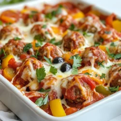 To make this meatball casserole, gather these key items: - 1 lb ground beef - 1/2 lb ground turkey - 1 cup breadcrumbs - 1/2 cup grated Parmesan cheese - 1 large egg - 2 cloves garlic, minced - 1 teaspoon dried oregano - 1 teaspoon dried basil - Salt and pepper to taste - 2 cups marinara sauce - 1 cup shredded mozzarella cheese - 1 cup chopped bell peppers (red, green, and yellow) - 1/2 cup sliced black olives - Fresh parsley for garnish These ingredients blend together to create a flavorful and hearty dish. The ground beef and turkey provide richness, while the cheeses add creaminess. The marinara sauce brings acidity and depth. You can add more ingredients to boost the taste. Consider these options: - 1/2 teaspoon red pepper flakes for heat - 1/4 cup chopped onions for sweetness - Fresh basil leaves for freshness - Zucchini or mushrooms for added veggies These optional ingredients make the dish unique and tailored to your taste. Feel free to mix in what you love! Each serving of this meatball casserole offers a good mix of nutrients. Here's a quick breakdown: - Calories: Approximately 350 - Protein: 25g - Carbohydrates: 30g - Fat: 15g - Fiber: 2g This casserole is not only filling, but it also provides a well-rounded meal. The protein comes from the meats and cheese, while the veggies add fiber. Enjoy this tasty dish knowing it nourishes your body! {{ingredient_image_1}} To start, gather your ingredients. In a large bowl, mix these items: - 1 lb ground beef - 1/2 lb ground turkey - 1 cup breadcrumbs - 1/2 cup grated Parmesan cheese - 1 large egg - 2 cloves garlic, minced - 1 teaspoon dried oregano - 1 teaspoon dried basil - Salt and pepper to taste Mix all these ingredients until they are just combined. This step is key. You want the flavors to meld but not overwork the meat. Next, roll the mixture into small meatballs, about 1 inch wide. Place them on a baking sheet lined with parchment paper. Now, it's time to bake! Preheat your oven to 375°F (190°C). Once hot, put your meatballs in the oven. Bake them for about 20 minutes. They should be browned and cooked through. This baking time ensures they stay juicy inside. While the meatballs bake, chop your bell peppers and olives. Heat a skillet over medium heat. Add the chopped bell peppers and black olives. Sauté them for about 5 minutes, until they soften. In a large casserole dish, spread a thin layer of marinara sauce on the bottom. Then, layer the baked meatballs over the sauce. Next, add the sautéed peppers and olives on top. Pour the remaining marinara sauce over everything. Now for the best part: sprinkle shredded mozzarella cheese on top. Cover the dish with foil and bake for another 25 minutes. After that, remove the foil and bake for 10-15 more minutes. This lets the cheese get bubbly and golden. When it’s done, let it cool for a few minutes. Garnish with fresh parsley before serving. Enjoy your tasty comfort food! To keep your meatballs moist, use a mix of meats. I like to use 1 lb of ground beef and 1/2 lb of ground turkey. This blend gives flavor and juiciness. Adding grated Parmesan cheese also helps with moisture. Make sure to mix your ingredients gently. Overmixing can make them tough. A large egg adds binding and moisture too. Bake them until they are just cooked for the best texture. For cheese that melts nicely, use shredded mozzarella. Spread it evenly over the casserole. Cover the dish with foil while baking to trap heat. This helps the cheese melt without burning. Remove the foil in the last 10-15 minutes. This allows the cheese to bubble and get golden. The goal is a nice, gooey layer on top. Herbs and spices can elevate your casserole. I recommend using dried oregano and basil for classic Italian flavor. These add warmth and depth. Don’t forget salt and pepper to taste; they balance the dish. Fresh parsley as a garnish adds a pop of color and fresh flavor. You can also experiment with other herbs like thyme or rosemary for new tastes. Pro Tips Use Fresh Herbs: Fresh herbs like basil and parsley can elevate the flavor of your casserole. Add them just before serving for the best taste. Experiment with Meat: Feel free to mix and match different types of ground meat for added flavor, such as pork or chicken, to suit your taste. Make Ahead: You can prepare the meatballs and sautéed vegetables a day in advance. Just assemble the casserole and bake when you’re ready to eat. Customize Vegetables: Add other vegetables like zucchini or spinach to sneak in more nutrients and flavor. Just sauté them along with the bell peppers. {{image_2}} You can switch up the proteins in your meatball casserole. Ground turkey works well if you want a lighter dish. Ground chicken is another good option for a milder flavor. If you prefer a vegetarian meal, try using lentils or chickpeas. Just mash them well and mix with your seasonings. This way, you can still enjoy a tasty casserole while keeping your diet in check. Cheese adds creaminess and flavor to your casserole. You can use mozzarella, but other cheeses work too. Try cheddar for a sharper taste or gouda for a smoky flavor. If you want a dairy-free option, look for plant-based cheeses. Nutritional yeast can also give a cheesy flavor without the dairy. Mix and match to find your favorite combination. Vegetables can enhance the taste of your casserole. While bell peppers and olives are great, feel free to add others. Zucchini or spinach can add color and nutrients. If you like a bit of heat, try adding jalapeños. Roasting your veggies first can bring out their sweetness. Experimenting with different vegetables can make each casserole unique and exciting. To keep your meatball casserole fresh, let it cool first. Then, place it in an airtight container. You can store it in the fridge for up to three days. Make sure to cover it well to prevent drying out. If you want to save it longer, consider freezing. When you are ready to eat leftovers, reheat them in the oven. Preheat your oven to 350°F (175°C). Place the casserole in a baking dish and cover it with foil. Heat it for about 20 minutes or until it’s warm all the way through. You can also use a microwave, but the oven gives better results. To freeze meatball casserole, first, let it cool completely. Place it in a freezer-safe container or wrap it tightly in plastic wrap and foil. Label it with the date. It can last in the freezer for up to three months. When you want to eat it, thaw it overnight in the fridge before reheating. You can use oats or cooked rice instead of breadcrumbs. Both give meatballs a nice texture. You can also use mashed potatoes for a different flavor. Just make sure to adjust the moisture level. If you use oats, soak them in milk first. This helps them blend better. Yes, using store-bought meatballs is easy and saves time. Look for high-quality meatballs with good flavor. You can follow the same steps in the recipe. Just skip making the meatballs from scratch. Bake them as directed, then mix with the sauce and veggies. You can pair meatball casserole with simple sides like salad or garlic bread. A fresh green salad adds crunch and brightness. Garlic bread soaks up the sauce well and adds flavor. You can also serve it with steamed veggies. This gives a nice balance to the meal. This blog post covered everything you need for a delicious meatball casserole. We explored key ingredients, step-by-step prep, and tips for the best taste. Remember to try different proteins and cheese to make it your own. Store leftovers properly and reheat for great meals later. With these ideas, you can create a tasty dish your family will love! Enjoy making your own special version and happy cooking!