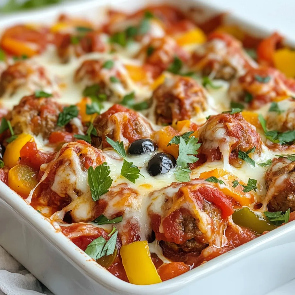 To make this meatball casserole, gather these key items: - 1 lb ground beef - 1/2 lb ground turkey - 1 cup breadcrumbs - 1/2 cup grated Parmesan cheese - 1 large egg - 2 cloves garlic, minced - 1 teaspoon dried oregano - 1 teaspoon dried basil - Salt and pepper to taste - 2 cups marinara sauce - 1 cup shredded mozzarella cheese - 1 cup chopped bell peppers (red, green, and yellow) - 1/2 cup sliced black olives - Fresh parsley for garnish These ingredients blend together to create a flavorful and hearty dish. The ground beef and turkey provide richness, while the cheeses add creaminess. The marinara sauce brings acidity and depth. You can add more ingredients to boost the taste. Consider these options: - 1/2 teaspoon red pepper flakes for heat - 1/4 cup chopped onions for sweetness - Fresh basil leaves for freshness - Zucchini or mushrooms for added veggies These optional ingredients make the dish unique and tailored to your taste. Feel free to mix in what you love! Each serving of this meatball casserole offers a good mix of nutrients. Here's a quick breakdown: - Calories: Approximately 350 - Protein: 25g - Carbohydrates: 30g - Fat: 15g - Fiber: 2g This casserole is not only filling, but it also provides a well-rounded meal. The protein comes from the meats and cheese, while the veggies add fiber. Enjoy this tasty dish knowing it nourishes your body! {{ingredient_image_1}} To start, gather your ingredients. In a large bowl, mix these items: - 1 lb ground beef - 1/2 lb ground turkey - 1 cup breadcrumbs - 1/2 cup grated Parmesan cheese - 1 large egg - 2 cloves garlic, minced - 1 teaspoon dried oregano - 1 teaspoon dried basil - Salt and pepper to taste Mix all these ingredients until they are just combined. This step is key. You want the flavors to meld but not overwork the meat. Next, roll the mixture into small meatballs, about 1 inch wide. Place them on a baking sheet lined with parchment paper. Now, it's time to bake! Preheat your oven to 375°F (190°C). Once hot, put your meatballs in the oven. Bake them for about 20 minutes. They should be browned and cooked through. This baking time ensures they stay juicy inside. While the meatballs bake, chop your bell peppers and olives. Heat a skillet over medium heat. Add the chopped bell peppers and black olives. Sauté them for about 5 minutes, until they soften. In a large casserole dish, spread a thin layer of marinara sauce on the bottom. Then, layer the baked meatballs over the sauce. Next, add the sautéed peppers and olives on top. Pour the remaining marinara sauce over everything. Now for the best part: sprinkle shredded mozzarella cheese on top. Cover the dish with foil and bake for another 25 minutes. After that, remove the foil and bake for 10-15 more minutes. This lets the cheese get bubbly and golden. When it’s done, let it cool for a few minutes. Garnish with fresh parsley before serving. Enjoy your tasty comfort food! To keep your meatballs moist, use a mix of meats. I like to use 1 lb of ground beef and 1/2 lb of ground turkey. This blend gives flavor and juiciness. Adding grated Parmesan cheese also helps with moisture. Make sure to mix your ingredients gently. Overmixing can make them tough. A large egg adds binding and moisture too. Bake them until they are just cooked for the best texture. For cheese that melts nicely, use shredded mozzarella. Spread it evenly over the casserole. Cover the dish with foil while baking to trap heat. This helps the cheese melt without burning. Remove the foil in the last 10-15 minutes. This allows the cheese to bubble and get golden. The goal is a nice, gooey layer on top. Herbs and spices can elevate your casserole. I recommend using dried oregano and basil for classic Italian flavor. These add warmth and depth. Don’t forget salt and pepper to taste; they balance the dish. Fresh parsley as a garnish adds a pop of color and fresh flavor. You can also experiment with other herbs like thyme or rosemary for new tastes. Pro Tips Use Fresh Herbs: Fresh herbs like basil and parsley can elevate the flavor of your casserole. Add them just before serving for the best taste. Experiment with Meat: Feel free to mix and match different types of ground meat for added flavor, such as pork or chicken, to suit your taste. Make Ahead: You can prepare the meatballs and sautéed vegetables a day in advance. Just assemble the casserole and bake when you’re ready to eat. Customize Vegetables: Add other vegetables like zucchini or spinach to sneak in more nutrients and flavor. Just sauté them along with the bell peppers. {{image_2}} You can switch up the proteins in your meatball casserole. Ground turkey works well if you want a lighter dish. Ground chicken is another good option for a milder flavor. If you prefer a vegetarian meal, try using lentils or chickpeas. Just mash them well and mix with your seasonings. This way, you can still enjoy a tasty casserole while keeping your diet in check. Cheese adds creaminess and flavor to your casserole. You can use mozzarella, but other cheeses work too. Try cheddar for a sharper taste or gouda for a smoky flavor. If you want a dairy-free option, look for plant-based cheeses. Nutritional yeast can also give a cheesy flavor without the dairy. Mix and match to find your favorite combination. Vegetables can enhance the taste of your casserole. While bell peppers and olives are great, feel free to add others. Zucchini or spinach can add color and nutrients. If you like a bit of heat, try adding jalapeños. Roasting your veggies first can bring out their sweetness. Experimenting with different vegetables can make each casserole unique and exciting. To keep your meatball casserole fresh, let it cool first. Then, place it in an airtight container. You can store it in the fridge for up to three days. Make sure to cover it well to prevent drying out. If you want to save it longer, consider freezing. When you are ready to eat leftovers, reheat them in the oven. Preheat your oven to 350°F (175°C). Place the casserole in a baking dish and cover it with foil. Heat it for about 20 minutes or until it’s warm all the way through. You can also use a microwave, but the oven gives better results. To freeze meatball casserole, first, let it cool completely. Place it in a freezer-safe container or wrap it tightly in plastic wrap and foil. Label it with the date. It can last in the freezer for up to three months. When you want to eat it, thaw it overnight in the fridge before reheating. You can use oats or cooked rice instead of breadcrumbs. Both give meatballs a nice texture. You can also use mashed potatoes for a different flavor. Just make sure to adjust the moisture level. If you use oats, soak them in milk first. This helps them blend better. Yes, using store-bought meatballs is easy and saves time. Look for high-quality meatballs with good flavor. You can follow the same steps in the recipe. Just skip making the meatballs from scratch. Bake them as directed, then mix with the sauce and veggies. You can pair meatball casserole with simple sides like salad or garlic bread. A fresh green salad adds crunch and brightness. Garlic bread soaks up the sauce well and adds flavor. You can also serve it with steamed veggies. This gives a nice balance to the meal. This blog post covered everything you need for a delicious meatball casserole. We explored key ingredients, step-by-step prep, and tips for the best taste. Remember to try different proteins and cheese to make it your own. Store leftovers properly and reheat for great meals later. With these ideas, you can create a tasty dish your family will love! Enjoy making your own special version and happy cooking!