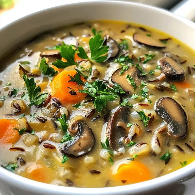 - 1 cup wild rice, rinsed - 1 tablespoon olive oil - 1 medium onion, chopped - 2 cloves garlic, minced - 2 carrots, diced - 2 celery stalks, diced - 8 ounces mixed mushrooms (cremini, shiitake, and oyster), sliced - 6 cups vegetable broth - 1 cup coconut milk - 1 teaspoon dried thyme - 1 teaspoon dried rosemary - Salt and pepper to taste - Fresh parsley, chopped, for garnish Fresh ingredients make a big difference. For the best soup, choose high-quality wild rice. The rice should have a deep color and a nutty smell. Fresh vegetables add flavor and crunch. Look for firm carrots and vibrant celery. Mushrooms should feel firm and look dry. Avoid any that are slimy or brown. The broth should be low-sodium for a balanced flavor. Lastly, use full-fat coconut milk for creaminess. If you need to change serving sizes, here are some quick conversions: - 1 cup = 8 ounces - 1 tablespoon = 3 teaspoons - 6 cups = 48 ounces Use these conversions to adjust the recipe as needed. For example, if you want to make 12 servings, double all ingredients. Enjoy your cooking! {{ingredient_image_1}} 1. Heat the oil: In a large pot, heat 1 tablespoon of olive oil over medium heat. 2. Sauté the onions: Add 1 medium chopped onion. Cook for 5 minutes until it softens. 3. Add garlic, carrots, and celery: Stir in 2 minced garlic cloves, 2 diced carrots, and 2 diced celery stalks. Cook for 3 to 4 minutes until fragrant. 4. Mix in mushrooms: Add 8 ounces of sliced mixed mushrooms. Cook for 5 to 7 minutes. The mushrooms should release their juices and become tender. 5. Incorporate wild rice and herbs: Stir in 1 cup of rinsed wild rice, 6 cups of vegetable broth, 1 teaspoon of dried thyme, and 1 teaspoon of dried rosemary. Bring the soup to a boil. 6. Simmer: Reduce the heat to low, cover the pot, and let it simmer for 40 to 45 minutes. The rice should be tender and burst open. 7. Add coconut milk: Once the rice is cooked, stir in 1 cup of coconut milk. Let the soup simmer for another 5 minutes. 8. Season and serve: Add salt and pepper to taste. Ladle the soup into bowls and garnish with fresh chopped parsley. - Prep ahead: Chop all your veggies before cooking. It saves time. - Watch the heat: Keep the heat at medium. This helps the veggies cook evenly. - Simmer gently: A gentle simmer helps flavors meld well. - Skipping the rinsing: Always rinse wild rice. This removes excess starch and helps it cook better. - Overcooking: Don't cook the rice too long. It can become mushy. - Neglecting seasoning: Taste before serving. Adjust salt and pepper as needed. To make your wild rice soup even better, try adding herbs. Fresh thyme and rosemary bring great depth. You can also use a splash of soy sauce for umami. For a hint of heat, add a pinch of red pepper flakes. These small tweaks can change your soup into a flavor bomb! If your soup is too thick, add more vegetable broth. Start by adding half a cup at a time. Stir well and check the texture. If it’s too thin, simmer it longer to thicken. You can also mash some of the rice against the pot's side for a creamier feel. Store any leftover soup in an airtight container. Let it cool first, then refrigerate for up to three days. For longer storage, freeze the soup in portions. Make sure to leave some space in the container, as liquid expands when frozen. When you want to enjoy it again, thaw overnight in the fridge and reheat on the stove. Pro Tips Use Fresh Mushrooms: Fresh mushrooms add a depth of flavor and a better texture compared to dried ones. Always opt for the freshest variety available at your local market. Soak the Wild Rice: Soaking wild rice for a few hours before cooking can help reduce the cooking time and improve its texture. This step can make your soup even more delicious! Adjust the Creaminess: If you prefer a creamier soup, feel free to add more coconut milk or even a splash of heavy cream at the end for richness. Garnish Wisely: Fresh herbs like parsley or chives not only add color but also a fresh flavor that brightens the soup. Don’t skip this step for an elevated presentation! {{image_2}} Wild rice soup is a great choice for vegetarians and vegans. You can easily make it by using vegetable broth instead of chicken broth. This soup's main ingredients, like wild rice and vegetables, are already plant-based. To make it even heartier, add more veggies or beans. Leafy greens like spinach or kale also work well in this soup. They add color and nutrients. You can choose a creamy or broth-based soup. For a creamy version, use coconut milk, like in this recipe. It gives a rich, velvety texture. If you prefer a lighter soup, skip the coconut milk. Instead, use more broth. You can even add a splash of lemon juice for brightness. This option keeps the soup fresh and light. Feel free to get creative with add-ins. You can add diced potatoes or sweet potatoes for extra heartiness. Other great choices include corn or green beans. If you want a protein boost, add cooked lentils or chickpeas. You can also swap the mushrooms for your favorites. Try using portobello or button mushrooms. Each option brings a new flavor to the soup. Always adjust the seasonings to match your taste. You can store leftover wild rice soup in the fridge. Use an airtight container for best results. It stays fresh for about 3 to 4 days. Before you serve it again, check for any signs of spoilage. If it smells off or looks strange, throw it away. Freezing this soup is a great way to save it for later. Allow the soup to cool completely before freezing. Pour it into freezer-safe bags or containers. Leave some space at the top, as the soup will expand. It can stay frozen for up to 3 months. When you are ready to eat, just thaw it in the fridge overnight. To reheat, pour the soup into a pot over low heat. Stir often to heat it evenly. If the soup looks thick, add a splash of vegetable broth or water. You can also reheat it in the microwave. Use a microwave-safe bowl and cover it loosely. Heat in short bursts, stirring in between, until hot. Always taste it before serving to see if it needs more salt or pepper. If you can't find wild rice, try using brown rice or quinoa. Both are great options. They cook well and add a nice texture to your soup. Keep in mind that brown rice takes longer to cook than wild rice, so adjust the cooking time. Quinoa cooks faster, so add it later in the cooking process. Yes, you can make this soup ahead of time. It tastes even better the next day! Just let it cool and store it in the fridge. When you're ready to eat, simply reheat it on the stove. If it thickens too much, add a little broth or water to loosen it up. Wild rice is packed with nutrients. It is high in fiber, which helps with digestion. It also contains protein, making it a great choice for a filling meal. Wild rice is rich in antioxidants, which can help fight inflammation and keep your body healthy. Plus, it has a unique, nutty flavor that adds depth to your dish. This blog covered key aspects of making a delicious dish using wild rice. We explored ingredients, cooking steps, and helpful tips to enhance your meals. I shared variations for different diets and easy storage advice. Remember to choose fresh ingredients for the best flavor. Avoid common mistakes and adjust elements to suit your taste. With these insights, you're ready to create tasty, healthy meals featuring wild rice. Enjoy your cooking adventure!